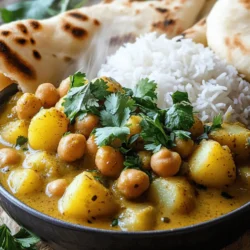 To make a tasty chickpea and potato curry, gather these ingredients: - 1 can (15 oz) chickpeas, drained and rinsed - 2 large potatoes, diced - 1 medium onion, finely chopped - 2 cloves garlic, minced - 1-inch piece of ginger, grated - 1 can (14 oz) coconut milk - 2 tablespoons curry powder - 1 teaspoon turmeric powder - 1 teaspoon cumin seeds - 1 teaspoon garam masala - 2 tablespoons vegetable oil - Salt to taste - Fresh cilantro, chopped (for garnish) - Optional: 1 cup spinach You can often find these pantry staples in your kitchen. They make cooking easy: - Curry powder adds warmth and depth. - Turmeric gives a lovely color and health benefits. - Cumin seeds bring a nutty flavor. - Garam masala is a blend of spices that enhances the dish. - Coconut milk adds creaminess and sweetness. These ingredients help create a rich and comforting curry. Choosing the right produce makes a big difference in taste. Here’s how: - Potatoes: Pick firm potatoes without sprouts or soft spots. - Onions: Look for dry, firm onions with shiny skin. - Garlic: Choose bulbs that are plump and free from green shoots. - Ginger: Select smooth, firm ginger roots without wrinkles. - Spinach: If using, choose fresh spinach with vibrant green leaves. Fresh ingredients lead to a more delicious curry. For the full recipe, check out the detailed instructions above. First, gather your ingredients. You will need chickpeas, potatoes, onions, garlic, ginger, coconut milk, and spices. Start by heating the vegetable oil in a large pot over medium heat. Once the oil is hot, add the cumin seeds. They should sizzle right away. This step adds a nice flavor to your curry. Next, add the chopped onion, minced garlic, and grated ginger to the pot. Sauté these ingredients until the onions become soft and clear. This usually takes about 3 to 5 minutes. The smell will fill your kitchen! After that, stir in the curry powder, turmeric, and garam masala. Cook them for one more minute. This helps to release the flavors of the spices. Now, it’s time to add the diced potatoes. Stir them well to coat with the spice mix. Cook the potatoes for about 5 minutes. They should start to soften. Next, pour in the drained chickpeas and the coconut milk. Mix everything well. Bring the whole mix to a boil. Then, reduce the heat to low and cover the pot. Let it simmer for 15 to 20 minutes or until the potatoes are tender. If you want to use spinach, add it in the last 5 minutes of cooking. Stir gently until the spinach wilts. Finally, taste the curry and add salt as needed. Remove it from heat and let it sit for a couple of minutes before serving. Sautéing is key in this recipe. It builds flavor right at the start. You want to cook the onions, garlic, and ginger until soft. This step makes the base for your curry rich and tasty. Simmering is another important technique. By cooking the chickpeas and potatoes slowly, you let the flavors mix well. It also makes the potatoes soft and creamy. One common mistake is not letting the spices cook long enough. Always cook your spices until they smell fragrant. This step is crucial for a full flavor. Another mistake is rushing the cooking time. Make sure to simmer until the potatoes are tender. If they are still hard, your curry won’t be as good. Lastly, be careful not to skip the salt. It enhances all the flavors in your curry. Taste before serving, and adjust as needed to make it delicious. For the full recipe, check out the ingredients list above. Enjoy your cooking! To make your chickpea and potato curry shine, focus on fresh ingredients. Use fresh ginger and garlic for the best taste. Toast your spices in oil before adding other ingredients. This step releases their full flavor. Consider adding a squeeze of lemon juice at the end. It brightens the dish and adds a refreshing zing. To save time, prep your ingredients ahead of cooking. Chop the onion, garlic, and ginger earlier in the day. You can also dice the potatoes and store them in water to prevent browning. Using canned chickpeas speeds up cooking. If you have leftover curry, it tastes even better the next day! A large pot works best for this dish. A wooden spoon helps stir without scratching the pot. Use a sharp knife for easy chopping. A cutting board is essential for safety. If you have a blender, you can smooth out leftovers for a creamy soup. These tools make cooking more enjoyable and efficient. For the full recipe, check out the Chickpea & Potato Curry Delight. {{image_2}} Chickpea and potato curry is already a great choice for vegetarians and vegans. The recipe uses plant-based ingredients. If you want to keep it vegan, just skip any dairy sides. Serve it with rice or naan for a full meal. You can also add more veggies. Try carrots, peas, or bell peppers for extra color and flavor. Do you like heat? You can adjust the spice level easily. For a mild curry, use less curry powder. If you want more heat, add chili powder or fresh chilies. You can also use green chilies for a bright flavor. Taste as you go. You can always add more spice but can’t take it out. This dish is super flexible. If you don’t have chickpeas, try lentils or black beans. They both work well. If you want a creamier texture, use cashew cream instead of coconut milk. For a different taste, swap the potatoes for sweet potatoes. Each change gives a unique twist to the dish. Check the full recipe for more ideas. Storing leftover chickpea and potato curry is easy. First, let it cool down to room temperature. Then, transfer it into an airtight container. Make sure to seal it well to keep the flavors fresh. You can store it in the fridge for up to three days. If you want to keep it longer, consider freezing it. To freeze your chickpea and potato curry, use a freezer-safe container. Leave some space at the top, as the curry will expand when frozen. Label the container with the date, so you know when to use it. It can last up to three months in the freezer. When you're ready to eat, just thaw it in the fridge overnight. Reheating chickpea and potato curry is simple. You can microwave it in a bowl for quick warmth. Stir every minute to heat it evenly. If you prefer the stove, pour the curry into a pot over low heat. Stir it often to avoid sticking. Add a splash of water or coconut milk if it seems too thick. Enjoy your meal as if it was just made! You can serve chickpea and potato curry with many sides. Here are some great options: - Steamed basmati rice - Warm naan bread - Quinoa for a healthier twist - Fresh salad with cucumbers and tomatoes - Raita, a yogurt-based side dish These sides balance the curry's rich flavors and add texture to your meal. Yes, you can make chickpea and potato curry ahead of time. It tastes even better the next day! Here’s how: - Cook the curry as per the full recipe. - Let it cool completely. - Store it in an airtight container in the fridge for up to three days. When you're ready to eat, just reheat it on the stove or in the microwave. To make more servings of chickpea and potato curry, you can simply double or triple the ingredients. Here’s what to consider: - Use two cans of chickpeas instead of one. - Add more potatoes as needed. - Adjust spices to taste; you may need to increase spices slightly to keep the flavor strong. This way, you can easily feed a larger group without losing the dish's great taste! In this article, we covered the key ingredients for chickpea and potato curry, including how to select fresh produce. We explored a step-by-step guide to prepare your dish, shared cooking techniques, and warned against common mistakes. You learned useful tips for enhancing flavor, saving time, and using essential tools. We also discussed variations to suit dietary needs and how to store leftovers properly. Chickpea and potato curry is tasty and easy to make. Enjoy experimenting with your own twists on this classic dish!