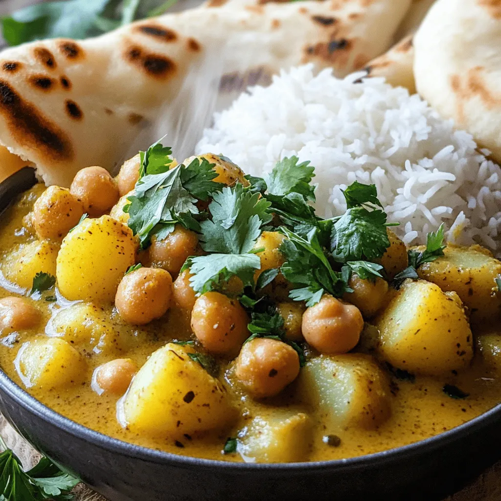 To make a tasty chickpea and potato curry, gather these ingredients: - 1 can (15 oz) chickpeas, drained and rinsed - 2 large potatoes, diced - 1 medium onion, finely chopped - 2 cloves garlic, minced - 1-inch piece of ginger, grated - 1 can (14 oz) coconut milk - 2 tablespoons curry powder - 1 teaspoon turmeric powder - 1 teaspoon cumin seeds - 1 teaspoon garam masala - 2 tablespoons vegetable oil - Salt to taste - Fresh cilantro, chopped (for garnish) - Optional: 1 cup spinach You can often find these pantry staples in your kitchen. They make cooking easy: - Curry powder adds warmth and depth. - Turmeric gives a lovely color and health benefits. - Cumin seeds bring a nutty flavor. - Garam masala is a blend of spices that enhances the dish. - Coconut milk adds creaminess and sweetness. These ingredients help create a rich and comforting curry. Choosing the right produce makes a big difference in taste. Here’s how: - Potatoes: Pick firm potatoes without sprouts or soft spots. - Onions: Look for dry, firm onions with shiny skin. - Garlic: Choose bulbs that are plump and free from green shoots. - Ginger: Select smooth, firm ginger roots without wrinkles. - Spinach: If using, choose fresh spinach with vibrant green leaves. Fresh ingredients lead to a more delicious curry. For the full recipe, check out the detailed instructions above. First, gather your ingredients. You will need chickpeas, potatoes, onions, garlic, ginger, coconut milk, and spices. Start by heating the vegetable oil in a large pot over medium heat. Once the oil is hot, add the cumin seeds. They should sizzle right away. This step adds a nice flavor to your curry. Next, add the chopped onion, minced garlic, and grated ginger to the pot. Sauté these ingredients until the onions become soft and clear. This usually takes about 3 to 5 minutes. The smell will fill your kitchen! After that, stir in the curry powder, turmeric, and garam masala. Cook them for one more minute. This helps to release the flavors of the spices. Now, it’s time to add the diced potatoes. Stir them well to coat with the spice mix. Cook the potatoes for about 5 minutes. They should start to soften. Next, pour in the drained chickpeas and the coconut milk. Mix everything well. Bring the whole mix to a boil. Then, reduce the heat to low and cover the pot. Let it simmer for 15 to 20 minutes or until the potatoes are tender. If you want to use spinach, add it in the last 5 minutes of cooking. Stir gently until the spinach wilts. Finally, taste the curry and add salt as needed. Remove it from heat and let it sit for a couple of minutes before serving. Sautéing is key in this recipe. It builds flavor right at the start. You want to cook the onions, garlic, and ginger until soft. This step makes the base for your curry rich and tasty. Simmering is another important technique. By cooking the chickpeas and potatoes slowly, you let the flavors mix well. It also makes the potatoes soft and creamy. One common mistake is not letting the spices cook long enough. Always cook your spices until they smell fragrant. This step is crucial for a full flavor. Another mistake is rushing the cooking time. Make sure to simmer until the potatoes are tender. If they are still hard, your curry won’t be as good. Lastly, be careful not to skip the salt. It enhances all the flavors in your curry. Taste before serving, and adjust as needed to make it delicious. For the full recipe, check out the ingredients list above. Enjoy your cooking! To make your chickpea and potato curry shine, focus on fresh ingredients. Use fresh ginger and garlic for the best taste. Toast your spices in oil before adding other ingredients. This step releases their full flavor. Consider adding a squeeze of lemon juice at the end. It brightens the dish and adds a refreshing zing. To save time, prep your ingredients ahead of cooking. Chop the onion, garlic, and ginger earlier in the day. You can also dice the potatoes and store them in water to prevent browning. Using canned chickpeas speeds up cooking. If you have leftover curry, it tastes even better the next day! A large pot works best for this dish. A wooden spoon helps stir without scratching the pot. Use a sharp knife for easy chopping. A cutting board is essential for safety. If you have a blender, you can smooth out leftovers for a creamy soup. These tools make cooking more enjoyable and efficient. For the full recipe, check out the Chickpea & Potato Curry Delight. {{image_2}} Chickpea and potato curry is already a great choice for vegetarians and vegans. The recipe uses plant-based ingredients. If you want to keep it vegan, just skip any dairy sides. Serve it with rice or naan for a full meal. You can also add more veggies. Try carrots, peas, or bell peppers for extra color and flavor. Do you like heat? You can adjust the spice level easily. For a mild curry, use less curry powder. If you want more heat, add chili powder or fresh chilies. You can also use green chilies for a bright flavor. Taste as you go. You can always add more spice but can’t take it out. This dish is super flexible. If you don’t have chickpeas, try lentils or black beans. They both work well. If you want a creamier texture, use cashew cream instead of coconut milk. For a different taste, swap the potatoes for sweet potatoes. Each change gives a unique twist to the dish. Check the full recipe for more ideas. Storing leftover chickpea and potato curry is easy. First, let it cool down to room temperature. Then, transfer it into an airtight container. Make sure to seal it well to keep the flavors fresh. You can store it in the fridge for up to three days. If you want to keep it longer, consider freezing it. To freeze your chickpea and potato curry, use a freezer-safe container. Leave some space at the top, as the curry will expand when frozen. Label the container with the date, so you know when to use it. It can last up to three months in the freezer. When you're ready to eat, just thaw it in the fridge overnight. Reheating chickpea and potato curry is simple. You can microwave it in a bowl for quick warmth. Stir every minute to heat it evenly. If you prefer the stove, pour the curry into a pot over low heat. Stir it often to avoid sticking. Add a splash of water or coconut milk if it seems too thick. Enjoy your meal as if it was just made! You can serve chickpea and potato curry with many sides. Here are some great options: - Steamed basmati rice - Warm naan bread - Quinoa for a healthier twist - Fresh salad with cucumbers and tomatoes - Raita, a yogurt-based side dish These sides balance the curry's rich flavors and add texture to your meal. Yes, you can make chickpea and potato curry ahead of time. It tastes even better the next day! Here’s how: - Cook the curry as per the full recipe. - Let it cool completely. - Store it in an airtight container in the fridge for up to three days. When you're ready to eat, just reheat it on the stove or in the microwave. To make more servings of chickpea and potato curry, you can simply double or triple the ingredients. Here’s what to consider: - Use two cans of chickpeas instead of one. - Add more potatoes as needed. - Adjust spices to taste; you may need to increase spices slightly to keep the flavor strong. This way, you can easily feed a larger group without losing the dish's great taste! In this article, we covered the key ingredients for chickpea and potato curry, including how to select fresh produce. We explored a step-by-step guide to prepare your dish, shared cooking techniques, and warned against common mistakes. You learned useful tips for enhancing flavor, saving time, and using essential tools. We also discussed variations to suit dietary needs and how to store leftovers properly. Chickpea and potato curry is tasty and easy to make. Enjoy experimenting with your own twists on this classic dish!