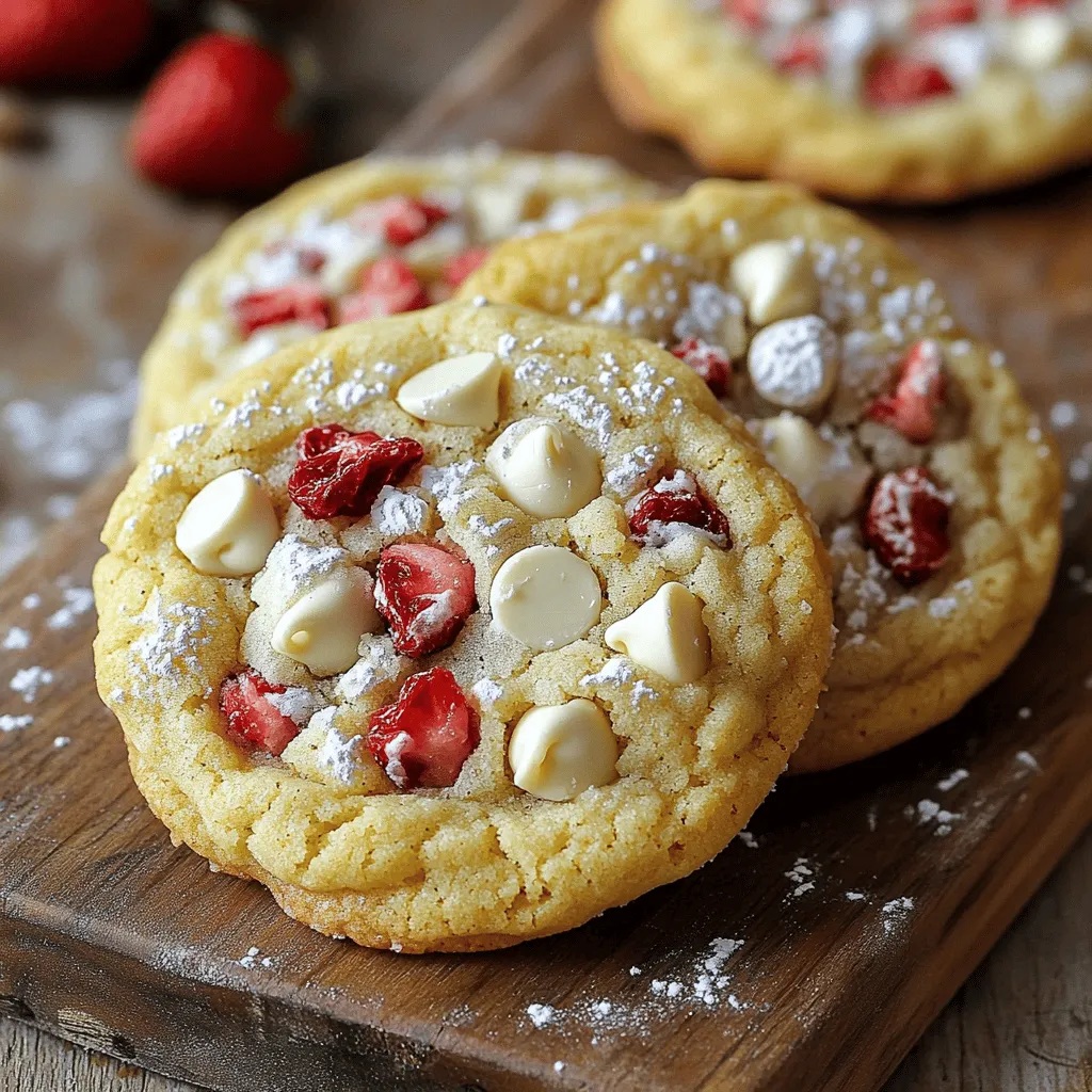 To make these delicious cookies, gather these key ingredients: - 1 cup unsalted butter, softened - 1 cup brown sugar, packed - 1/2 cup granulated sugar - 2 large eggs - 1 teaspoon vanilla extract - 2 1/4 cups all-purpose flour - 1 teaspoon baking soda - 1/2 teaspoon salt - 1 cup white chocolate chips - 1 cup freeze-dried strawberries, crushed - 1/2 cup chopped fresh strawberries These ingredients create a soft, chewy cookie with a sweet and fruity taste. The white chocolate adds creaminess, while the strawberries bring a refreshing flavor. You can add more depth to your cookies with these optional ingredients: - 1/2 teaspoon almond extract - 1/2 cup chopped nuts (like walnuts or pecans) - A pinch of cinnamon These extras can enhance the taste and offer a unique twist. Experiment with them to find your favorite flavor profile. Sometimes, you may not have all the ingredients. Here are some simple substitutions: - Use coconut oil instead of butter for a dairy-free option. - Swap granulated sugar for coconut sugar for a healthier choice. - Replace white chocolate chips with dark chocolate chips for a richer flavor. These substitutions can help you adjust the recipe based on what you have at home. For the complete recipe, check out the [Full Recipe]. To start, gather your ingredients. You will need unsalted butter, brown sugar, granulated sugar, eggs, vanilla, flour, baking soda, salt, white chocolate chips, freeze-dried strawberries, and fresh strawberries. 1. Preheat your oven to 350°F (180°C). Line two baking sheets with parchment paper. 2. In a large bowl, cream together the softened butter, brown sugar, and granulated sugar. Mix until it feels light and fluffy. 3. Add the eggs one at a time, mixing well after each addition. Then, stir in the vanilla extract. 4. In a separate bowl, whisk together the flour, baking soda, and salt. Gradually add this dry mix to the wet ingredients. Mix until just combined. 5. Fold in white chocolate chips, crushed freeze-dried strawberries, and chopped fresh strawberries. Make sure they are evenly spread in the dough. Now it’s time to bake. 1. Scoop tablespoon-sized dough portions onto your baking sheets, leaving about 2 inches between each scoop. 2. Place the sheets in the oven. Bake for 10-12 minutes. Look for lightly golden edges. The centers should look slightly under-baked. 3. Remove the sheets from the oven. Let the cookies cool. 1. Allow the cookies to cool on the baking sheets for about 5 minutes. 2. After that, transfer them to a wire rack to cool completely. 3. Store the cookies in an airtight container to keep them fresh. For the complete recipe, check out the [Full Recipe]. Keep your cookies fresh by storing them in an airtight container. This helps seal in moisture. You can also place a slice of bread in the container. The bread will absorb excess moisture and keep the cookies soft. For longer storage, freeze them. Wrap each cookie in plastic wrap and then place in a freezer bag. They can last up to three months in the freezer. To get the best cookies, always measure your ingredients carefully. Use a kitchen scale for accuracy. Make sure your butter is softened, not melted. This helps create a fluffy texture. When mixing the dough, don’t overmix; just mix until combined. Underbaking the cookies slightly will keep them soft. They will firm up as they cool. One common mistake is not chilling the dough. Chilling helps the flavors meld and keeps the cookies from spreading too much. Another mistake is using too much flour. Be sure to spoon the flour into the measuring cup and level it off. Lastly, avoid baking cookies on a hot baking sheet. Always use a cool sheet for even baking. For the full recipe, check out the detailed instructions and enjoy your baking! {{image_2}} You can change up the white chocolate strawberry cookies easily. Try adding nuts like walnuts or pecans. They give a nice crunch and flavor. You could also mix in some coconut flakes for a tropical twist. If you love citrus, add some orange zest for a bright flavor. It pairs well with strawberries and white chocolate. You can make these cookies gluten-free. Just swap the all-purpose flour with a gluten-free blend. Make sure it has xanthan gum for good texture. For a vegan version, use coconut oil instead of butter. Replace eggs with flax eggs. Just mix one tablespoon of ground flaxseed with three tablespoons of water for each egg. Let it sit for a few minutes until it thickens. To make your cookies even sweeter, try icing them. A simple glaze of powdered sugar and milk works well. Drizzle it over the cookies after they cool. For extra flavor, add a bit of vanilla or almond extract to the glaze. You can also melt some extra white chocolate to drizzle on top. This adds a lovely look and taste to the cookies. For the full recipe, check out the complete details. To keep your white chocolate strawberry cookies fresh, store them in an airtight container. You can place parchment paper between layers to avoid sticking. This method keeps the cookies soft and tasty for days. If you want to enjoy them later, follow my freezing instructions below. Freezing your cookies is easy. First, let them cool completely on a wire rack. Once cooled, you can freeze them in a single layer on a baking sheet for about an hour. This prevents them from sticking together. After that, transfer the cookies to a freezer-safe bag or container. They can stay in the freezer for up to three months. When you are ready to eat them, just thaw at room temperature. These cookies have a good shelf life. When stored properly, they last for about a week at room temperature. If you notice them becoming hard, that is a sign they are going stale. Look for any strange smells or discoloration. If you see either, it’s best to toss them. Enjoy your white chocolate strawberry cookies while they are fresh and delicious! For the full recipe, visit the main article. Yes, you can use frozen strawberries. Just make sure to thaw and drain them first. This step helps avoid too much moisture in the dough. Frozen strawberries can still give you that sweet flavor. However, fresh strawberries often bring a better texture. To prevent spreading, chill the dough before baking. Place it in the fridge for 30 minutes. Cold dough holds its shape better. Also, make sure your butter is softened, not melted. This keeps the cookies nice and thick. You can easily double the recipe. Just mix your ingredients in a larger bowl. Watch the baking time as larger batches may take a bit longer. Keep an eye on your cookies while they bake to get them just right. For the complete recipe, check out the [Full Recipe]. In this article, we explored the key ingredients for white chocolate strawberry cookies and how to make them. I shared tips for baking success, storage, and ingredient swaps. Mixing in optional flavors can elevate your cookies. Remember to avoid common baking mistakes for the best results. Whether you choose to freeze them or enjoy them fresh, these cookies are sure to please. Experiment with variations and have fun with your baking! Enjoy the sweet rewards of your efforts.