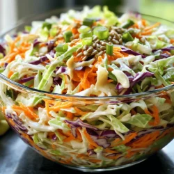 To make classic coleslaw, gather these main ingredients: - 4 cups green cabbage, thinly sliced - 1 cup red cabbage, thinly sliced - 2 large carrots, grated - 1 cup mayonnaise - 2 tablespoons apple cider vinegar - 1 tablespoon Dijon mustard - 1 tablespoon honey - Salt and black pepper to taste These ingredients create a great base for your coleslaw. The mix of green and red cabbage gives the dish color and crunch. The carrots add sweetness, making every bite tasty. You can make your coleslaw special by adding some optional ingredients: - 1/4 cup green onions, chopped (for garnish) - 1/4 cup sunflower seeds or chopped nuts (for crunch) These add-ins bring extra flavor and texture. Green onions give a mild onion taste. Sunflower seeds or nuts add a nice crunch that makes your coleslaw stand out. When picking cabbage, choose wisely. The best types for coleslaw are: - Green cabbage: Crunchy and slightly sweet. - Red cabbage: Adds color and a bit of peppery taste. - Napa cabbage: A bit milder and more tender. Using a mix of these cabbages makes your dish exciting. Each type adds its unique taste, making every bite a delight. For the full recipe, check out the detailed instructions above. Start by gathering your vegetables. You need four cups of green cabbage and one cup of red cabbage. Thinly slice both cabbages. Use a sharp knife or a mandoline for even cuts. Next, take two large carrots and grate them. Mix the sliced cabbage and grated carrots in a large bowl. The colors should be bright and inviting. In a separate bowl, combine one cup of mayonnaise with two tablespoons of apple cider vinegar. Add one tablespoon of Dijon mustard and one tablespoon of honey. Season the mixture with salt and black pepper. Whisk it all together until smooth. This dressing gives your coleslaw a tangy kick. Pour the dressing over the cabbage and carrot mix. Use tongs or a spoon to toss everything well. Make sure each piece of veggie is coated with the dressing. If you want extra crunch, add 1/4 cup of sunflower seeds or chopped nuts. Gently mix them in. Cover the bowl and refrigerate for at least 30 minutes. This lets the flavors blend and makes the dish refreshing. Before serving, give your coleslaw a good toss and adjust the seasoning. Garnish with 1/4 cup of chopped green onions for that pop of color. Enjoy your crunchy and tasty coleslaw! For the full recipe, check out the section above. Cutting cabbage well makes a big difference. Use a sharp knife. Start with the green cabbage. Cut it in half, then remove the core. Slice it thinly to get nice, crunchy pieces. Do the same with the red cabbage. Mixing both colors makes it pretty! Make sure your cuts are even for the best texture. Your dressing should be creamy but not too thick. Start by mixing mayonnaise with apple cider vinegar. Add Dijon mustard and honey next. Whisk until smooth. If it seems too thick, add a splash of water or vinegar. This helps it coat the veggies better. Taste the dressing before mixing it in. Adjust the salt and pepper to your liking. Want to boost flavor? Try adding a squeeze of lemon juice for zing. Fresh herbs like parsley or dill can add a nice touch. You can also mix in some chopped apples or raisins for sweetness. For crunch, toss in sunflower seeds or nuts. These little additions make your coleslaw stand out. Don’t forget to chill it before serving. This helps all the flavors blend beautifully. For the full recipe, check out the detailed instructions above. {{image_2}} You can change the main veggies in coleslaw. Try adding broccoli slaw or kale. You can also use colorful bell peppers for a sweet twist. If you love fruits, mix in diced apples or pineapple for a fresh taste. These swaps add fun and flavor to the classic dish. The dressing is key to coleslaw. While the classic mayo dressing is great, try yogurt for a lighter option. For a kick, add sriracha or hot sauce. You can also use a vinegar-based dressing for a tangy punch. Each dressing gives a new spin on flavor. Coleslaw pairs well with many dishes. Serve it next to barbecue meats, like pulled pork or ribs. It’s also great on tacos or sandwiches. You can even serve it as a salad on its own. For a complete meal, pair it with grilled chicken and corn on the side. Enjoy your crunchy creation! For the full recipe, check out the main article. To keep coleslaw fresh, store it in an airtight container. This helps retain its crunch. If you plan to eat it later, avoid adding dressing until you're ready. The dressing can make the cabbage soggy. If the coleslaw is already dressed, store it in the fridge. Use a tight lid to keep out air. Coleslaw lasts about three to five days in the fridge. After that, it may lose its crispness. Always check for off smells or discoloration before eating. If you see any, it’s best to toss it. The fresher the coleslaw, the better it tastes. Freezing coleslaw is not recommended. The texture changes when thawed. The cabbage can become mushy, and that’s not pleasant. If you want to freeze the veggies, do it before adding the dressing. This way, you can make a fresh batch later. For best flavor, enjoy your coleslaw fresh. For the full recipe, check out the Tangy Crunchy Coleslaw section. To make coleslaw creamy, focus on the dressing. Use good mayonnaise as the base. Mix it with apple cider vinegar and Dijon mustard for tang. Add honey for a hint of sweetness. Adjust the amount of mayonnaise to your liking. For a twist, you can add sour cream or Greek yogurt. Yes, you can make coleslaw ahead of time. Prepare the veggies and dressing separately. Mix them just before serving. This keeps the coleslaw crunchy and fresh. You can store the dressing in the fridge for up to a week. The veggies can last a few days if kept dry. Homemade coleslaw lasts about 3 to 5 days in the fridge. Keep it in an airtight container. If it starts to get watery, drain the excess liquid. If the veggies lose their crunch, it’s time to toss it out. Always check for freshness before eating. Coleslaw usually includes cabbage and a creamy dressing. Slaw can have other veggies, like carrots or radishes. Slaw may not always be creamy. It can also use vinegar or oil-based dressings. Both are tasty but serve different flavor profiles. To spice up your coleslaw, add diced jalapeños or hot sauce. You can also try a pinch of cayenne pepper in the dressing. Another option is to mix in some spicy mustard. Experiment to find your perfect heat level. Enjoy the kick it brings to the crunch! Coleslaw is easy to make and so versatile. You can adjust the flavors with different dressings and add-ins. Remember to pick the right cabbage and mix it perfectly. Store it well to enjoy later. Homemade coleslaw will not only taste great but also impress your friends and family. Explore the tips and tricks shared to elevate your dish. Now you have the tools to create a coleslaw that is tasty and satisfying!