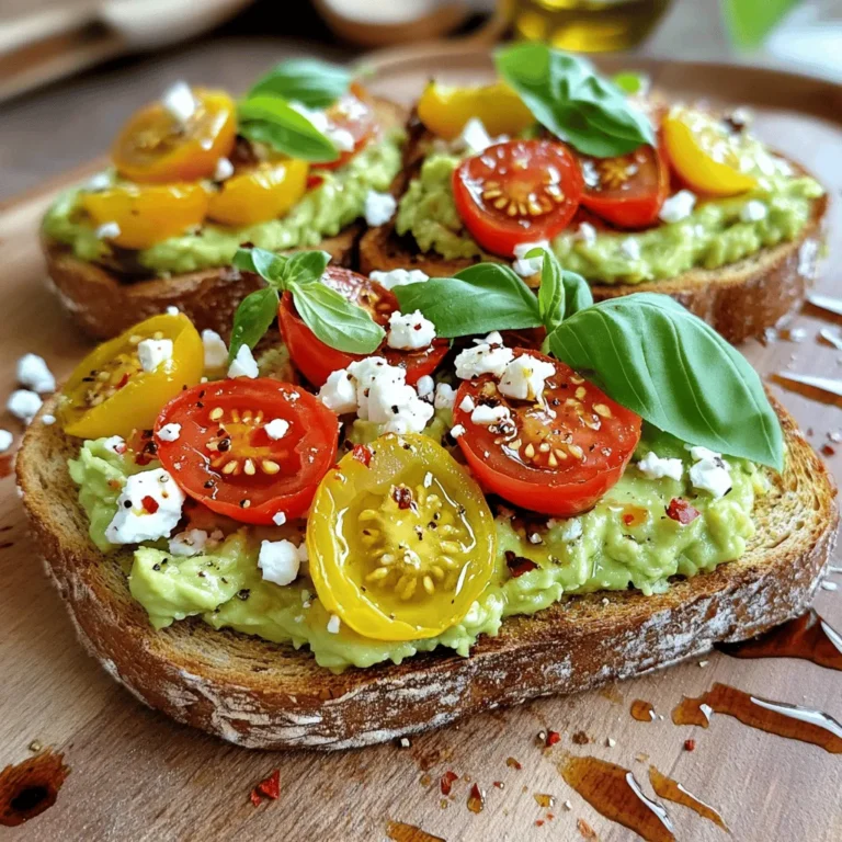 Making savory avocado toast with feta and tomatoes is simple and fun. Here’s what you need: - 2 ripe avocados - 4 slices of whole grain or sourdough bread - 100g feta cheese, crumbled - 1 cup cherry tomatoes, halved - 1 tablespoon olive oil - 1 tablespoon balsamic vinegar - 1 clove garlic, minced - Salt and black pepper to taste - Fresh basil leaves for garnish - Red pepper flakes (optional) Each ingredient adds its own flavor. The avocados are creamy and rich. Feta brings a salty bite. Tomatoes add freshness and sweetness. Olive oil and balsamic vinegar enhance all these tastes. Garlic gives a nice kick, while fresh basil adds a lovely aroma. If you like some heat, red pepper flakes are a great touch. Using fresh, high-quality ingredients makes a big difference. I recommend choosing ripe avocados. They should feel slightly soft when you press them. This ensures a smooth mash that will spread easily on your toast. For the bread, consider whole grain or sourdough. Both give a hearty base. Whole grain adds a nutty taste, while sourdough provides a tangy flavor. You can even use gluten-free bread if needed. Don't forget! You can find the full recipe [here](#). Enjoy crafting your own delicious avocado toast! To start, you need to toast the bread. You can use a toaster or a skillet. I like to use a skillet for an extra crispy edge. Aim for a nice golden brown color. This gives the toast a warm base for the toppings. Next, grab your ripe avocados. Cut them in half and remove the pit. Use a spoon to scoop out the green flesh into a bowl. Mash the avocado with a fork until you get the texture you like. I prefer a mix of smooth and chunky for more flavor. Now, let’s add some flavor to the mashed avocado. Stir in one clove of minced garlic. Add one tablespoon of olive oil and one tablespoon of balsamic vinegar. Don’t forget to sprinkle in some salt and black pepper. Mix everything well so the flavors blend nicely. For the tomatoes, take your halved cherry tomatoes and place them in a bowl. Season them with a pinch of salt and pepper, plus a drizzle of olive oil. Toss them gently to coat without squishing them. This keeps them fresh and vibrant. Once your bread is toasted, it’s time to assemble. Spread the avocado mixture generously on each slice. Then, layer the seasoned tomatoes on top. Finish off by sprinkling crumbled feta cheese over everything. This makes it look beautiful and tasty. You can check the [Full Recipe] for more details. Pair this savory avocado toast with a fresh juice or herbal tea. It also goes well with a light salad on the side. I love serving it for brunch or a quick lunch. You can even enjoy it as a snack any time of the day. To store leftover avocado spread, place it in a bowl. Cover it tightly with plastic wrap, pressing the wrap onto the surface to limit air. This helps keep it fresh. If you have leftover bread, store it in a paper bag. This keeps the bread from getting soggy but still fresh. To add more flavor, try adding a poached egg on top. You can also sprinkle some chopped nuts for crunch. Fresh herbs like cilantro or dill can brighten the taste. Adjust the salt and pepper to your liking for the best flavor. Use the Full Recipe for all the details on making your toast perfect! {{image_2}} You can use many types of bread for avocado toast. Whole grain bread adds a nutty taste. It also gives you more fiber. Sourdough is another great choice. It has a tangy flavor and chewy texture. If you need gluten-free bread, look for options made from rice or almond flour. These can still give you a satisfying crunch without the gluten. If you want to switch cheeses, try goat cheese or ricotta. Both can add a creamy texture. For vegetables, consider thinly sliced radishes or cucumbers. These choices will add fresh crunch and flavor. You can also mix in some arugula or spinach for extra greens. Feel free to get creative with toppings! Adding spices can elevate your avocado toast. Try a pinch of cumin or smoked paprika for warmth. Fresh herbs like dill or cilantro can brighten the dish. You can also use different oils to change the taste. Instead of olive oil, try avocado oil or chili-infused oil for a kick. These small changes can make a big difference in flavor. For the full recipe, check the full recipe section. - 10 minutes prep time - 20 minutes total time - Serves 2-4 individuals This savory avocado toast with feta and tomatoes is quick and easy to make. You start by toasting the bread until it is golden brown. The creamy avocado is mashed and mixed with garlic, olive oil, and balsamic vinegar for a rich flavor. The fresh cherry tomatoes add a juicy burst, while the crumbled feta brings a salty kick. Each bite is a mix of creamy, crunchy, and tangy. You can find the complete steps in the Full Recipe. Presentation is key. Serve this dish on a wooden board or a stylish plate. A drizzle of olive oil or balsamic reduction gives it a nice shine. Add fresh basil leaves for a pop of color. Enjoy this delightful dish at breakfast, lunch, or as a snack! Yes, you can use frozen avocados. They work well if you thaw them first. To thaw, move them to the fridge overnight. If you need them faster, place them in warm water for about 10-15 minutes. Frozen avocados may be softer than fresh, but they still taste great. You can mash them just like fresh ones. To keep your avocado fresh, use lemon or lime juice. The citric acid slows browning. You can also cover it tightly with plastic wrap. Make sure no air gets in. Storing it in an airtight container helps, too. If you leave the pit in the mashed avocado, it can help reduce browning, but it won’t stop it completely. If you don’t have balsamic vinegar, try apple cider vinegar or red wine vinegar. Both add a tangy flavor. You can also use lemon juice for a fresh twist. Each will change the taste slightly, so adjust your salt and pepper to balance the flavor. Yes, you can prep some parts ahead. Toast the bread right before serving to keep it crispy. You can mash the avocado and store it in the fridge for up to a day. Just remember to add lemon juice to keep it fresh. The tomatoes can be prepped an hour ahead. Keep them in the fridge until you are ready to assemble your toast. This blog post covered a simple and tasty recipe for avocado toast. We discussed the key ingredients and provided step-by-step instructions to make it perfect. Along with tips for serving, storing, and variations, you can create your own unique dish. Remember, avocados are versatile. With easy substitutions and additional flavors, this dish is sure to impress. Enjoy your toast as a snack or meal, and don't be afraid to get creative with toppings!