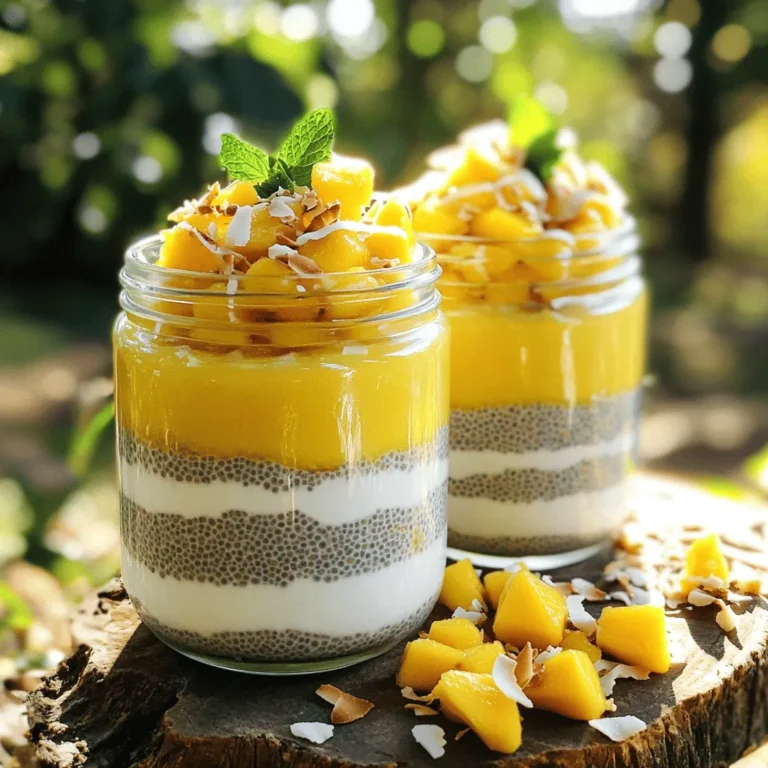 - 1 cup coconut milk (canned or carton) - 1/4 cup chia seeds - 2 tablespoons maple syrup or honey (adjust for sweetness) - 1 ripe mango, diced - 1/2 teaspoon vanilla extract - Pinch of salt - Fresh mint leaves for garnish - Toasted coconut flakes for topping Mango coconut chia pudding is a simple treat packed with flavor. You need just a few main ingredients to create this dish. Coconut milk gives it a rich creaminess. Chia seeds add a fun texture and healthy benefits. You can sweeten it with maple syrup or honey based on your taste. Using a ripe mango gives your pudding a fresh and fruity flavor. A dash of vanilla brings everything together. Don't forget a pinch of salt; it enhances all the sweet flavors. You can also get creative with toppings. Fresh mint leaves add a bright touch. Toasted coconut flakes provide extra crunch. These toppings make your pudding look beautiful and inviting. For the full recipe, check out the link. You’ll love how easy and tasty this treat can be! - Combine coconut milk, chia seeds, maple syrup, vanilla extract, and salt in a mixing bowl. - Whisk the mixture thoroughly to avoid clumps. When you whisk, make sure the chia seeds mix well. This step is key to getting a smooth pudding. You want each bite to be creamy and enjoyable. - Cover the bowl with plastic wrap or transfer to an airtight container. - Refrigerate for at least 4 hours or overnight. Chilling the mixture is important. This allows the chia seeds to soak up the liquid and expand. It makes the pudding thick and satisfying. If you can, let it sit overnight for the best texture. - Stir the pudding to achieve a creamy consistency. - Layer in serving glasses with diced mango between layers. - Top with additional mango, toasted coconut, and mint leaves. When you serve, give the pudding a good stir first. This makes it creamy and smooth. Then, layer it with fresh mango for a burst of flavor. The toasted coconut adds a nice crunch. Don’t forget the mint leaves for a pop of color! You can find the full recipe [here](#). To get the best texture, whisk the chia seeds well. This helps them spread evenly in the mix. If you don't whisk enough, the seeds can clump together. After whisking, let the mix chill for at least four hours. Chilling is key for a thick pudding. The seeds need time to absorb the liquid and swell. You can adjust the sweetness to fit your taste. If you like it sweeter, add more maple syrup or honey. Try using other sweeteners too. Agave syrup or stevia can work well, depending on your choice. Each sweetener brings a different flavor, so feel free to experiment. Serve your pudding in clear glass jars. This shows off the pretty layers of mango and pudding. For extra flair, drizzle a bit of coconut milk on top. Add a sprig of fresh mint for a pop of color. Toasted coconut flakes also make a nice touch on top. They add texture and a bit of crunch. For the full recipe, check out the link. {{image_2}} You can change the fruit in this pudding. Try using pineapple, strawberries, or bananas. Each fruit adds a unique taste. For a warm twist, add spices like cinnamon or nutmeg. Just a pinch can change the flavor profile. If you need a dairy-free option, swap coconut milk with almond or oat milk. Both options work well in this recipe. For sweeteners, use agave or stevia to keep it vegan. Just remember to adjust the amount based on your taste. Chia seeds are great, but you can use flaxseed instead. Flaxseed offers a similar texture and flavor. If you choose flaxseed, use a 1:1 ratio. You might need to adjust the liquid amount slightly. Each seed has its own unique benefits, so feel free to explore! Mango coconut chia pudding lasts about 4 to 5 days in the fridge. You’ll know it’s bad if you see mold or if it smells sour. Always trust your senses to check freshness. Store your pudding in airtight containers. This keeps it fresh and prevents it from picking up other smells from the fridge. You can layer the pudding with mango in the container. This way, it stays pretty and tasty. Yes, you can freeze chia pudding! Just place it in a freezer-safe container. To thaw, leave it in the fridge overnight. Stir well before serving. If it looks a bit watery, don't worry! Just mix it again for a smooth texture. Chia pudding is a creamy dish made from chia seeds and liquid. When you mix chia seeds with a liquid, they absorb it and swell. This creates a thick, pudding-like texture, which is fun and healthy. Chia seeds are packed with fiber, protein, and omega-3 fatty acids. They help you feel full and support heart health. Yes, Mango Coconut Chia Pudding is very healthy. Coconut milk provides good fats that help keep your heart strong. Chia seeds are high in fiber, which aids digestion. Together, they create a tasty treat that is nutrient-rich. Plus, mango adds vitamins A and C, boosting your immune system. You can make this recipe ahead of time. It’s perfect for meal prep! Just follow the steps and store it in an airtight container. It lasts in the fridge for up to five days. The flavors even improve as they sit. To change the servings, simply multiply or divide the ingredients. For example, if you want to make four servings, double the amounts. If you need just one, halve the recipe. This makes it easy to serve any number of people. You can find the full recipe to guide you through this process. This blog post shared how to make a tasty mango coconut chia pudding. You learned about the key ingredients and an easy step-by-step guide for making it. We also covered tips for perfecting texture and sweetness, plus fun variations to try. In the end, this recipe is quick and healthy, making it perfect for any meal. You can enjoy it fresh or store it for later. Now, it’s time to get creative and enjoy making your own delicious version!