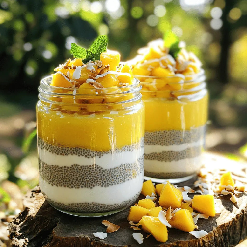 - 1 cup coconut milk (canned or carton) - 1/4 cup chia seeds - 2 tablespoons maple syrup or honey (adjust for sweetness) - 1 ripe mango, diced - 1/2 teaspoon vanilla extract - Pinch of salt - Fresh mint leaves for garnish - Toasted coconut flakes for topping Mango coconut chia pudding is a simple treat packed with flavor. You need just a few main ingredients to create this dish. Coconut milk gives it a rich creaminess. Chia seeds add a fun texture and healthy benefits. You can sweeten it with maple syrup or honey based on your taste. Using a ripe mango gives your pudding a fresh and fruity flavor. A dash of vanilla brings everything together. Don't forget a pinch of salt; it enhances all the sweet flavors. You can also get creative with toppings. Fresh mint leaves add a bright touch. Toasted coconut flakes provide extra crunch. These toppings make your pudding look beautiful and inviting. For the full recipe, check out the link. You’ll love how easy and tasty this treat can be! - Combine coconut milk, chia seeds, maple syrup, vanilla extract, and salt in a mixing bowl. - Whisk the mixture thoroughly to avoid clumps. When you whisk, make sure the chia seeds mix well. This step is key to getting a smooth pudding. You want each bite to be creamy and enjoyable. - Cover the bowl with plastic wrap or transfer to an airtight container. - Refrigerate for at least 4 hours or overnight. Chilling the mixture is important. This allows the chia seeds to soak up the liquid and expand. It makes the pudding thick and satisfying. If you can, let it sit overnight for the best texture. - Stir the pudding to achieve a creamy consistency. - Layer in serving glasses with diced mango between layers. - Top with additional mango, toasted coconut, and mint leaves. When you serve, give the pudding a good stir first. This makes it creamy and smooth. Then, layer it with fresh mango for a burst of flavor. The toasted coconut adds a nice crunch. Don’t forget the mint leaves for a pop of color! You can find the full recipe [here](#). To get the best texture, whisk the chia seeds well. This helps them spread evenly in the mix. If you don't whisk enough, the seeds can clump together. After whisking, let the mix chill for at least four hours. Chilling is key for a thick pudding. The seeds need time to absorb the liquid and swell. You can adjust the sweetness to fit your taste. If you like it sweeter, add more maple syrup or honey. Try using other sweeteners too. Agave syrup or stevia can work well, depending on your choice. Each sweetener brings a different flavor, so feel free to experiment. Serve your pudding in clear glass jars. This shows off the pretty layers of mango and pudding. For extra flair, drizzle a bit of coconut milk on top. Add a sprig of fresh mint for a pop of color. Toasted coconut flakes also make a nice touch on top. They add texture and a bit of crunch. For the full recipe, check out the link. {{image_2}} You can change the fruit in this pudding. Try using pineapple, strawberries, or bananas. Each fruit adds a unique taste. For a warm twist, add spices like cinnamon or nutmeg. Just a pinch can change the flavor profile. If you need a dairy-free option, swap coconut milk with almond or oat milk. Both options work well in this recipe. For sweeteners, use agave or stevia to keep it vegan. Just remember to adjust the amount based on your taste. Chia seeds are great, but you can use flaxseed instead. Flaxseed offers a similar texture and flavor. If you choose flaxseed, use a 1:1 ratio. You might need to adjust the liquid amount slightly. Each seed has its own unique benefits, so feel free to explore! Mango coconut chia pudding lasts about 4 to 5 days in the fridge. You’ll know it’s bad if you see mold or if it smells sour. Always trust your senses to check freshness. Store your pudding in airtight containers. This keeps it fresh and prevents it from picking up other smells from the fridge. You can layer the pudding with mango in the container. This way, it stays pretty and tasty. Yes, you can freeze chia pudding! Just place it in a freezer-safe container. To thaw, leave it in the fridge overnight. Stir well before serving. If it looks a bit watery, don't worry! Just mix it again for a smooth texture. Chia pudding is a creamy dish made from chia seeds and liquid. When you mix chia seeds with a liquid, they absorb it and swell. This creates a thick, pudding-like texture, which is fun and healthy. Chia seeds are packed with fiber, protein, and omega-3 fatty acids. They help you feel full and support heart health. Yes, Mango Coconut Chia Pudding is very healthy. Coconut milk provides good fats that help keep your heart strong. Chia seeds are high in fiber, which aids digestion. Together, they create a tasty treat that is nutrient-rich. Plus, mango adds vitamins A and C, boosting your immune system. You can make this recipe ahead of time. It’s perfect for meal prep! Just follow the steps and store it in an airtight container. It lasts in the fridge for up to five days. The flavors even improve as they sit. To change the servings, simply multiply or divide the ingredients. For example, if you want to make four servings, double the amounts. If you need just one, halve the recipe. This makes it easy to serve any number of people. You can find the full recipe to guide you through this process. This blog post shared how to make a tasty mango coconut chia pudding. You learned about the key ingredients and an easy step-by-step guide for making it. We also covered tips for perfecting texture and sweetness, plus fun variations to try. In the end, this recipe is quick and healthy, making it perfect for any meal. You can enjoy it fresh or store it for later. Now, it’s time to get creative and enjoy making your own delicious version!