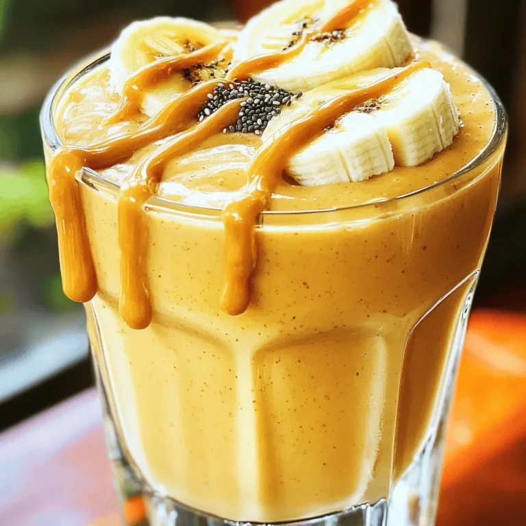 Here’s what you need to make this tasty peanut butter banana smoothie: - 2 ripe bananas, frozen - 2 tablespoons natural peanut butter - 1 cup unsweetened almond milk (or milk of choice) - 1 tablespoon chia seeds - 1 tablespoon honey or maple syrup (optional) - 1/2 teaspoon vanilla extract - A pinch of cinnamon (optional) - Ice cubes (optional) Each ingredient plays a big role in making this smoothie creamy and delicious. The frozen bananas give it a thick texture that is hard to beat. Natural peanut butter adds protein and a rich flavor. Unsweetened almond milk keeps it light, while chia seeds boost nutrition. You can sweeten it with honey or maple syrup if you want. Vanilla extract and cinnamon add warmth and depth, making every sip a delight. You can find the Full Recipe for this creamy treat, which combines all these ingredients for a perfect drink. First, peel the frozen bananas. The skin comes off easily when they are frozen. Next, break the bananas into chunks. This makes it easier for the blender to mix them smoothly. I recommend using frozen bananas. They add a creamy texture and chill to your smoothie. Fresh bananas work, but frozen ones are the best choice. Now, it's time to blend! Start by adding the banana chunks to the blender. Next, pour in the natural peanut butter. Then, add the almond milk. I like to add chia seeds next. If you want some sweetness, add honey or maple syrup now. Don’t forget the vanilla extract and cinnamon, if you choose to use them. Blend on high speed until everything is smooth. This should take about 30 seconds. Check to make sure there are no banana chunks left. If you like your smoothie thicker, add a handful of ice cubes. Blend again until combined. If you want it sweeter, taste the smoothie. Add more honey or maple syrup if you desire. This lets you control the sweetness to your liking. Enjoy pouring your smooth, creamy creation into glasses. This is a fun treat you can share with friends or family! For the full recipe, check the earlier section. Choosing ripe bananas is crucial. When bananas are ripe, they are sweeter and creamier. Look for bananas with a few brown spots. These spots mean the bananas are ready for a smoothie. Frozen bananas make it even creamier. They add thickness and chilliness. Peel and slice them before freezing for easy blending. For the best smoothie, use your blender on high speed. This setting helps mix everything well. Start with the liquid first, then add the solids. This order helps avoid chunks. Blend until the mixture is smooth. Stop and check for any banana pieces. If you find chunks, blend longer. To make your smoothie look great, add garnishes. Slice a banana and place it on top. You can also sprinkle some chia seeds. A drizzle of peanut butter adds a nice touch too. Pair your smoothie with whole-grain toast or a handful of nuts for a balanced snack. Enjoy your creamy treat! {{image_2}} You can make this smoothie even more fun with some flavor twists. Adding cocoa powder gives it a rich, chocolatey taste. Just one tablespoon is enough for a delightful change. If you want a boost in energy, throw in some protein powder. This will help keep you full longer. You can use vanilla or chocolate protein powder, depending on your taste. When it comes to milk, you have choices! Almond milk is light and creamy. It works great in this smoothie. You can also try oat milk or coconut milk for a different flavor. If you're lactose intolerant, these dairy alternatives are perfect. They keep the smoothie tasty while avoiding dairy. Want to make this smoothie vegan? Simply skip the honey and use maple syrup instead. This keeps it plant-based and just as delicious. For those watching calories, you can use less peanut butter or skip the sweetener. This way, you can enjoy a tasty treat while keeping your diet in check. For the full recipe, check out the details above. To store your peanut butter banana smoothie in the fridge, use an airtight container. Make sure the lid is on tight. A well-sealed container keeps the smoothie fresh and tasty for up to 24 hours. If you want to save it longer, freezing is a great option. Pour the smoothie into ice cube trays or freezer-safe bags. This way, you can grab just what you need later. When you are ready to enjoy your stored smoothie again, check its texture. Smoothies can separate after sitting. To revive them, pour the smoothie into a blender and blend it again. If it’s too thick, add a splash of almond milk or water. Blend until it’s smooth and creamy again. A peanut butter banana smoothie can last in the fridge for about 24 hours. After that, it may start to lose flavor and texture. Look for signs of spoilage, like an off smell or a change in color. If it looks or smells strange, it’s best to toss it. Enjoy your creamy treat fresh for the best taste! To make a thicker smoothie without using ice, try these tips: - Use more frozen bananas. They add creaminess and chill. - Add less almond milk or use a thicker milk. - Include Greek yogurt for added richness. - Blend in more chia seeds. They thicken as they soak up liquid. Yes, you can use substitutes if you have nut allergies. Here are some options: - Sunflower seed butter is a great nut-free choice. - Soy nut butter works well and has a similar taste. - Pumpkin seed butter is another tasty alternative. These keep your smoothie creamy and delicious. This smoothie is packed with nutrition: - Bananas provide potassium, fiber, and vitamin C. - Peanut butter offers protein and healthy fats. - Chia seeds add omega-3 fatty acids and fiber. - Almond milk is low in calories and dairy-free. Together, these ingredients help give you energy and keep you full. Yes, you can add greens for extra nutrition. Here are some tips: - Spinach blends well and has a mild taste. - Kale is nutrient-rich but has a stronger flavor. - Start with a small amount and adjust to taste. Add a touch of honey if needed to balance flavors. For the full recipe, check out the Creamy Dreamy Peanut Butter Banana Smoothie. This smoothie recipe combines simple ingredients for a tasty drink. You start with frozen bananas and blend in peanut butter, almond milk, and chia seeds. The tips help enhance smoothness and flavor. Variations cater to different diets and preferences. In the end, this smoothie is not just easy to make; it's healthy too. Enjoy it as a snack or meal replacement and feel good about your choices!