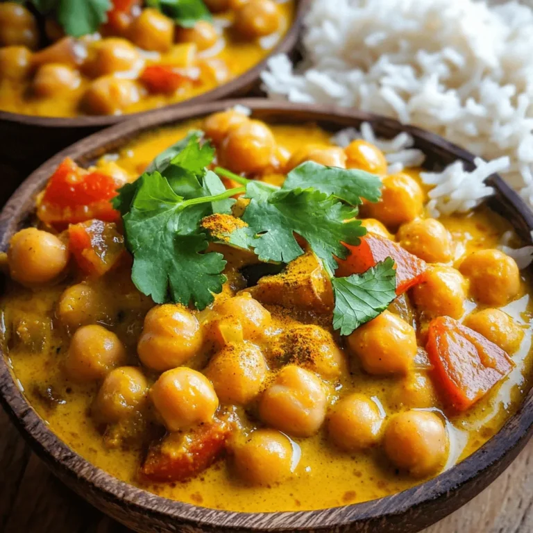 - 1 can (15 oz) chickpeas, drained and rinsed - 1 can (14 oz) coconut milk - 1 medium onion, diced - 2 cloves garlic, minced - 1-inch ginger, grated - 1 medium tomato, diced - 1 tablespoon curry powder - 1 teaspoon turmeric powder - 1 teaspoon cumin seeds - Salt and pepper to taste - Fresh cilantro, chopped for garnish - 1 cup spinach (optional) - 1 tablespoon olive oil The key to a rich and creamy Chickpea Curry in Coconut Milk lies in the ingredients. First, the chickpeas add protein and texture. They soak up flavors well. The coconut milk brings creaminess and a slight sweetness. It balances the spices perfectly. Onions, garlic, and ginger create a fragrant base. They build layers of flavor. The tomato adds acidity, brightening up the dish. For spices, curry powder gives depth and warmth. Turmeric adds a lovely color and earthiness. Cumin seeds provide a nutty taste. Adjust salt and pepper to fit your taste. If you want to add a pop of color, chopped cilantro works great as a garnish. Spinach can be a nice touch, adding nutrients and a vibrant green. Olive oil helps sauté the spices, bringing out their full flavor. This blend of ingredients makes every bite a delight. For the full recipe, check out the detailed cooking steps ahead. - Heat olive oil in a large saucepan over medium heat. - Add cumin seeds and sauté until popping. Start by heating the olive oil in your saucepan. This step brings out the rich taste of the oil. Next, when the oil is hot, toss in the cumin seeds. They will soon sizzle and pop, filling your kitchen with a warm, inviting aroma. This is the first step to building layers of flavor. - Sauté diced onion until soft and translucent. - Stir in garlic and ginger, cooking until fragrant. - Add tomato, spices, and cook until tomatoes soften. Once the cumin seeds are popping, add the diced onion. Cook it until it becomes soft and translucent, which usually takes about five minutes. This step adds sweetness to your curry. Then, stir in the minced garlic and grated ginger. Cook these for just a minute or two until they smell amazing. After that, add the diced tomato along with the curry powder, turmeric, salt, and pepper. Cook this mixture for about five minutes. The tomatoes will break down, creating a lovely base for your dish. - Pour in coconut milk and add chickpeas. - Bring to simmer and cook for 15-20 minutes. - Add spinach and adjust seasoning as needed. Now, it’s time to introduce the coconut milk. Pour it in, followed by the drained chickpeas. Stir everything well to mix the flavors. Bring the mixture to a gentle simmer and let it cook for 15 to 20 minutes. This allows the flavors to meld beautifully. If you're using spinach, add it in the last few minutes of cooking. It will wilt perfectly into the curry. Be sure to taste and adjust the seasoning as needed. For more details, check out the Full Recipe. - Use fresh spices for a more aromatic curry. Fresh spices make a big difference. - Adjust the amount of curry powder for your desired spice level. If you like heat, add more. - Serve in deep bowls and garnish with cilantro. This adds color and freshness. - Pair with basmati rice or warm naan for a complete meal. These sides balance the dish well. - Sautéing tips for perfect onion and garlic flavor: cook them slowly. This brings out their sweetness. - Simmering is important for flavor melding. Let your curry simmer gently. This blends all the tastes together. Enjoy making your Chickpea Curry in Coconut Milk! For the complete recipe, check out the Full Recipe. {{image_2}} You can make your chickpea curry even heartier by adding protein. Consider adding diced chicken or firm tofu. Both options soak up the rich flavors well. You can also try different beans, like lentils. They add a nice texture and give you more variety. Each protein brings its own taste, making your dish unique. Vegetables add color and nutrition to your curry. You might add bell peppers or zucchini for a fresh crunch. They cook well with the spices and coconut milk. If you want to change things up, try using kale instead of spinach. Kale gives a nice bite and holds up well in the curry. Spices make your curry exciting. Don’t be afraid to experiment! Try different curry blends, like Thai or Jamaican. Each blend brings a new twist to the dish. If you like heat, add chili flakes or fresh peppers. Adjust the spice level to your liking. It’s all about making it your own. For the full recipe, check the earlier section. Store your chickpea curry in an airtight container for up to 5 days. This helps keep it fresh and tasty. When you are ready to enjoy it again, reheat it on the stovetop over low heat. This method warms it evenly and keeps it creamy. You can freeze your curry in portions for quick meals later. This is great for meal prep. Just make sure to cool it first before placing it in freezer-safe containers. When you want to eat it, thaw it overnight in the fridge. This makes reheating easier. For the best taste, reheat your curry on the stove. This method helps keep the texture just right. If you want an extra creamy texture, add a splash of coconut milk while reheating. This will enhance the flavor and make it feel fresh again. Add chili powder or fresh chopped chilies to taste. Start with a small amount. You can always add more. This helps control the heat level. A little spice can really brighten the dish. Yes, but they will need to be soaked and cooked beforehand. Soaking helps soften them. Cook dried chickpeas until tender before adding them to the curry. This can take a few hours, so plan ahead! Serve with rice, quinoa, or warm naan bread for a complete meal. These sides soak up the rich sauce. You can also add a simple salad for freshness. Yes, all ingredients are plant-based and suitable for vegan diets. This makes it a great option for everyone. The coconut milk adds creaminess without dairy. Use almond milk or cashew cream for a dairy-free alternative, but it will change the flavor profile. Coconut milk gives a unique taste and richness. If you try a substitute, adjust spices to enhance flavor. For the full recipe, check out the Chickpea Bliss Curry in Coconut Milk! This blog post covered the essentials for making a tasty Chickpea Curry in Coconut Milk. You learned about the main ingredients, steps for preparation, and options for variation. The tips for enhancing flavor and creativity made this dish fun and versatile. Remember, cooking is all about experimenting. Use what you like and adjust flavors to fit your taste. This curry is easy to store and reheat, ensuring you can enjoy it throughout the week. Happy cooking!