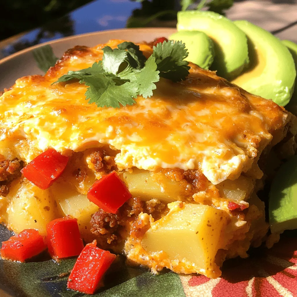 For the chorizo and potato egg casserole, you will need: - 1 lb chorizo sausage, casings removed - 3 cups potatoes, peeled and diced (about 4 medium potatoes) - 1 small onion, finely chopped - 1 red bell pepper, diced - 8 large eggs - 1 cup milk - 1 teaspoon garlic powder - 1 teaspoon smoked paprika - Salt and pepper to taste - 1 cup shredded cheddar cheese - 2 tablespoons chopped fresh cilantro (for garnish) These ingredients combine to create a hearty dish. The chorizo adds spice and flavor, while the potatoes provide a filling base. Onions and bell peppers boost the taste and nutrition. You can customize your casserole with these toppings: - Sliced avocado - Fresh salsa - Sour cream - Extra cilantro These toppings add creaminess and freshness. They also help balance the flavors in the dish. Pair your casserole with: - Fresh fruit salad - A light green salad - Toasted bread These sides bring color and crunch to your meal. They also provide a nice contrast to the rich casserole. For the full recipe, check out the detailed instructions above. Start by gathering all your ingredients. You will need chorizo, potatoes, onion, and red bell pepper. Dice the potatoes into small cubes. Chop the onion finely and dice the red bell pepper. This helps them cook evenly. Set everything aside. Heat a large skillet over medium heat. Add the chorizo sausage, breaking it up with a spoon. Cook it for about 5 to 7 minutes until it turns brown. Remove the chorizo from the skillet. Leave the drippings in the pan. Next, add the diced potatoes, chopped onion, and red bell pepper. Sauté them for 10 to 12 minutes. Stir occasionally until the potatoes are tender and slightly golden. In a large bowl, whisk together 8 eggs, 1 cup of milk, 1 teaspoon of garlic powder, and 1 teaspoon of smoked paprika. Add salt and pepper to taste. Grease a 9x13 inch baking dish. Layer the cooked potatoes, chorizo, and vegetables evenly in the dish. Pour the egg mixture over everything, ensuring it covers all ingredients. Finally, sprinkle 1 cup of shredded cheddar cheese on top. Preheat your oven to 375°F (190°C). Bake the casserole for 25 to 30 minutes. You want the eggs to be set and the top to be golden brown. Remove the dish from the oven. Let it cool for a few minutes before slicing into squares. Garnish each slice with fresh cilantro. This dish pairs well with avocado slices or salsa for extra flavor. Enjoy your tasty weekend dish! Don't forget to check the Full Recipe for more details. To get the best texture in your casserole, focus on your potatoes. Cook them until they are tender but not mushy. Dice them evenly to ensure they cook at the same rate. When you layer the cooked potatoes with the chorizo and veggies, this keeps everything balanced. The eggs should be fluffy, so whisk them well with the milk before adding. This gives a nice rise to the casserole as it bakes. Chorizo adds great flavor, but you can boost it even more. Add a pinch of cayenne pepper for heat or a dash of hot sauce in the egg mixture. Fresh herbs like cilantro or parsley can brighten up the dish. For a smoky taste, consider adding some extra smoked paprika. Serving with avocado or fresh salsa also adds a fresh kick. One mistake is overcooking the chorizo. It should be browned but not dry. Another is undercooking the potatoes. Make sure they are tender before layering them. Don't skip greasing the baking dish; this helps with easy serving. Lastly, avoid crowding the oven. Bake until the eggs are just set to keep the dish light and fluffy. For the complete recipe, check out the Full Recipe section. {{image_2}} To make a vegetarian version of the chorizo and potato egg casserole, skip the chorizo. You can add more veggies instead. Try using mushrooms, zucchini, or spinach. These options add flavor and texture. Use plant-based sausage if you want a similar taste. This keeps the dish hearty and satisfying. Cheese adds creaminess and flavor to the casserole. You can switch up the cheese based on your taste. Monterey Jack or pepper jack cheese works well. These cheeses melt nicely and add a bit of spice. Feta cheese gives a salty kick, while goat cheese adds a tangy touch. Feel free to mix different cheeses for a unique flavor. If you love heat, increase the spice level. Add chopped jalapeños or diced green chiles to the mix. You can also sprinkle in crushed red pepper flakes for an extra kick. For a milder version, reduce or omit the smoked paprika. Tailor the spice level to match your taste buds and those of your guests. After you enjoy this chorizo and potato egg casserole, store any leftovers right away. Place them in an airtight container. Let the casserole cool to room temperature first. Then, seal the container tightly. This helps keep the flavors fresh and tasty. You can store it in the fridge for up to 3-4 days. When you’re ready to eat leftovers, you can easily reheat them. Preheat your oven to 350°F (175°C). Place the casserole in an oven-safe dish. Cover it with foil to prevent drying out. Heat for about 15-20 minutes, or until warm. You can also use a microwave. Just warm individual portions for about 1-2 minutes. Always check the temperature to make sure it is hot. If you want to save some for later, freezing is a great option. First, let the casserole cool completely. Cut it into portions for easy thawing. Wrap each piece tightly in plastic wrap, then place them in a freezer bag. Be sure to label the bag with the date. You can freeze it for up to 2-3 months. To enjoy, thaw overnight in the fridge, then reheat as described above. For more details, check the Full Recipe. Yes, you can make this casserole ahead of time. Prepare it the day before and store it in the fridge. Cover it well to keep it fresh. When you are ready to eat, just bake it as directed. This saves time on busy mornings. If you want a different flavor, you can use ground turkey or beef. For a vegetarian option, try black beans or lentils. These will give you protein without the meat. You can also use any spicy sausage you like. You can store leftovers in the fridge for about 3-4 days. Make sure to place them in an airtight container. If you want to keep it longer, consider freezing it. It should last in the freezer for about 2-3 months. Yes, this recipe is gluten-free. All the ingredients listed do not contain gluten. Just make sure to check the labels if you buy pre-made items like sausage or cheese. This way, you can enjoy it without worry. For the full recipe, refer back to the section above. This blog post covered everything you need for a great chorizo casserole. We explored key ingredients, shared step-by-step cooking instructions, and offered tips for perfect texture and flavor. I shared ways to make it vegetarian and how to store leftovers properly. Remember, cooking is fun, and small tweaks can make a big difference. Enjoy your delicious dish, and don’t be afraid to experiment!