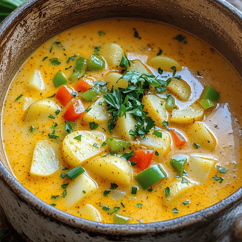 To make Cajun potato soup, you need: - 4 medium russet potatoes, peeled and diced - 1 onion, finely chopped - 3 cloves garlic, minced - 2 celery stalks, diced - 1 bell pepper (red or green), diced - 4 cups vegetable or chicken broth - 1 cup heavy cream (or coconut milk for a lighter option) - 2 tablespoons Cajun seasoning - 1/2 teaspoon smoked paprika - 1/4 teaspoon cayenne pepper (adjust for heat preference) - 2 tablespoons olive oil - Salt and pepper to taste - 1/4 cup green onions, chopped (for garnish) - 1/4 cup fresh parsley, chopped (for garnish) Using fresh ingredients makes your soup taste great. Fresh potatoes, onions, and peppers bring vibrant flavors. Fresh garlic gives a strong aroma. If you use dried herbs, you might lose some of that flavor. Dried seasoning can work in a pinch, but always choose fresh when you can. This recipe allows for easy swaps. If you're dairy-free, use coconut milk instead of heavy cream. For a gluten-free option, use certified gluten-free broth. If you can't have nightshades, swap the bell pepper with zucchini or carrots. These changes keep the soup tasty and safe for everyone. Ingredients Preparation Start by gathering your ingredients. You need: - 4 medium russet potatoes, peeled and diced - 1 onion, finely chopped - 3 cloves garlic, minced - 2 celery stalks, diced - 1 bell pepper (red or green), diced - 4 cups vegetable or chicken broth - 1 cup heavy cream (or coconut milk for a lighter option) - 2 tablespoons Cajun seasoning - 1/2 teaspoon smoked paprika - 1/4 teaspoon cayenne pepper (adjust for heat preference) - 2 tablespoons olive oil - Salt and pepper to taste - 1/4 cup green onions, chopped (for garnish) - 1/4 cup fresh parsley, chopped (for garnish) Wash and chop all vegetables. Make sure to dice them evenly. This helps them cook at the same rate. Cooking Techniques for Perfect Consistency Heat olive oil over medium heat in a large pot. Add the chopped onion, celery, and bell pepper. Sauté for about 5 minutes until they soften. Stir in minced garlic and cook for 1 more minute. Be careful not to burn the garlic. Next, add the diced potatoes and pour in the broth. Bring the mixture to a boil, then lower the heat to a simmer. Stir in the Cajun seasoning, smoked paprika, and cayenne pepper. Let the soup simmer for 15 to 20 minutes until the potatoes are tender. When the potatoes are soft, use an immersion blender to mix the soup. Blend it to your desired smoothness. If you don't have one, use a regular blender. Just be sure to let it cool slightly before blending. Once blended, return the soup to the pot. Stir in the heavy cream or coconut milk. Let it heat for another 5 minutes. Taste, then add salt and pepper as needed. You can also add more Cajun seasoning if you want more heat. This soup is fun to make and packed with flavor. Don't forget to check out the Full Recipe for more details! To make your Cajun potato soup pop, consider adding more spices. Try using thyme or oregano for an herbal touch. A pinch of garlic powder can boost the garlic flavor. If you love heat, a bit more cayenne pepper works wonders. Always taste as you go to find the right balance for you. This method ensures that each bowl has a rich, full flavor. Sautéing vegetables right is key for great flavor. Start with a hot pan; this helps the veggies brown. Use olive oil to prevent sticking. Add onions first, as they need more time to soften. After a few minutes, add celery and bell pepper. Cook until they are tender. This process creates a nice base for your soup. The goal is to unlock those natural sugars for deeper flavor. Want a heat boost? Increase your Cajun seasoning. You can also add extra cayenne pepper. For a smoky kick, a dash of hot sauce will do. If you want a unique twist, try adding diced jalapeños while sautéing. Always start small, then adjust to your taste. This way, you can enjoy your soup just how you like it. {{image_2}} You can easily make Cajun potato soup vegetarian or vegan. Simply swap the chicken broth for vegetable broth. Use coconut milk instead of heavy cream. This keeps the soup creamy while being dairy-free. You still get that rich flavor, thanks to the Cajun seasoning. This version is just as hearty and tasty. Want to add protein? Chicken and sausage fit well in this soup. For chicken, use cooked, shredded pieces. Stir it in right before serving. If you prefer sausage, I suggest andouille for a spicy kick. Slice it and sauté it with the veggies. This adds depth and flavor to the dish. Choosing the right potatoes can change the soup's taste and texture. Russet potatoes are classic for a creamy base. They break down well in the soup. Yukon gold potatoes give a buttery flavor. If you want a firmer texture, use red potatoes. They hold their shape. Each potato brings its unique charm to the recipe. After enjoying your Cajun potato soup, let it cool down. Then, scoop it into an airtight container. Make sure to seal it tightly. Store it in the fridge. It will stay fresh for about three to four days. If you want to keep it longer, consider freezing it. When you’re ready to enjoy it again, take out your soup. Pour the soup into a pot over medium heat. Stir often to warm it evenly. If it seems too thick, add a splash of broth or water. You can also use the microwave. Heat in short intervals. Stir between each interval for even warming. To freeze your Cajun potato soup, use freezer-safe containers. Leave some space at the top, as the soup will expand. Label the containers with the date. It can stay frozen for up to three months. When you’re ready to eat, thaw it in the fridge overnight before reheating. This method helps keep the flavor and texture intact. For a quick thaw, place the container in cold water. Cajun Potato Soup is a warm, creamy dish. It features hearty potatoes, savory spices, and rich broth. This soup comes from Cajun cooking, which blends French, African, and Spanish flavors. The spices give it a unique kick. You can taste the warmth of the South in every bite. It's comfort food that fills you up and warms your soul. To make Cajun Potato Soup gluten-free, choose the right broth. Use vegetable or chicken broth that is labeled gluten-free. Also, check the Cajun seasoning. Some brands may add gluten. You can also make your own blend with spices like paprika, cayenne, and garlic powder. This way, you avoid gluten while keeping the flavor. Cajun Potato Soup pairs well with many dishes. Here are some great options: - Crusty bread or cornbread - A fresh green salad - Fried shrimp or chicken for a protein boost - A side of rice for a filling meal These options complement the soup's rich flavors and add variety to your meal. You can find the full recipe for Spicy Cajun Potato Soup Delight here. This soup is easy to make and brings joy to any table. Enjoy making it! This blog post covered everything you need for a great Cajun Potato Soup. We discussed ingredients, including fresh versus dried options and substitutions for allergens. We provided a step-by-step cooking guide and useful tips for using an immersion blender. You can customize flavors and choose different protein options for variety. Finally, we shared storage tips to keep leftovers fresh. Enjoy making your soup spicy or mild. Explore different variations and find what you love best. Happy cooking!