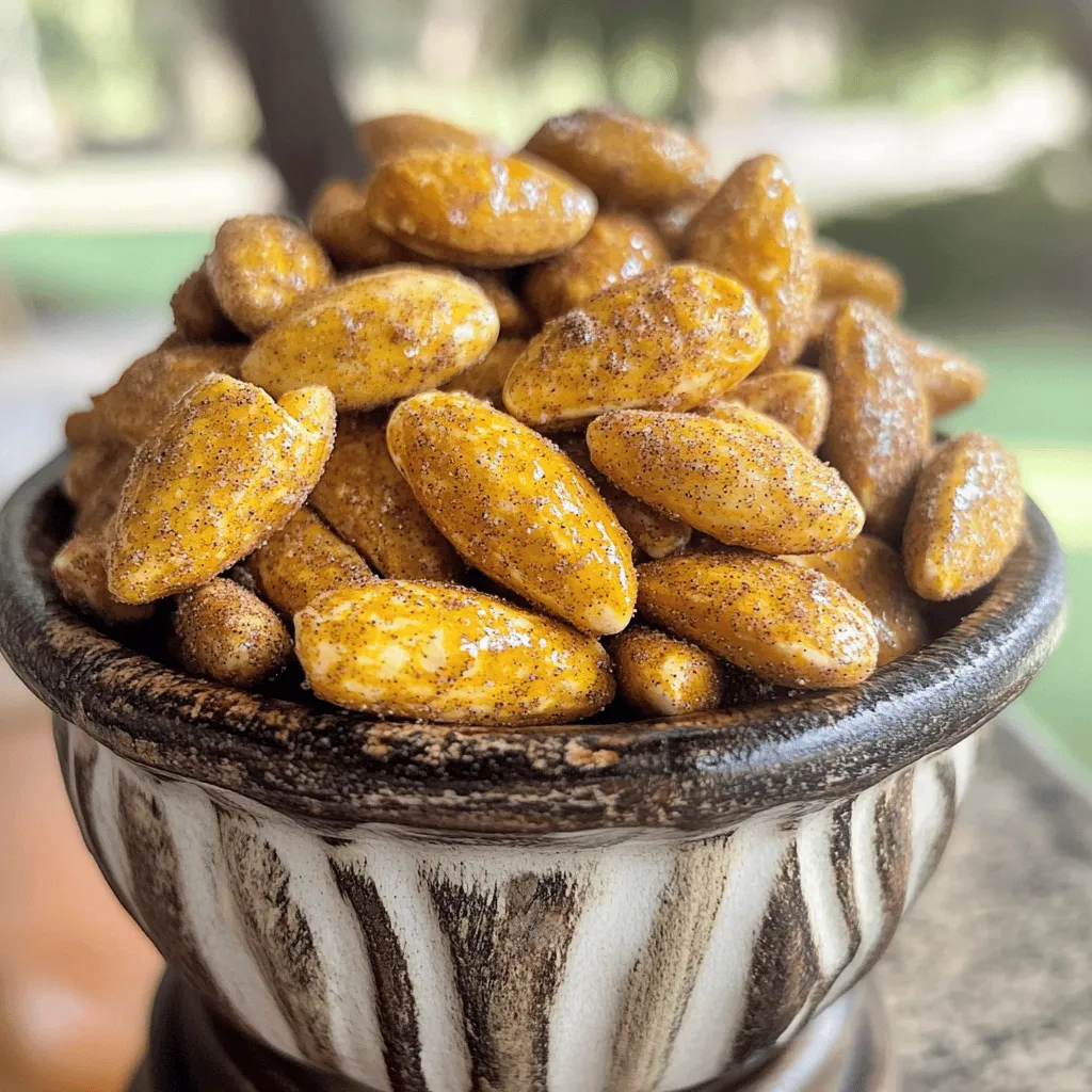 - 2 cups raw almonds - 2 tablespoons coconut oil (melted) - 1 tablespoon maple syrup - 1 teaspoon vanilla extract - 1 teaspoon ground cinnamon - 1/2 teaspoon ground ginger - 1/4 teaspoon ground nutmeg - 1/4 teaspoon ground allspice - 1/4 teaspoon sea salt - 1 tablespoon brown sugar (optional for extra sweetness) The main star of this snack is the raw almonds. They provide a nice crunch and healthy fats. I love using coconut oil because it adds a rich flavor. Maple syrup gives a natural sweetness that pairs well with the spices. - Calories per serving: About 200 calories. - Breakdown of macronutrients: Each serving has around 7g of protein, 18g of fat, and 8g of carbs. - Health benefits of almonds: Almonds are great for your heart. They have fiber, protein, and healthy fats. They can help lower cholesterol and keep you full. This snack is not only tasty but also gives you a boost of energy. Enjoy these Pumpkin Pie Spiced Almonds as a fun treat. If you want to make this snack, check out the Full Recipe! 1. First, preheat your oven to 350°F (175°C). This step is key to getting the almonds crispy. 2. Next, line a baking sheet with parchment paper. This prevents sticking and makes cleanup easy. 3. In a large mixing bowl, combine melted coconut oil, maple syrup, and vanilla extract. Stir until well mixed. 4. Add the raw almonds to the bowl and toss them in the coconut oil mixture. Make sure they are evenly coated. 1. In a small bowl, mix together ground cinnamon, ginger, nutmeg, allspice, and sea salt. This spice blend gives the nuts their warm flavor. 2. If you want extra sweetness, add brown sugar to the spice mix. 3. Sprinkle the spice mixture over the coated almonds. Toss everything together until the almonds are fully coated with the spices. 1. Spread the spiced almonds in a single layer on the prepared baking sheet. This helps them bake evenly. 2. Bake in the oven for 10-12 minutes. Stir halfway through to ensure even roasting. The almonds should turn golden brown and smell great. 3. Once done, remove the baking sheet from the oven. Let the almonds cool completely. The coating will harden as they cool, making them crunchy. 4. Store the cooled Pumpkin Pie Spiced Almonds in an airtight container. They will stay fresh for up to two weeks. For the complete recipe, check the [Full Recipe]. To make your Pumpkin Pie Spiced Almonds unique, adjust the spice levels to your taste. If you love cinnamon, add more. If ginger is your favorite, feel free to boost it. You can also try adding a pinch of clove for an extra kick. For sweeteners, maple syrup works well, but honey and agave are great too. If you want more sweetness, include brown sugar in the spice mix. Just remember to taste as you go! Present your almonds in a fun way. Use a colorful bowl or a glass jar. Tie a ribbon around the jar for a nice touch. You can also sprinkle some extra spices on top for a fancy look. Pair these almonds with drinks like apple cider or spiced tea. They also make a great snack with cheese or crackers. The flavors blend well together! Keep your spiced almonds fresh by storing them in an airtight container. This will keep them crunchy. If you want them to last longer, put the container in the fridge. To extend shelf life, avoid moisture. Make sure your container is dry before adding the almonds. This way, you can enjoy your tasty snack for up to two weeks! {{image_2}} You can switch up the spice blend for fun. Try adding chai spices for a warm twist. Cocoa powder can give a rich chocolate flavor. These changes keep your snack exciting. You can also use different nuts. Walnuts or pecans work great if you want a change. Each nut brings its own taste and texture. Adjust the sweetness to fit your taste. Instead of maple syrup, use honey or agave syrup. Both give a sweet touch that pairs well with spices. If you want less sweetness, skip the brown sugar. This makes a savory snack that is just as tasty. Think about seasonal flavors for a festive treat. In fall, add a hint of clove or cardamom. For winter, try a splash of peppermint extract. You can also mix in dried fruits like cranberries or raisins. This adds texture and bursts of flavor. Use your creativity to make each batch special! For the full recipe, check out the earlier section. You can find Pumpkin Pie Spiced Almonds online. Websites like Amazon and Thrive Market often carry them. Check out local grocery delivery services too. Prices can vary, so compare a few sites. Buying in bulk may save you money if you love these almonds. If you prefer shopping in person, visit health food stores or specialty shops. Whole Foods and Trader Joe's are great options. They often stock unique snacks like spiced almonds. Local farmers’ markets might also have fresh, homemade versions. Don’t forget to ask about samples! Making your own Pumpkin Pie Spiced Almonds has many benefits. You control the ingredients and can adjust the spices. The cost may be lower if you buy raw almonds in bulk. Store-bought options may have added preservatives, which you can avoid by making them at home. For my full recipe, check the earlier section. This way, you can enjoy a fresh, tasty snack with just a bit of effort! To make Pumpkin Pie Spiced Almonds, start by preheating your oven to 350°F (175°C). Line a baking sheet with parchment paper. In a bowl, mix melted coconut oil, maple syrup, and vanilla extract. Toss the raw almonds in this mixture until they are well coated. Next, combine ground cinnamon, ginger, nutmeg, allspice, and sea salt in a separate bowl. If you like it sweeter, add brown sugar. Sprinkle this spice mix over the almonds and toss to coat them. Spread the almonds on the baking sheet and bake for 10 to 12 minutes, stirring halfway through. When they turn golden brown, cool them completely. The coating will harden as they cool. You can find the Full Recipe at the end of this article. Almonds offer many health benefits. They are rich in healthy fats, protein, and fiber. These nutrients help keep you full and satisfied. Almonds also contain vitamin E, which is good for your skin and eyes. They help support heart health by lowering bad cholesterol levels. Eating almonds can also improve blood sugar control. This makes them a great snack for everyone, including those with diabetes. Spiced almonds can last up to two weeks when stored properly. Keep them in an airtight container to maintain freshness. Store the container in a cool, dry place. If you want them to last longer, you can freeze them. Just make sure to use a freezer-safe container. They can stay fresh for about three months in the freezer. Yes, you can easily customize the spice blend! If you love a little more heat, add cayenne pepper. For a sweeter twist, try adding cocoa powder or pumpkin spice. You can also mix different nuts for a unique flavor. Adjust the spices to match your taste. Don't be afraid to experiment and find your perfect blend! This blog post covers delicious Pumpkin Pie Spiced Almonds. We discussed key ingredients, from raw almonds to warm spices. You learned how to prepare, spice, and bake them perfectly. I shared tips for adjusting flavors and serving ideas. Making your own spiced almonds can be fun and rewarding. It's a healthy snack to enjoy anytime. With easy steps and variations, you can impress friends and family. So grab your ingredients and get started. Enjoy your tasty creation!