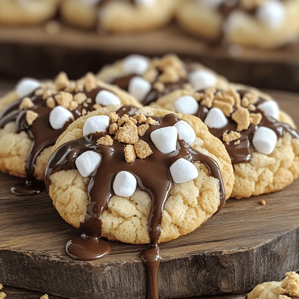 To make these delightful s'mores cookies, you'll need a mix of sweet and rich flavors. Here’s what you should gather: - 1 cup unsalted butter, softened - 3/4 cup brown sugar, packed - 1/2 cup granulated sugar - 1 large egg - 1 teaspoon vanilla extract - 2 cups all-purpose flour - 1 teaspoon baking soda - 1/2 teaspoon salt - 1 cup chocolate chips (milk or semisweet) - 1 cup mini marshmallows - 1/2 cup crushed graham crackers (plus extra for topping) These ingredients create a soft, chewy cookie filled with chocolate, marshmallows, and graham crackers. Each bite evokes the joy of a campfire treat, making them perfect for any occasion. You can find the full recipe above to guide you through each step. Don’t rush; take your time and enjoy the process! 1. Preheat the oven and prepare baking sheets. Set your oven to 350°F (175°C). Line two baking sheets with parchment paper. This helps the cookies not stick. 2. Cream together butter and sugars. In a large bowl, mix 1 cup of softened unsalted butter with 3/4 cup of brown sugar and 1/2 cup of granulated sugar. Beat until light and fluffy. This takes about 2-3 minutes. 3. Add egg and vanilla to the mixture. Crack 1 large egg into the bowl and add 1 teaspoon of vanilla extract. Mix until just combined. This adds a nice flavor to the cookies. 4. Combine wet and dry ingredients. In another bowl, whisk together 2 cups of all-purpose flour, 1 teaspoon of baking soda, and 1/2 teaspoon of salt. Gradually add this dry mix to the wet mixture. Stir until fully combined. 1. Fold in chocolate chips, marshmallows, and graham crackers. Gently mix in 1 cup of chocolate chips, 1 cup of mini marshmallows, and 1/2 cup of crushed graham crackers. Make sure everything is even. 2. Scoop and shape the cookies. Use a cookie scoop or spoon to drop tablespoon-sized balls of dough onto your prepared baking sheets. Leave about 2 inches of space between each cookie. 3. Bake cookies and cooling process. Bake in your preheated oven for 10-12 minutes. The edges should be lightly golden, but the centers will be soft. After baking, let the cookies cool on the sheets for about 5 minutes. Then, move them to a wire rack to cool completely. Enjoy making S'mores Cookies with this full recipe! To make great s'mores cookies, focus on baking times and temperatures. Preheat your oven to 350°F (175°C). Bake the cookies for 10 to 12 minutes. The edges should be lightly golden, but the centers should stay soft. This gives that chewy texture we crave. To check for doneness, look at the edges. If they are firm, it's time to take them out. Remember, the cookies will continue to cook a bit after you pull them from the oven. Let them cool on the baking sheet for about five minutes. This helps them set up nicely. When it comes to chocolate, choose high-quality chocolate chips. Milk chocolate offers a sweet flavor. Semisweet chocolate adds a deeper taste. You can even mix both for a fun twist! For a creative presentation, arrange the cookies on a rustic wooden platter. Stack them with marshmallows and chocolate pieces around. Drizzle some melted chocolate on top for a special touch. This makes your s'mores cookies not just tasty, but also a feast for the eyes. For the full recipe, check out the complete instructions. {{image_2}} You can switch up the flavors in your s'mores cookies with fun mix-ins. Here are two great ideas: - Peanut butter chips and toffee bits: These add a sweet, nutty taste. The peanut butter chips blend well with the chocolate. The toffee bits give a nice crunch and extra sweetness. - Using different types of nuts: Chopped nuts like walnuts or almonds can add a great texture. They also bring a nice, earthy flavor to the cookies. If you need to change the recipe for dietary needs, you have options: - Gluten-free options: You can use gluten-free flour instead of all-purpose flour. This keeps the cookies soft and chewy without gluten. - Vegan substitutions: To make these cookies vegan, replace the egg with a flaxseed egg. Mix one tablespoon of ground flaxseed with three tablespoons of water and let it sit for a few minutes. Use vegan butter instead of regular butter to keep it dairy-free. These variations and adjustments let you enjoy s'mores cookies in new ways. For more details, check out the Full Recipe. To keep your s'mores cookies fresh, store them in an airtight container. This will help maintain their soft and chewy texture. If you have extra cookies, place parchment paper between layers. This prevents them from sticking together. The best containers for cookies are glass or plastic with tight seals. Avoid metal containers, as they can trap moisture. Store your cookies at room temperature for up to five days. For longer storage, consider freezing them. You can freeze both unbaked and baked cookies. For unbaked cookies, scoop the dough onto a tray and freeze until firm. Then, transfer the dough balls to a freezer bag. This way, you can bake fresh cookies anytime! If you freeze baked cookies, let them cool completely first. Wrap each cookie in plastic wrap or foil, then place them in a freezer bag. Baked cookies can last up to three months in the freezer. To thaw frozen cookies, take them out and let them sit at room temperature. For a warm treat, reheat them in the oven at 350°F for about five minutes. Enjoy your delicious s'mores cookies anytime! For the full recipe, check out the earlier sections. Can I make these cookies in advance? Yes, you can make these cookies ahead of time. You can prepare the dough and chill it in the fridge for up to three days. This helps the flavors meld together. When you’re ready, scoop and bake them for fresh cookies anytime. How do I prevent cookies from spreading too much? To stop cookies from spreading, chill the dough before baking. This firms up the butter, making it less likely to melt too fast. Also, make sure you measure your flour correctly. Too little flour can cause more spreading during baking. What can I substitute for graham crackers? If you don’t have graham crackers, use crushed digestive biscuits or vanilla wafers. Both options give a similar taste and texture. You can also use crushed oatmeal cookies for a different flavor twist. You’ve learned how to make delicious s'mores cookies from scratch, step by step. We covered ingredients, mixing, baking, and even storage tips. You can tweak the recipe with different mix-ins or dietary adjustments. Now, you can bake tasty cookies that impress. Enjoy creating a sweet treat for yourself and others. Always remember, baking is fun!