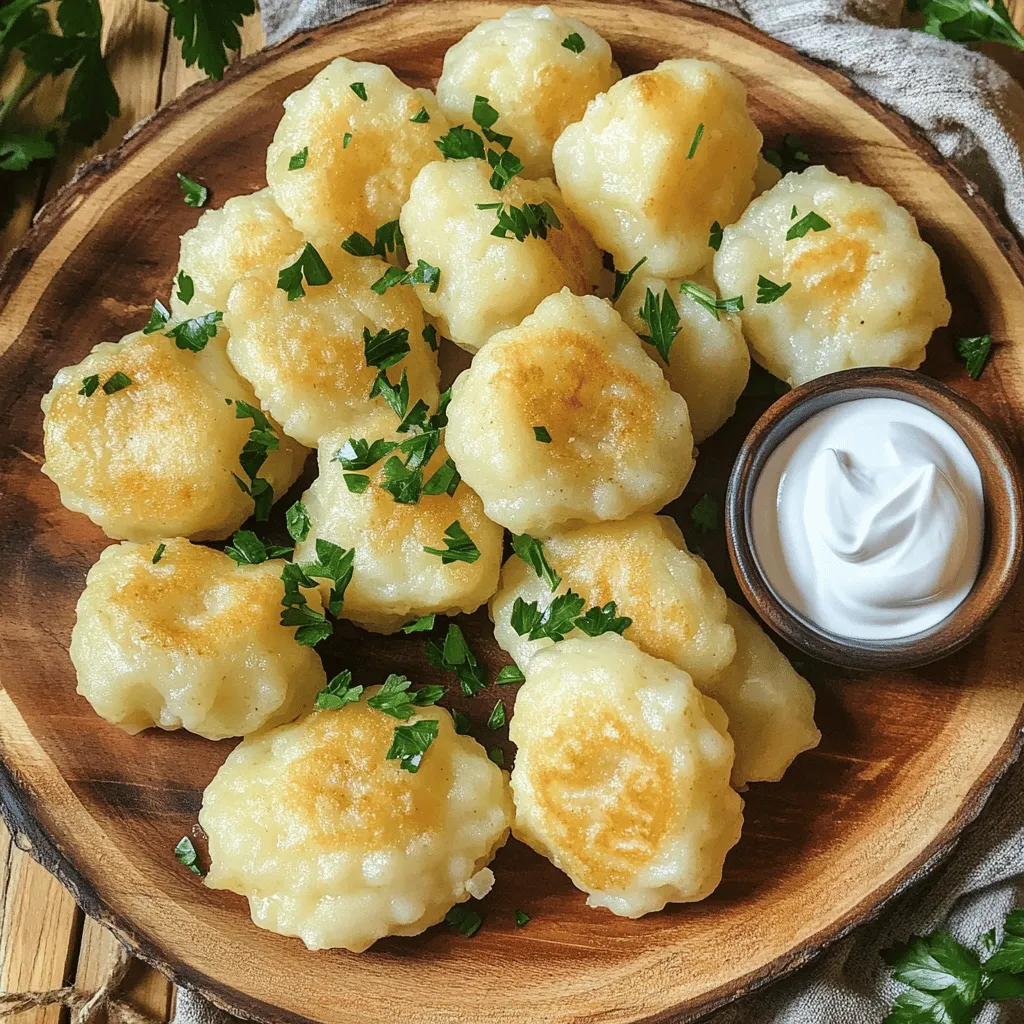 To make tasty German potato dumplings, you need some key items. Here’s what you'll need: - 2 pounds (900g) floury potatoes (like Russet or Yukon Gold) - 1 cup all-purpose flour (plus extra for dusting) - 1 large egg - 1 teaspoon salt - 1 teaspoon garlic powder - ½ teaspoon nutmeg (freshly grated is best) - 2 tablespoons butter (for frying) - Fresh parsley, chopped (for garnish) These ingredients come together to create soft and fluffy dumplings. The floury potatoes are crucial. They give the dumplings the right texture. You can swap ingredients to suit your taste or needs. Here are some ideas: - Potatoes: If floury potatoes are hard to find, you can use starchy potatoes. - Flour: For a gluten-free option, try using gluten-free flour blends. - Egg: If you want a vegan version, you can use a flax egg instead. Mix 1 tablespoon of ground flaxseed with 2.5 tablespoons of water and let it sit for 5 minutes. - Butter: Use olive oil or vegetable oil instead of butter for a lighter option. These swaps still keep the dumplings delicious while catering to different diets. Accurate measuring can make a big difference in your dumpling texture. Here are some tips: - Use a kitchen scale: Weigh your potatoes for precise amounts. - Spoon and level: For flour, spoon it into the measuring cup and level it off with a knife. This avoids packing the flour down. - Room temperature: Make sure your egg is at room temperature. This helps the dough mix better. By measuring correctly, you set your dumplings up for success. First, wash the potatoes well. You want to remove any dirt. Place them in a large pot with salted water. Boil them until they feel soft when poked with a fork. This takes about 30-40 minutes. Once cooked, let them cool for a few minutes. After that, peel off the skins. You can use a potato ricer or a masher to make them smooth. Let the mashed potatoes cool to room temperature. This step is key for the texture of your dumplings. Take a large mixing bowl and combine your cooled mashed potatoes with flour, egg, salt, garlic powder, and nutmeg. Mix it all together until you have a smooth dough. Be careful not to overmix; the dough should be soft but not sticky. If it sticks to your hands, add a little more flour. Once the dough is ready, dust a clean surface with flour. Divide the dough into small pieces and roll each piece into a ball, about the size of a golf ball. Bring a large pot of salted water to a boil. Gently drop in the dumplings in small batches. They are ready when they float to the top, which takes about 5-6 minutes. Use a slotted spoon to take them out and let them drain. Next, melt butter in a large skillet over medium heat. Add your cooked dumplings and sauté them until they turn golden brown and crispy. This should take around 5 minutes. Serve your dumplings hot, garnished with chopped parsley. Enjoy your Cloudy Potato Pillows! Making German potato dumplings can be simple, but some mistakes can ruin them. Here are a few to watch for: - Using the Wrong Potatoes: Choose floury potatoes like Russet or Yukon Gold. Waxier potatoes make the dumplings too dense. - Overworking the Dough: Mix just until combined. Overworking can lead to tough dumplings. - Not Cooling the Potatoes: Let the mashed potatoes cool before mixing. Warm potatoes make a sticky dough. To get fluffy dumplings, focus on texture: - Right Potato Consistency: Use a potato ricer for light, fluffy mashed potatoes. Avoid lumps. - Correct Flour Amount: Add just enough flour to hold the mixture together. Too much makes them heavy. - Gentle Mixing: Mix the ingredients gently. This keeps the dumplings airy and soft. These dumplings are great with many dishes. Here are a few ideas: - Sauces: Serve with rich gravies or creamy sauces. They soak up flavors well. - Sides: Pair with sautéed greens or roasted veggies. This adds color and nutrition. - Toppings: Top with crispy bacon bits, sautéed onions, or a sprinkle of cheese for extra flavor. For the full recipe, check out Cloudy Potato Pillows. Enjoy making these tasty treats! {{image_2}} You can easily change the flavor of your dumplings. Adding cheese makes them creamy and rich. Try mixing in grated cheese like cheddar or mozzarella. Fresh herbs also add a nice touch. Chopped parsley, chives, or thyme can brighten the taste. For a twist, consider adding roasted garlic or sautéed onions for depth. If you need a gluten-free version, you can use gluten-free flour. Look for a blend that works well for baking. Potato starch is another great substitute. The texture will still be soft and fluffy. Just ensure all other ingredients are gluten-free too. German potato dumplings pair wonderfully with many dishes. You can serve them in a rich soup for a warm meal. Try them in a creamy mushroom sauce for added flavor. They also work well with savory gravies. For a light touch, serve them with a drizzle of melted butter and herbs. Enjoy experimenting with different styles! After enjoying your delicious dumplings, store any leftovers promptly. Place them in an airtight container. This helps keep them fresh. You can store them in the fridge. They will last for up to three days. Make sure they cool down before sealing the container. When you're ready to enjoy your leftovers, here’s how to reheat them. You can use a skillet for a great texture. Heat a little butter in the skillet over medium heat. Add the dumplings and sauté until they are warm and crispy. This usually takes about 5 minutes. If you prefer, you can also reheat them in the microwave. Just place them in a microwave-safe dish with a lid. Heat in short bursts, checking often to avoid drying them out. Freezing is a great way to keep dumplings for later. First, let them cool completely. Then, line them on a baking sheet. Make sure they are not touching each other. Freeze them for about 1-2 hours until firm. Once frozen, transfer them to a freezer bag. Be sure to remove as much air as possible. They can last up to three months in the freezer. When you’re ready, cook them directly from frozen. Just add a few extra minutes to the cooking time. Enjoy your Cloudy Potato Pillows whenever you want! The best type of potato for dumplings is a floury potato. I recommend using Russet or Yukon Gold potatoes. These types have a high starch content. This helps create a light and fluffy texture. Waxy potatoes like red or new potatoes do not work well. They tend to make the dumplings dense and heavy. For the best results, stick to floury potatoes. Yes, you can make these dumplings ahead of time. You can prepare the dough and shape the dumplings. After shaping, place them on a floured tray. Make sure they do not touch each other. Cover the tray with plastic wrap and refrigerate. You can keep them in the fridge for a day. If you want to store them longer, freeze them. Just remember to boil them straight from the freezer. Do not thaw them first. You will know the dumplings are done cooking when they float. After you drop them into boiling water, watch closely. It usually takes about 5-6 minutes for them to rise. Once they float to the top, they are ready. Use a slotted spoon to remove them from the pot. Keep an eye on them to avoid overcooking. This helps keep them soft and tasty. You learned about making German potato dumplings from start to finish. We explored the key ingredients, how to prepare them, and tips for perfecting your dish. Remember the common mistakes to avoid and the various serving options. Feel free to try different flavors or gluten-free options. You can store, reheat, or freeze leftovers for later. With these steps, you will enjoy making these dumplings again and again. Happy cooking!