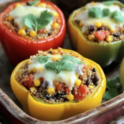 - 4 large bell peppers (red, yellow, or green) - 1 cup quinoa, rinsed - 1 can (15 oz) black beans, rinsed and drained - 1 cup corn (fresh or frozen) - 1 medium onion, diced - 2 cloves garlic, minced - 1 cup diced tomatoes (canned or fresh) - Fresh cilantro or parsley for garnish - 2 cups vegetable broth - 1 teaspoon cumin - 1 teaspoon smoked paprika - 1 teaspoon oregano - Salt and pepper to taste - 1 cup shredded cheese (cheddar or a blend, optional) - Fresh cilantro or parsley for garnish Gathering these fresh ingredients is key for great flavor. The bright colors of the peppers will make your dish pop. Quinoa adds a healthy twist, while black beans and corn bring texture. Don't forget to rinse the quinoa to remove its natural coating, which can taste bitter. You can use canned tomatoes for ease, but fresh ones add a nice touch. If you like cheese, have some shredded cheese ready for that melty goodness on top. Using fresh herbs like cilantro or parsley adds a burst of flavor and color. Check out the Full Recipe for all the steps to create this delicious meal! Start by rinsing the quinoa. This helps remove any bitter taste. In a medium saucepan, bring two cups of vegetable broth to a boil. When the broth boils, add one cup of rinsed quinoa. Reduce the heat and cover the pot. Let it simmer for about 15 minutes. The quinoa is ready when it's fluffy and the liquid is gone. Set it aside for now. Grab your four large bell peppers. You can use red, yellow, or green ones for color. Cut the tops off each pepper and remove the seeds. This makes space for the filling. Drizzle a little olive oil on the outside of the peppers. Place them in a baking dish with the open side facing up. This will help them cook evenly. In a large skillet, heat one tablespoon of olive oil over medium heat. Add a diced onion and two minced garlic cloves. Sauté for about three to four minutes. You want them soft and fragrant. Next, add the cooked quinoa, one can of black beans, one cup of corn, and one cup of diced tomatoes. Stir in one teaspoon each of cumin, smoked paprika, and oregano. Season with salt and pepper to taste. Cook this mixture for about five minutes until it's warm. Carefully spoon the filling into each bell pepper, packing it down gently. If you like, sprinkle cheese on top. Cover the dish with foil and bake at 375°F (190°C) for 25 minutes. Then, remove the foil and bake for another 10 to 15 minutes. The peppers should be tender, and the cheese should look bubbly and golden. Let them cool a bit before serving. Enjoy your tasty stuffed bell peppers! For the complete recipe, check out the Full Recipe. To make perfect quinoa, rinse it well before cooking. This washes away the bitter taste. Use two cups of vegetable broth for one cup of quinoa. This gives it flavor. Bring the broth to a boil, then lower the heat. Cover and simmer for about 15 minutes. You'll know it's done when the grains are fluffy and the liquid is gone. When preparing the bell peppers, cut the tops off and remove the seeds. Make sure they sit flat in the baking dish. Drizzle olive oil on the outside for added taste. Cover the dish with foil while baking for the first 25 minutes. This keeps the peppers moist and helps them cook evenly. Remove the foil for the last 10 to 15 minutes to allow the tops to brown nicely. Cheese adds a rich flavor to your stuffed peppers, but you can mix it up. Try mixing different cheeses like mozzarella or feta. If you want a healthier option, use dairy-free cheese. You can also skip the cheese entirely for a lighter meal. Just focus on the wonderful flavors of quinoa and veggies. You can find many other options in the full recipe to suit your taste. {{image_2}} You can easily add ground meat to your stuffed peppers. Chicken, turkey, or beef all work well. Start by browning the meat in your skillet before adding the onions and garlic. This step adds flavor and keeps the meat juicy. Once cooked, mix in the other filling ingredients. The meat will add a hearty touch that many enjoy. For a vegan twist, skip the cheese or use dairy-free cheese. There are many tasty options available. Look for brands made from nuts or soy. These can melt and taste great in your stuffed peppers. You can also sprinkle nutritional yeast on top for a cheesy flavor without dairy. It adds extra nutrients too! If you want to change the grain, consider using rice or farro. Both are simple swaps that can give a new taste. Cook them according to package instructions before adding them to your filling. You can also mix different grains for a more complex flavor profile. This flexibility makes the recipe fun and adaptable. Feel free to explore these variations to create your perfect stuffed bell peppers. For the complete recipe, check out the Full Recipe section. After you enjoy your stuffed bell peppers, store any leftovers in the fridge. Place them in an airtight container. They will stay fresh for about three to four days. To make sure they taste great, eat them within this time. Always let the peppers cool to room temperature before sealing them up. If you want to keep your stuffed peppers for a longer time, freezing is a great option. Wrap each pepper tightly in plastic wrap or aluminum foil. Then, place them in a freezer bag or container. They can last up to three months in the freezer. When you're ready to eat them, just thaw in the fridge overnight. To reheat your stuffed peppers, start by preheating your oven to 350°F (175°C). Remove the peppers from the fridge or freezer and let them sit for a few minutes. Place them in a baking dish and cover with foil to keep them moist. Heat in the oven for about 20-30 minutes. If frozen, they may take longer. You can also microwave them for a quicker option. Just be sure to cover them to prevent drying out. Enjoy your delicious meal again! Yes, you can use many kinds of peppers. Bell peppers are the best choice. They are sweet and hold their shape well. You can try poblano or Anaheim peppers for a twist. These peppers may be spicier but offer a nice flavor. To spice up your stuffed peppers, add chili powder or cayenne pepper. You can mix in jalapeños or diced green chilies. For a flavor boost, use pepper jack cheese instead of cheddar. You can also drizzle hot sauce on top before serving for extra heat. Quinoa is packed with protein and fiber. It has all nine essential amino acids, making it a complete protein. This grain is also gluten-free, making it great for many diets. Quinoa is high in vitamins and minerals, like magnesium and iron. It can help keep you full and satisfied, making it a smart choice for any meal. For the full recipe, check out the details above. You learned about the key ingredients and steps to make stuffed peppers. I shared tips to perfect your dish, from quinoa texture to cheese swaps. Variations let you customize based on your diet, while storage info keeps leftovers fresh. Remember, with these guidelines, you can create your own tasty version. Enjoy exploring flavors, and have fun cooking!