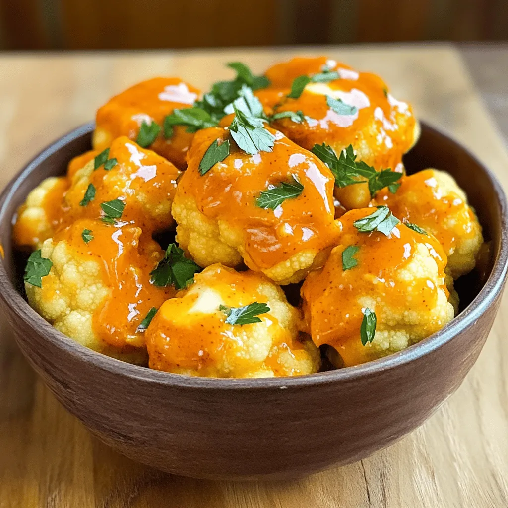 - 1 medium head of cauliflower, cut into bite-sized florets - 1 cup all-purpose flour (or almond flour for a gluten-free option) - 1 cup water - 1 cup buffalo sauce (store-bought or homemade) - 2 tablespoons melted butter (or plant-based alternative) For the main part of this recipe, the star is the cauliflower. It gives a nice crunch and absorbs flavors well. You can choose regular flour or almond flour if you're gluten-free. - 1 teaspoon garlic powder - 1 teaspoon onion powder - 1 teaspoon paprika - Salt and pepper to taste These seasonings add depth to the flavor. Garlic powder brings that savory taste. Onion powder gives it sweetness, while paprika adds a smoky hint. Don't forget to adjust the salt and pepper to your liking. - Use plant-based butter instead of regular butter for a vegan option. - Try gluten-free flour options like chickpea flour or coconut flour if needed. You can easily swap out regular ingredients for plant-based ones. This keeps the dish friendly for all diets. These simple changes keep the taste while making it suitable for everyone. Cutting the florets Start by washing the cauliflower. Cut it into bite-sized florets. Aim for even sizes to ensure they cook well. The smaller the pieces, the crispier they get. Making the batter In a bowl, mix the flour, water, garlic powder, onion powder, paprika, salt, and pepper. Whisk until the batter is smooth. The right consistency is key; it should coat the florets well. Preheating the air fryer Before you start, preheat your air fryer to 400°F (200°C). This step takes about five minutes. A hot fryer helps the bites become crispy. Coating and placing florets Dip each floret into the batter. Make sure each piece is fully coated. Let any extra batter drip off. Place the coated florets in the air fryer basket in a single layer. Avoid overcrowding to ensure even cooking. Mixing with buffalo sauce While the florets cook, mix the buffalo sauce with melted butter in a bowl. This adds richness to the sauce. Stir well to combine the flavors. Set sauce in air fryer Once the cauliflower is golden brown, transfer it to a bowl. Pour the buffalo sauce mixture over the florets. Toss them gently to coat each floret. Return the sauced cauliflower to the air fryer for 2-3 minutes. This sets the sauce and makes it stick better. Enjoy your Air Fryer Cauliflower Buffalo Bites using the Full Recipe for perfect results! To get that perfect crispiness, follow these tips: - Use a light batter. A thick layer can make them soggy. - Shake the basket mid-cook. This helps them fry evenly. - Use a single layer. Crowding the basket leads to steaming, not frying. If your air fryer is small, cook in batches. This keeps the bites crispy and golden. Boost the flavor with these ideas: - Add spices to the batter. Try cayenne for heat or smoked paprika for depth. - Experiment with dipping sauces. Ranch, blue cheese, or even hummus pair well. Mix and match sauces for fun flavor combos! Pair your bites with these sides: - Fresh veggie sticks for crunch. - A simple salad for freshness. - Crispy sweet potato fries for a twist. For presentation, use a colorful plate. Garnish with parsley to make it pop. The bright green adds a nice touch to the dish. For the full recipe, check out the details above! {{image_2}} Each serving of Air Fryer Cauliflower Buffalo Bites has about 150 calories. This is a great snack option. The dish uses fresh cauliflower, flour, and buffalo sauce, making it filling and tasty. Cauliflower is low in calories but high in fiber. This means you can enjoy these bites without guilt. - Cauliflower is rich in vitamins C and K. - Flour alternatives like almond flour add healthy fats. - Buffalo sauce gives flavor without extra calories. These bites are both vegan and gluten-free. You can use almond flour instead of regular flour. This makes it perfect for those who avoid gluten. For a low-carb version, skip the flour and use a light batter. This keeps the bites crispy and delicious. Cauliflower offers many health benefits. It is low in carbs but high in nutrients. This veggie supports digestion and helps with weight loss. Using an air fryer is a smart choice, too. It reduces oil usage while keeping food crispy. Air frying cuts down on calories, making it a healthier option. You can switch up the taste of your cauliflower buffalo bites easily. If you want them spicier, add more hot sauce to the buffalo sauce. You can mix in a pinch of cayenne pepper or chili powder for extra heat. For a sweet and spicy twist, try adding honey or maple syrup to the buffalo sauce. This balance of sweet and heat will surprise your taste buds and keep you coming back for more. You don’t have to stick to just cauliflower. Broccoli or Brussels sprouts make great substitutes. They will soak up the flavor just like cauliflower. For sauces, try barbecue sauce or teriyaki sauce. These alternatives add a different flair to your bites. You can even mix sauces for a unique taste. Experiment and find your favorite combo! If you don’t have an air fryer, you can bake these bites in the oven. Preheat it to 425°F (220°C) and spread the battered florets on a baking sheet. Bake for about 25-30 minutes, flipping halfway through. This method gives you a nice crunch, too. For a pan-fried option, heat oil in a skillet. Fry the battered florets until golden brown, about 3-4 minutes per side. Both methods work well, so choose what fits your kitchen! For the full recipe, check out the details above. To get the best results, air fry the cauliflower bites for 12-15 minutes. This time makes them golden brown and crispy. Halfway through cooking, shake the basket. This helps them cook evenly. Each air fryer may cook a bit differently, so check for crispiness. Yes, you can make buffalo bites ahead of time. Store them in an airtight container in the fridge. They can stay fresh for up to three days. When ready to eat, reheat them in the air fryer at 350°F (175°C) for about 5-7 minutes. This keeps them crispy. The classic choice is buffalo sauce. You can use store-bought or make your own. For a twist, mix in some honey for sweetness. You can also try BBQ sauce or ranch dressing for a different flavor. Feel free to customize the heat level by adding hot sauce or spices. For the full recipe, check out the Air Fryer Cauliflower Buffalo Bites. This guide covered everything from choosing ingredients to cooking and serving buffalo cauliflower bites. We explored main ingredients like cauliflower and flour alternatives, along with seasonings and substitutions. I shared step-by-step instructions and offered tips for perfecting texture and flavor. You now know how to create variations and understand the nutritional benefits they provide. Enjoy the process of making these bites and experiment with different flavors. You have all you need to impress your guests and enjoy a delicious, healthy snack!