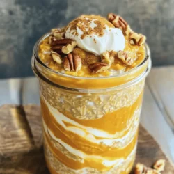 To make pumpkin spice overnight oats, you need simple and tasty ingredients. Here’s what you will need: - 1 cup rolled oats - 1 cup almond milk (or any milk of your choice) - ½ cup canned pumpkin puree - 1 tablespoon maple syrup (or honey) - 1 teaspoon pumpkin spice blend (cinnamon, nutmeg, ginger, allspice) - ½ teaspoon vanilla extract - Pinch of salt These ingredients blend well to create a warm, cozy flavor. The oats soak up the milk and pumpkin, making them soft and rich. Toppings can make your pumpkin spice overnight oats even better. Here are some fun ideas: - Chopped pecans or walnuts - A dollop of Greek yogurt - A sprinkle of additional pumpkin spice - Sliced bananas or apples - A drizzle of extra maple syrup Feel free to mix and match these toppings. They add crunch and creaminess to your dish. If you have dietary needs, you can easily adjust the recipe. Here are some swaps: - Use coconut milk for dairy-free oats. - Swap maple syrup with agave nectar for a vegan option. - Choose gluten-free oats for a gluten-free meal. - Replace pumpkin puree with applesauce for a lighter taste. These substitutions keep the flavor while fitting your needs. You can enjoy pumpkin spice overnight oats no matter your diet. For the full recipe, check out the recipe section. To make pumpkin spice overnight oats, gather your ingredients. You need rolled oats, almond milk, canned pumpkin puree, maple syrup, pumpkin spice blend, vanilla extract, and a pinch of salt. In a large bowl, combine the rolled oats, almond milk, pumpkin puree, maple syrup, and vanilla extract. Mix them well. Add the pumpkin spice blend and salt. Stir until everything blends smoothly. The goal is to have a creamy and thick mixture. If it feels too thick, add a bit more almond milk. This helps the oats soak up the flavors overnight. Make sure there are no clumps in the mixture. This ensures every bite tastes good. Transfer the oat mixture into jars or airtight containers. Seal them tightly to keep them fresh. Place the containers in the refrigerator overnight, or for at least four hours. When you are ready to serve, stir the oats. This fluffs them up and makes them nice. You can top them with chopped pecans or walnuts, a dollop of Greek yogurt, and a sprinkle of pumpkin spice. Enjoy your cozy and healthy delight! For the complete recipe, check out the Full Recipe. To get creamy oats, use rolled oats. They absorb liquid well. Mix your oats with milk and pumpkin puree. Stir it well to avoid lumps. Let the oats sit overnight. This helps them soak up all the flavors. If your oats seem too thick, add a splash of milk before serving. This makes them smooth and tasty. Make your pumpkin spice overnight oats in advance. Prep them on a Sunday for the week. Store them in jars for easy grab-and-go breakfasts. You can also double the recipe. This means fewer mornings spent cooking. Just remember to keep them in the fridge. They will stay fresh and tasty for you. Want to change up the flavor? Use different milk types. Almond milk adds a nice touch, but try oat or coconut milk too. Add extra toppings like nuts or seeds. They give your oats a nice crunch. Drizzle a bit more maple syrup for added sweetness. You can also sprinkle on some chocolate chips. This makes every bite a little more special. For the full recipe, check out the details above. {{image_2}} I love changing my pumpkin spice overnight oats with the seasons. In winter, try adding cocoa powder for a chocolate twist. In spring, swap pumpkin for mashed bananas. Summer is perfect for mixed berries, which add a fresh taste. Each season brings new flavors, keeping breakfast fun and exciting. If you want to make this dish fit your diet, there are easy swaps. For a gluten-free option, use gluten-free oats. If you're dairy-free, almond milk or coconut milk work great. For a lower sugar option, skip the maple syrup or use a sugar substitute. These swaps make the recipe fit your needs without losing taste. To boost the nutrition of your overnight oats, add protein or fiber. You can stir in a scoop of protein powder or chia seeds. Both options mix well and add extra nutrients. You might also try using Greek yogurt as a topping. It packs protein and makes your bowl even creamier. These small changes help you stay full longer and keep your energy up. To keep your pumpkin spice overnight oats fresh, use airtight containers. Glass jars work well and look pretty too. Just make sure each jar is sealed tight. This prevents air from getting in and keeps your oats tasty. In the fridge, your oats last about 3 to 5 days. They get better as they sit and soak up flavors. If you notice any odd smells or changes in texture, it’s best to toss them out. Always trust your senses! You can freeze your oats for up to 3 months. Just fill the jars or containers, but leave space for expansion. When you’re ready to eat, thaw them in the fridge overnight. You can also heat them up in the microwave or on the stove. This way, you have a cozy and healthy meal ready to go! Enjoy your pumpkin spice overnight oats any time you want! Pumpkin spice overnight oats last for about 3 to 5 days in the fridge. Keep them in sealed jars or containers. This way, they stay fresh and tasty. If they start to smell sour or look off, it’s best to toss them. Yes, you can use steel-cut oats. However, they need more time to soak. Steel-cut oats may take longer to soften, so let them soak overnight or even longer. The texture will be chewier than rolled oats. To make vegan pumpkin spice overnight oats, use almond milk or another plant-based milk. Instead of honey, use maple syrup. All other ingredients in the recipe are already vegan-friendly. Pumpkin spice overnight oats offer many health benefits. They are high in fiber, which helps digestion. Pumpkin adds vitamin A, which is good for your eyes. Oats are great for heart health, too. The nuts on top provide healthy fats and protein. Overall, this dish is a healthy start to your day. For the full recipe, check out [Full Recipe]. Pumpkin spice overnight oats are easy and delicious. We covered the key ingredients, step-by-step prep, and tips to make them creamy. You can customize flavors with toppings and dietary swaps. Remember to store them properly for freshness. These oats fit any diet and save time in the morning. Enjoy a tasty, healthy breakfast that boosts energy. Make them your own with different flavors and toppings. You’ll love how simple and fun they are to prepare.