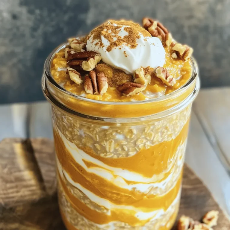To make pumpkin spice overnight oats, you need simple and tasty ingredients. Here’s what you will need: - 1 cup rolled oats - 1 cup almond milk (or any milk of your choice) - ½ cup canned pumpkin puree - 1 tablespoon maple syrup (or honey) - 1 teaspoon pumpkin spice blend (cinnamon, nutmeg, ginger, allspice) - ½ teaspoon vanilla extract - Pinch of salt These ingredients blend well to create a warm, cozy flavor. The oats soak up the milk and pumpkin, making them soft and rich. Toppings can make your pumpkin spice overnight oats even better. Here are some fun ideas: - Chopped pecans or walnuts - A dollop of Greek yogurt - A sprinkle of additional pumpkin spice - Sliced bananas or apples - A drizzle of extra maple syrup Feel free to mix and match these toppings. They add crunch and creaminess to your dish. If you have dietary needs, you can easily adjust the recipe. Here are some swaps: - Use coconut milk for dairy-free oats. - Swap maple syrup with agave nectar for a vegan option. - Choose gluten-free oats for a gluten-free meal. - Replace pumpkin puree with applesauce for a lighter taste. These substitutions keep the flavor while fitting your needs. You can enjoy pumpkin spice overnight oats no matter your diet. For the full recipe, check out the recipe section. To make pumpkin spice overnight oats, gather your ingredients. You need rolled oats, almond milk, canned pumpkin puree, maple syrup, pumpkin spice blend, vanilla extract, and a pinch of salt. In a large bowl, combine the rolled oats, almond milk, pumpkin puree, maple syrup, and vanilla extract. Mix them well. Add the pumpkin spice blend and salt. Stir until everything blends smoothly. The goal is to have a creamy and thick mixture. If it feels too thick, add a bit more almond milk. This helps the oats soak up the flavors overnight. Make sure there are no clumps in the mixture. This ensures every bite tastes good. Transfer the oat mixture into jars or airtight containers. Seal them tightly to keep them fresh. Place the containers in the refrigerator overnight, or for at least four hours. When you are ready to serve, stir the oats. This fluffs them up and makes them nice. You can top them with chopped pecans or walnuts, a dollop of Greek yogurt, and a sprinkle of pumpkin spice. Enjoy your cozy and healthy delight! For the complete recipe, check out the Full Recipe. To get creamy oats, use rolled oats. They absorb liquid well. Mix your oats with milk and pumpkin puree. Stir it well to avoid lumps. Let the oats sit overnight. This helps them soak up all the flavors. If your oats seem too thick, add a splash of milk before serving. This makes them smooth and tasty. Make your pumpkin spice overnight oats in advance. Prep them on a Sunday for the week. Store them in jars for easy grab-and-go breakfasts. You can also double the recipe. This means fewer mornings spent cooking. Just remember to keep them in the fridge. They will stay fresh and tasty for you. Want to change up the flavor? Use different milk types. Almond milk adds a nice touch, but try oat or coconut milk too. Add extra toppings like nuts or seeds. They give your oats a nice crunch. Drizzle a bit more maple syrup for added sweetness. You can also sprinkle on some chocolate chips. This makes every bite a little more special. For the full recipe, check out the details above. {{image_2}} I love changing my pumpkin spice overnight oats with the seasons. In winter, try adding cocoa powder for a chocolate twist. In spring, swap pumpkin for mashed bananas. Summer is perfect for mixed berries, which add a fresh taste. Each season brings new flavors, keeping breakfast fun and exciting. If you want to make this dish fit your diet, there are easy swaps. For a gluten-free option, use gluten-free oats. If you're dairy-free, almond milk or coconut milk work great. For a lower sugar option, skip the maple syrup or use a sugar substitute. These swaps make the recipe fit your needs without losing taste. To boost the nutrition of your overnight oats, add protein or fiber. You can stir in a scoop of protein powder or chia seeds. Both options mix well and add extra nutrients. You might also try using Greek yogurt as a topping. It packs protein and makes your bowl even creamier. These small changes help you stay full longer and keep your energy up. To keep your pumpkin spice overnight oats fresh, use airtight containers. Glass jars work well and look pretty too. Just make sure each jar is sealed tight. This prevents air from getting in and keeps your oats tasty. In the fridge, your oats last about 3 to 5 days. They get better as they sit and soak up flavors. If you notice any odd smells or changes in texture, it’s best to toss them out. Always trust your senses! You can freeze your oats for up to 3 months. Just fill the jars or containers, but leave space for expansion. When you’re ready to eat, thaw them in the fridge overnight. You can also heat them up in the microwave or on the stove. This way, you have a cozy and healthy meal ready to go! Enjoy your pumpkin spice overnight oats any time you want! Pumpkin spice overnight oats last for about 3 to 5 days in the fridge. Keep them in sealed jars or containers. This way, they stay fresh and tasty. If they start to smell sour or look off, it’s best to toss them. Yes, you can use steel-cut oats. However, they need more time to soak. Steel-cut oats may take longer to soften, so let them soak overnight or even longer. The texture will be chewier than rolled oats. To make vegan pumpkin spice overnight oats, use almond milk or another plant-based milk. Instead of honey, use maple syrup. All other ingredients in the recipe are already vegan-friendly. Pumpkin spice overnight oats offer many health benefits. They are high in fiber, which helps digestion. Pumpkin adds vitamin A, which is good for your eyes. Oats are great for heart health, too. The nuts on top provide healthy fats and protein. Overall, this dish is a healthy start to your day. For the full recipe, check out [Full Recipe]. Pumpkin spice overnight oats are easy and delicious. We covered the key ingredients, step-by-step prep, and tips to make them creamy. You can customize flavors with toppings and dietary swaps. Remember to store them properly for freshness. These oats fit any diet and save time in the morning. Enjoy a tasty, healthy breakfast that boosts energy. Make them your own with different flavors and toppings. You’ll love how simple and fun they are to prepare.