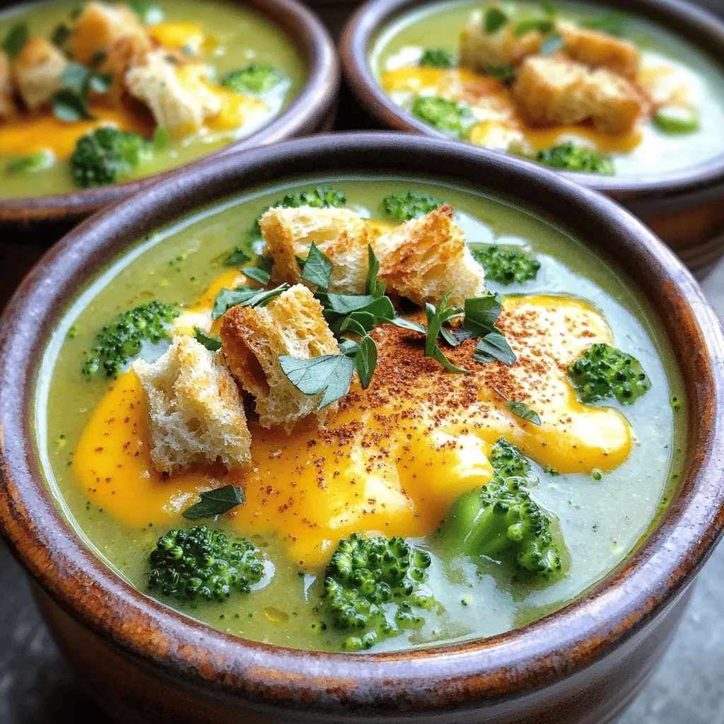 This slow cooker broccoli cheese soup is a creamy delight. It blends fresh broccoli with sharp cheddar cheese. The soup is easy to make and perfect for chilly days. Here’s what you will need: - 4 cups fresh broccoli florets - 1 medium onion, diced - 2 cloves garlic, minced - 3 cups vegetable broth - 2 cups sharp cheddar cheese, shredded - 1 cup heavy cream - 1 teaspoon Dijon mustard - 1/2 teaspoon smoked paprika - Salt and pepper to taste - 1 tablespoon olive oil To make your soup even better, you can add: - Croutons for crunch - Extra cheese for a gooey touch - Fresh herbs like parsley or chives for color These extras will give your bowl a nice finish and more flavor. First, gather your ingredients. You need fresh broccoli, onion, garlic, and vegetable broth. I like to use sharp cheddar cheese for the best flavor. Start by heating olive oil in a skillet over medium heat. Add the diced onion and sauté for about five minutes until it turns soft. Then, add minced garlic and cook for one more minute. This step builds a great base for your soup. Next, transfer the sautéed onion and garlic into your slow cooker. Add the broccoli florets and vegetable broth. Stir the mixture gently to combine all the flavors. Make sure the broccoli is well-coated in the broth. Now it's time to let the slow cooker work its magic. Cover the slow cooker and set it to low for four to five hours. If you're short on time, you can set it to high for two to three hours. The key is to wait until the broccoli is tender. You want it soft enough for blending but not mushy. After the cooking time is up, it’s blending time! Use an immersion blender to puree the soup directly in the slow cooker. If you don’t have one, carefully transfer the soup in batches to a regular blender. Be very careful, as the soup will be hot. Blend until the soup is smooth. After blending, stir in heavy cream, Dijon mustard, smoked paprika, and shredded cheddar cheese. Allow the cheese to melt fully, and season with salt and pepper to taste. If you like a thicker soup, leave it on low for another 30 minutes to an hour. This creamy and savory treat is sure to delight anyone who tries it! You can find the [Full Recipe] to guide you through this delicious dish. To boost the taste of your soup, use fresh ingredients. Fresh broccoli shines in this dish. I love adding a pinch of nutmeg for warmth. It blends well with cheese. A splash of lemon juice brightens the flavors, too. Don’t forget to taste as you cook, adjusting salt and pepper to your liking. For a smoky touch, try using smoked cheddar instead of regular. To get that creamy, thick texture, start with heavy cream. If you want a lighter version, use half-and-half. Another trick is to blend some of the soup, then mix it back in. This adds body without losing flavor. If your soup is too thin, let it cook longer. You can also add a bit of cornstarch mixed with water to thicken it up quickly. Serving matters just as much as taste. Pour the soup into warm bowls to keep it hot. Top each bowl with extra cheese for a melty finish. A sprinkle of smoked paprika adds color. Croutons give a nice crunch, making each bite special. Fresh herbs like parsley or chives can brighten the dish and add a pop of color. Your slow cooker broccoli cheese soup will impress everyone! For the complete recipe, check out the Full Recipe section. {{image_2}} You can change up the cheese to suit your taste. While sharp cheddar gives a nice bite, you can try other cheeses too. Gruyère adds a rich flavor. Monterey Jack melts well and keeps it creamy. For a tangy twist, use pepper jack. Mixing cheeses can create a complex taste. Just keep the total amount similar to the recipe. Want to make your soup heartier? Adding proteins or grains is a great idea. Cooked chicken or turkey can add protein and make it filling. If you prefer plant-based options, try adding cooked lentils or chickpeas. You can also mix in some quinoa or rice. These additions will give the soup more texture and make it a full meal. To make this soup vegan, swap the cheese and cream for plant-based options. Use cashew cream or coconut milk for creaminess. Nutritional yeast can give a cheesy flavor without dairy. Instead of cheddar, look for vegan cheese that melts well. These swaps keep the soup tasty and creamy. You can still enjoy all the warming flavors in this vegan version. To keep your slow cooker broccoli cheese soup fresh, store it in an airtight container. Let it cool before sealing. This helps prevent condensation and keeps the soup creamy. Place the container in the fridge. It can stay fresh for about 3 to 4 days. If you plan to eat it later, keep the toppings separate until serving. You can freeze this soup for later use. First, let it cool completely in the fridge. Then, transfer the soup to a freezer-safe container. Leave some space at the top for expansion. It can last in the freezer for about 3 months. When you're ready to enjoy it, thaw it in the fridge overnight. To reheat your soup, use a pot on the stove over low heat. Stir often to avoid burning. If the soup seems thick, add a bit of broth or water to loosen it up. You can also use a microwave. Heat it in short bursts, stirring in between. This keeps the soup smooth and creamy. For the best flavor, enjoy it warm with your favorite toppings. The cook time for slow cooker broccoli cheese soup is about 4-5 hours on low. If you are in a hurry, you can cook it on high for 2-3 hours. Either way, the goal is to make the broccoli tender and blend well with the cheese. Yes, you can use frozen broccoli! Just make sure to add it directly to the slow cooker without thawing. Frozen broccoli cooks well and will still give you that creamy texture. It may take a little less time, so check it after about 3-4 hours on low. For the best storage, let the soup cool first. Then, place it in an airtight container. You can keep it in the fridge for up to 3-4 days. If you want to keep it longer, consider freezing it. Just make sure to leave some space in the container for expansion. To make this soup gluten-free, simply use gluten-free vegetable broth. Also, check the cheese you use. Some brands may add gluten ingredients. With these changes, you can enjoy this creamy soup without worry. For a delicious twist, consider adding gluten-free croutons on top. For the full recipe, you will find all the details you need to create this comforting dish. In this article, we explored a delicious slow cooker broccoli cheese soup recipe. We covered ingredients, preparation, and tips to enhance flavor. We also looked at variations to suit different diets and storage advice for leftovers. Remember, the right tools and techniques can make cooking fun! Share this recipe with friends and enjoy a warm bowl together. Cooking is about creativity and joy, so keep experimenting and have fun!