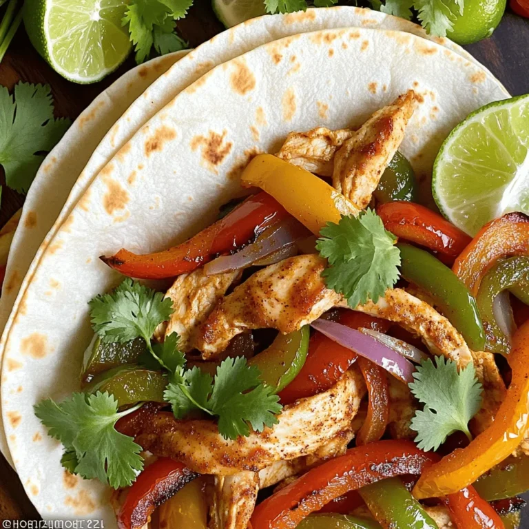 - 1 ½ lbs boneless, skinless chicken breasts, sliced into thin strips - 1 red bell pepper, sliced - 1 green bell pepper, sliced - 1 yellow onion, sliced - 2 tablespoons olive oil - 2 teaspoons chili powder - 1 teaspoon cumin - 1 teaspoon paprika - 1 teaspoon garlic powder - 1 teaspoon onion powder - Salt and pepper to taste Chicken breast forms the heart of your fajitas. It cooks quickly and remains juicy. Bell peppers add a sweet crunch and vibrant color. Onion gives a flavorful base to the dish. Spices elevate these fajitas. Chili powder gives warmth, while cumin adds depth. Paprika brings smokiness, and garlic and onion powders enhance the taste. Salt and pepper tie it all together. - 8 small flour tortillas - Fresh cilantro, chopped (for garnish) - Lime wedges (for serving) Tortillas hold your fajitas together. Flour tortillas are soft and chewy. You can use corn tortillas if you prefer a gluten-free option. Fresh cilantro adds a bright, herbal note. Lime wedges provide a zesty kick to balance the flavors. - Baking sheet - Mixing bowl A baking sheet helps to roast the chicken and veggies evenly. Line it with parchment for easy cleanup. A mixing bowl is essential for combining the ingredients seamlessly. It makes tossing spices with the chicken and veggies a breeze. For the full recipe, check out the Oven-Baked Chicken Fajitas Full Recipe. 1. Preheating the oven: Set your oven to 400°F (200°C). This will ensure even cooking for your fajitas. 2. Preparing the chicken and vegetables: Slice 1 ½ lbs of chicken breasts into thin strips. Then, chop 1 red bell pepper, 1 green bell pepper, and 1 yellow onion. This mix will add color and taste. 1. Coating and arranging on the baking sheet: In a large bowl, combine the chicken, bell peppers, and onion. Drizzle 2 tablespoons of olive oil over the mix. Add spices: 2 teaspoons of chili powder, 1 teaspoon each of cumin, paprika, garlic powder, onion powder, and some salt and pepper. Toss everything until well coated. Line a baking sheet with parchment paper or foil for easy cleanup. Spread the chicken and veggies evenly in a single layer on the sheet. 2. Baking time and temperature: Place the baking sheet in the oven. Bake for 25-30 minutes. The chicken should be cooked through, and the veggies should be tender and slightly caramelized. 1. Warming tortillas: While the fajitas bake, warm 8 small flour tortillas. You can use a dry skillet over medium heat for about 30 seconds on each side or microwave them for about 20 seconds until soft. 2. Assembling fajitas: Once the chicken and veggies are done, take them out of the oven and let them cool a bit. Serve the mixture in the warm tortillas. Garnish with fresh cilantro and a squeeze of lime juice for added flavor. Enjoy this simple and tasty dish! For more details, check out the Full Recipe. - Ensuring chicken is tender To keep chicken juicy, don’t overcook it. Cook the chicken until it reaches 165°F. Use a meat thermometer for accuracy. Marinating the chicken in olive oil and spices helps too. Let it sit for at least 15 minutes before baking. This step adds flavor and moisture. - Vegetable caramelization tips For sweet, caramelized veggies, spread them evenly on the baking sheet. This allows hot air to circulate. Use high heat, around 400°F, to get a nice char. You can also toss the veggies with a pinch of sugar. This enhances their natural sweetness. - Garnishing ideas Fresh cilantro adds a pop of color and flavor. A squeeze of lime juice brightens the dish. You can also add sliced avocados or diced tomatoes for freshness. Consider crumbled feta or shredded cheese for richness. - Pairing options Serve these fajitas with a side of rice or beans. Guacamole or salsa makes a great dip. You can also add a simple salad for crunch. A cold drink, like lemonade or iced tea, complements the meal perfectly. - Using whole grain tortillas Whole grain tortillas are a great swap. They add fiber and nutrients. This small change makes the dish healthier. They also have a nutty flavor that pairs well with the fajitas. - Adding more vegetables Feel free to add more veggies like zucchini or mushrooms. This boosts the dish's nutrition and flavor. You can also substitute some chicken with beans for a plant-based option. This keeps it filling while reducing calories. {{image_2}} You can switch chicken for beef or shrimp in this recipe. Beef gives a rich flavor, while shrimp cooks fast and adds a nice twist. Just cut the beef into thin strips or use peeled shrimp for quick cooking. You can also try a vegetarian option. Use firm tofu or tempeh as the main protein. This choice makes the dish filling and tasty without meat. Spice up your fajitas with different spices. Try adding cayenne pepper for heat or smoked paprika for a deeper flavor. You can also mix in some oregano for a fresh note. If you love heat, incorporate salsa or hot sauce. A scoop of your favorite salsa adds moisture and tang. Hot sauce brings a spicy kick that can wake up your taste buds. For a fun twist, use lettuce wraps instead of tortillas. Lettuce keeps it light and fresh. Simply lay the cooked chicken and veggies on a large leaf of romaine or butter lettuce. For a heartier meal, create burrito-style fajitas. Just add rice, beans, and cheese inside your tortilla. Roll it up tightly, and you have a filling meal ready to eat! For the full recipe, check out the Oven-Baked Chicken Fajitas Full Recipe. To keep your oven-baked chicken fajitas fresh, store them in the fridge. Place leftovers in an airtight container. This helps prevent drying out. Use them within 3 to 4 days for the best taste. If you want to keep them longer, freezing is a great option. When reheating, the oven works best. Heat your oven to 350°F (175°C). Spread the fajitas on a baking sheet. Cover them with foil to keep them moist. Bake for about 15 minutes. You can also use the microwave. Just place them in a microwave-safe dish and cover. Heat for 1 to 2 minutes on medium power. This keeps the flavor and texture nice. To freeze your fajitas, let them cool first. Then, pack them tightly in freezer-safe bags. Squeeze out the air before sealing. They can last up to 3 months in the freezer. When you're ready to eat, thaw them in the fridge overnight. For a quicker option, use the microwave. Just remember to enjoy them within a few days of thawing for the best flavor. Oven-baked chicken fajitas last about three to four days in the fridge. Store them in an airtight container. This keeps the flavors fresh and prevents spills. Always check for any off smells or changes in color before eating leftovers. Yes, you can make oven-baked chicken fajitas ahead of time. Prepare the chicken and veggies a day before. Just mix them with the spices and oil, then store them in the fridge. On cooking day, simply spread them on a baking sheet and bake. This saves time and makes meal prep easy. Some great sides to serve with oven-baked chicken fajitas include: - Mexican rice - Refried beans - Guacamole - Salsa - Corn on the cob - A fresh salad These sides complement the fajitas and add more flavor to your meal. You can find the full recipe for the oven-baked chicken fajitas [here](#). You now have all you need to make oven-baked chicken fajitas. We covered the main ingredients like chicken, vegetables, and spices. We walked through preparation, cooking, and serving. You learned tips for tender chicken and caramelized veggies. We also explored variations and storage options. Remember, these fajitas are easy to customize. Enjoy these delicious meals with friends and family. Try different flavors and enjoy fresh toppings. You can make this dish your own. Happy cooking!