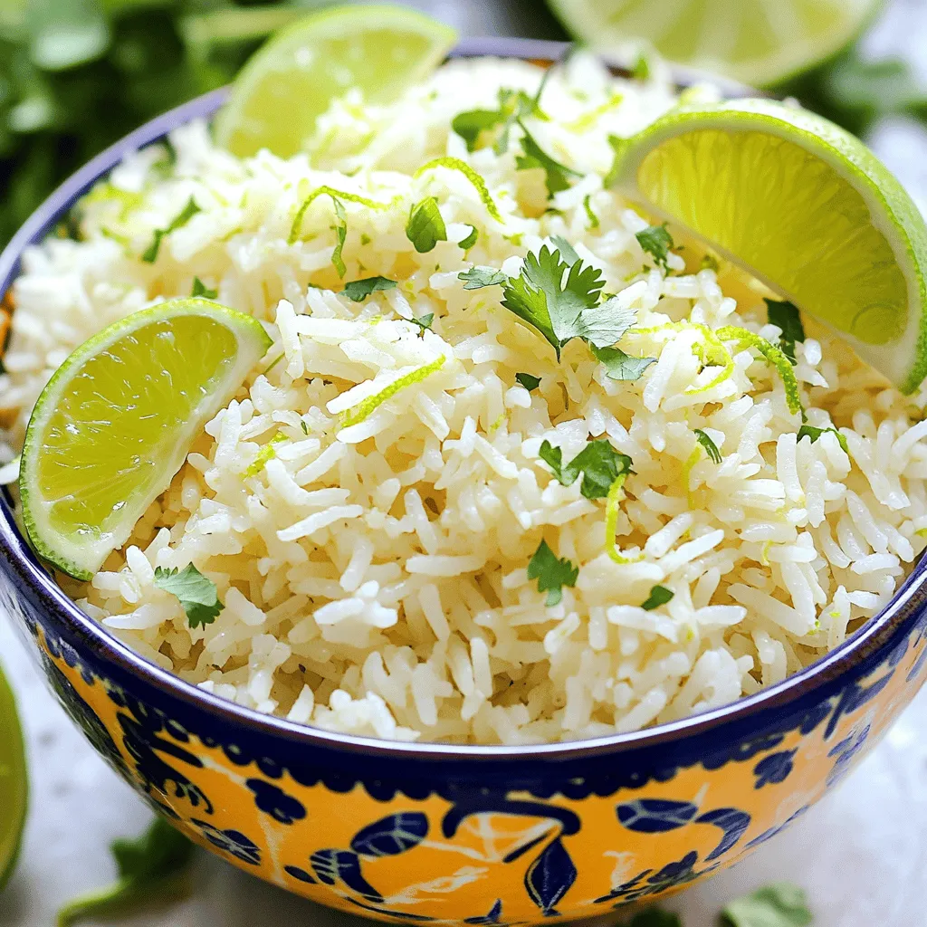 - 1 cup jasmine rice - 1 cup coconut milk - 1/2 cup water - Zest of 1 lime - 2 tablespoons lime juice - 1 tablespoon sugar (optional) - 1/4 teaspoon salt - Fresh cilantro for garnish - Lime wedges for serving Coconut lime rice brings tropical joy to your table. The blend of jasmine rice, creamy coconut milk, and zesty lime creates a dish bursting with flavor. You’ll need jasmine rice for its fragrant and fluffy texture. Coconut milk adds a sweet, rich taste. Water helps balance out the coconut milk. Lime zest and juice give a bright, fresh kick. If you want a touch of sweetness, add sugar. A pinch of salt rounds out the flavors. Garnish with fresh cilantro for a pop of color and taste. Serve with lime wedges to squeeze on top. This simple list ensures a delightful side dish that pairs well with many meals. You can find the full recipe for this coconut lime paradise rice above. Happy cooking! - Rinse the rice under cold water. This step helps wash away excess starch. You want the water to run clear. - Combine the rinsed rice with coconut milk, water, lime zest, lime juice, sugar, and salt in a medium saucepan. This mix gives the rice a rich flavor. - Bring the mixture to a boil over medium-high heat. Stir it occasionally to prevent sticking. - Once boiling, reduce the heat to low and cover the saucepan. This traps steam and cooks the rice evenly. - Let it simmer for about 15-18 minutes. The rice should be tender, and the liquid will be absorbed. Do not lift the lid during this time. - After cooking, remove the saucepan from heat. Let it sit covered for another 5 minutes. This steaming step helps make the rice fluffy. - Fluff the rice gently with a fork. This separates the grains and adds air. - Transfer the rice to a serving bowl and garnish it with fresh cilantro. This adds color and flavor. - Serve with lime wedges on the side. A squeeze of lime adds a zesty kick to every bite. For the full recipe, check out Coconut Lime Paradise Rice 🥥. To get fluffy rice, rinsing is key. Rinsing removes excess starch. This helps the rice grains separate while cooking. Rinse the rice under cold water until the water runs clear. This step makes a big difference! Next, pay attention to your cooking time. Bring your rice mixture to a boil first. Then, lower the heat and cover it. Let it simmer for about 15 to 18 minutes. Avoid lifting the lid during this time. The steam helps cook the rice perfectly. You can boost the flavor of your coconut lime rice easily. Try adding spices like cumin or coriander. Fresh herbs like mint or basil also work well. These can add a nice twist to the dish. If you like a sweeter taste, consider adding sugar. Just one tablespoon can enhance the overall flavor. Adjust it based on your taste. Feel free to experiment to find your perfect balance. Garnishing is important for a lovely look. Fresh cilantro adds a pop of green and a fresh taste. You can also add lime wedges on the side. This gives your dish an appealing and bright look. For serving, use a nice bowl. This makes your rice stand out. You can also layer it with colorful veggies for a great contrast. Make your plate as eye-catching as it is tasty! For the full recipe, check the [Full Recipe]. {{image_2}} In summer, I love to add fresh vegetables to coconut lime rice. Try adding bell peppers, corn, or peas for color and crunch. These veggies bring a bright taste that feels light and refreshing. You can also toss in some diced tomatoes for a pop of sweetness. In winter, I prefer comfort versions. Adding roasted root vegetables like sweet potatoes or carrots gives warmth to the dish. You can also stir in some spinach or kale for a healthy boost. The creamy coconut pairs so well with these hearty flavors. If you want a vegan version, you’re in luck! This recipe is already vegan-friendly. Just make sure your coconut milk is labeled vegan, and you're good to go. For those who need gluten-free options, this rice dish fits the bill perfectly. Jasmine rice is naturally gluten-free. Always check your coconut milk for gluten-free labels to ensure safety. Coconut lime rice pairs well with many main dishes. It’s great with grilled chicken, shrimp, or fish. The zesty flavors enhance the taste of these proteins. For a complete meal, serve it with light salads or grilled vegetables. A fresh cucumber salad or a simple avocado salad can balance the richness of the rice. You can find the Full Recipe [here](#). To keep your coconut lime rice fresh, store it in an airtight container. This helps prevent moisture loss and keeps flavors intact. You can refrigerate it for up to 3 days. If you notice any unusual smells or colors, it's best to toss it out. When you're ready to enjoy your leftovers, reheating is easy. The best methods include using a microwave or stovetop. If using a microwave, add a splash of water to keep it moist. Stir halfway through to heat evenly. On the stovetop, add a bit of coconut milk or water in a pan over low heat. Stir often to avoid drying out the rice. This keeps your coconut lime rice fluffy and flavorful. Yes, you can freeze coconut lime rice! To do this, let it cool completely before transferring it to a freezer-safe bag. Squeeze out as much air as possible. It can last up to 2 months in the freezer. When you're ready to eat, thaw it in the fridge overnight. To reheat, follow the same instructions as above, adding a bit of liquid to maintain moisture. Enjoy your tasty rice anytime! For the full recipe, check out the [Full Recipe]. How to fix overcooked coconut lime rice? If your coconut lime rice is overcooked, don't worry! You can try a couple of fixes. First, add a little water to the rice. Stir gently and let it sit covered for a few minutes. This helps the rice absorb moisture. If it’s too sticky, spread it out on a baking sheet. Cool it in the fridge for about 15 minutes. This can help separate the grains. Can I substitute different types of rice? Yes, you can use other rice types! Jasmine rice is great for its aroma and softness, but you can use basmati or long-grain rice. Just remember to adjust the cooking time and liquid amounts. Brown rice also works but needs more water and a longer cooking time. Caloric content and serving sizes One serving of coconut lime rice is about one cup. It has roughly 250 calories. This may vary based on the coconut milk used. Use light coconut milk for fewer calories. Health benefits of coconut and lime Coconut provides healthy fats that can boost energy. Lime adds vitamin C, which is great for your immune system. Together, they create a tasty and nutritious dish. Can I add protein to this dish? Absolutely! You can add shrimp, chicken, or tofu for extra protein. Cook the protein in a separate pan and stir it into the rice just before serving. This makes it a complete meal. Ideas for vegan substitutions in the recipe If you want to keep it vegan, that’s easy! Use plant-based coconut milk. You can also add beans or lentils. They provide protein and fiber, making the dish hearty and healthy. For the full recipe, check out Coconut Lime Paradise Rice 🥥. In this post, we explored how to make a delicious coconut lime rice dish. We covered the ingredients, cooking methods, and tips for achieving fluffy rice. Remember to add your favorite herbs and spices for extra flavor. You can adjust the recipe for seasons and dietary needs, making it easy to enjoy year-round. Proper storage and reheating methods ensure your leftovers stay fresh and tasty. With these insights, you can create a dish that delights every time. Enjoy the cooking!