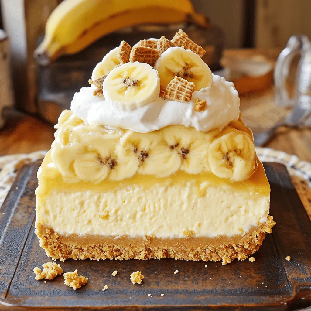 - 1 1/2 cups graham cracker crumbs - 1/3 cup granulated sugar - 1/2 cup unsalted butter, melted - 16 oz cream cheese, softened - 1 cup granulated sugar - 1 teaspoon vanilla extract - 3 large eggs - 2 ripe bananas, mashed - 1 cup sour cream - 1 cup cold milk - 1 package (3.4 oz) instant banana pudding mix - 1 cup whipped cream (store-bought or homemade) - Fresh banana slices - Additional whipped cream for garnish - Nilla wafers or crushed graham crackers for garnish (optional) When I make this banana pudding cheesecake, I love the mix of flavors and textures. The crust starts with graham cracker crumbs. They give a sweet, crunchy base. Mix them with sugar and melted butter. Press this mix into a springform pan. It holds everything together. For the cheesecake filling, I use softened cream cheese as the star. It gets creamy and smooth when mixed with sugar and vanilla. Adding eggs one at a time keeps the batter light. Then, I fold in mashed bananas and sour cream. This makes the filling rich and tasty. The banana pudding layer is quick to make. I whisk cold milk with the instant pudding mix. It thickens fast! Then, I gently fold in whipped cream for a fluffy touch. For the final look, I top the cheesecake with fresh banana slices. A dollop of whipped cream adds extra fun. If you want, sprinkle Nilla wafers or crushed graham crackers on top. This adds a nice crunch to each bite. For the full recipe, check out the details above. Enjoy the creamy delight of banana pudding cheesecake! Start by preheating your oven to 350°F (175°C). In a bowl, mix together 1 1/2 cups of graham cracker crumbs, 1/3 cup of sugar, and 1/2 cup of melted butter. Stir until it looks crumbly. Press this mixture firmly into the bottom of a 9-inch springform pan. Bake it for about 10 minutes until it turns golden. Remove it from the oven and let it cool completely. In a large bowl, beat 16 oz of softened cream cheese until it’s smooth. Gradually add in 1 cup of sugar, mixing well. Then, mix in 1 teaspoon of vanilla extract. Add 3 large eggs one at a time, mixing well after each. Next, mix in 2 ripe bananas that you have mashed and 1 cup of sour cream. Stir gently until the mixture is smooth. Carefully pour the cheesecake filling over your cooled crust. Smooth the top with a spatula. Bake in the oven for 45 to 50 minutes until the center is set but still slightly jiggly. Turn off the oven, crack the door, and let the cheesecake cool inside for 1 hour. This trick helps prevent cracks. Once cooled, chill it in the refrigerator for at least 4 hours or overnight. In a mixing bowl, whisk together 1 cup of cold milk and 1 package (3.4 oz) of instant banana pudding mix. Whisk for about 2 minutes until it thickens. Gently fold in 1 cup of whipped cream until it is fully mixed. Once your cheesecake is completely chilled, spread the banana pudding layer evenly over the cheesecake. Place it back in the fridge for one more hour to set. Just before serving, top your cheesecake with fresh banana slices, a dollop of whipped cream, and sprinkle crushed Nilla wafers or graham crackers if you like. For an extra touch, serve slices on decorative plates and drizzle with chocolate or caramel sauce. Enjoy this creamy delight! To get the best cheesecake, use room temperature ingredients. This means your cream cheese, eggs, and sour cream should be warm. Cold ingredients can make the batter lumpy. When you add eggs, mix just until blended. Overmixing can make the cheesecake too airy, leading to cracks. A water bath is key for even cooking. It keeps the cheesecake from getting too hot. To make a water bath, wrap your pan in foil and place it in a larger pan filled with hot water. This helps the cheesecake bake slowly and smoothly. After baking, cool your cheesecake slowly. Crack the oven door and let it sit for an hour. This helps prevent cracks. You can elevate your cheesecake by adding sauces like chocolate or caramel. They add a nice touch and flavor boost. Serve it with a hot cup of coffee or tea. The warmth of the drink pairs well with the cool, creamy cheesecake. For more ideas, check the Full Recipe for serving tips. {{image_2}} You can make this cheesecake even more fun! Try adding chocolate or peanut butter. Just mix in 1/2 cup of melted chocolate or creamy peanut butter into the cheesecake filling. This twist gives a rich and tasty flavor. Using different types of pudding is another great option. You can swap the banana pudding for vanilla or butterscotch. Each choice brings a new taste to your cheesecake. Think about what flavors you like best! If you want a gluten-free crust, replace graham crackers with gluten-free cookies or almond flour. This way, everyone can enjoy the dessert. For those cutting back on sugar, you can use alternative sweeteners. Try using stevia or monk fruit sweetener. Just make sure to check the conversion scale, so you use the right amount. Baking mini cheesecakes is a fun idea! Use muffin tins instead of a springform pan. Line each cup with paper liners for easy serving. Adjust the bake time to about 20-25 minutes. Keep an eye on them, as smaller portions cook faster. Once they firm up, let them cool completely before serving. These mini treats are perfect for parties and gatherings! For the full recipe, check out the Full Recipe section! To keep your cheesecake fresh, place it in an airtight container. If you don't have one, cover it tightly with plastic wrap. Store it in the fridge. This helps maintain its creamy texture and flavor. For freezing, wrap individual slices in plastic wrap, then place them in a freezer bag. This keeps them protected from freezer burn. In the fridge, your cheesecake stays fresh for about 5 days. Check for any signs of spoilage before eating. If you see mold or if it smells off, it’s best to toss it out. Always trust your senses! When thawing frozen cheesecake, move it to the fridge for several hours or overnight. This method keeps the texture smooth. After thawing, you can serve it cold, or warm it up gently in the oven. Just be careful not to overheat it, as that can change the texture. Enjoy it with fresh toppings for a delightful treat! Yes, you can make Banana Pudding Cheesecake a day ahead. Doing this helps the flavors blend well. The cheesecake gets creamier as it chills. You can store it in the fridge overnight. Just cover it tightly with plastic wrap. This saves time for your event or dinner party. To keep your cheesecake smooth, follow these tips: - Use room temperature ingredients, especially the cream cheese. - Don’t overmix once you add eggs. This adds too much air and causes cracks. - Bake it at a lower temperature and check for doneness early. - Let the cheesecake cool slowly in the oven with the door slightly open. This helps avoid sudden temperature changes. Yes, you can swap out some ingredients: - For graham cracker crumbs, use crushed cookies or nuts for the crust. - You can use Greek yogurt instead of sour cream for a lighter option. - If you want a dairy-free version, try vegan cream cheese and coconut whipped cream. - For a sugar substitute, use stevia or monk fruit sweetener in place of granulated sugar. Here are some great ways to serve it: - Cut the cheesecake into slices and place them on nice plates. - Top with fresh banana slices and a dollop of whipped cream. - Sprinkle crushed Nilla wafers or graham crackers on top for added crunch. - Drizzle with chocolate or caramel sauce for a fancy touch. For the complete recipe, check out the Full Recipe for Banana Pudding Cheesecake . You learned how to make a tasty Banana Pudding Cheesecake. We covered the ingredients, step-by-step instructions, and helpful tips for perfecting it. Variations offer fun twists to suit different tastes or diets. Remember, proper storage keeps your leftovers fresh longer. Enjoy sharing this delightful cake with family and friends. By following these steps, you'll impress everyone with your baking skills. Happy baking!