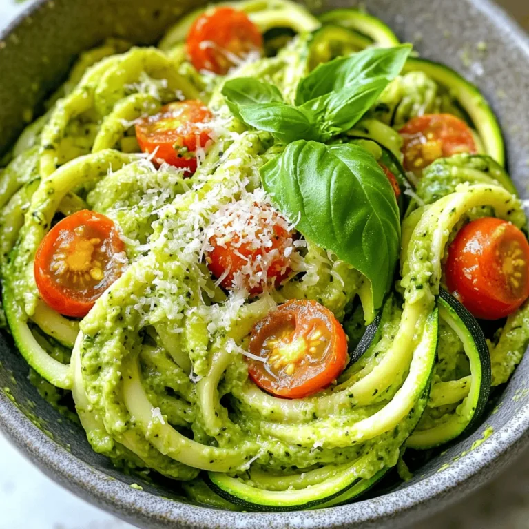To make this tasty dish, you need the following ingredients: - 4 medium zucchinis - 1 ripe avocado - 1 cup fresh basil leaves - 2 tablespoons lemon juice - 1/4 cup walnuts (or pine nuts) - 2 cloves garlic - 1/4 teaspoon salt - 1/4 teaspoon black pepper - 1/4 teaspoon red pepper flakes (optional) - 1 tablespoon olive oil - Cherry tomatoes (for garnish) - Grated Parmesan cheese (optional for garnish) Gather these items to create a simple yet flavorful meal. Each ingredient plays a key role in making the dish fresh and enjoyable. The zucchinis serve as a healthy base, while the avocado adds creaminess. Fresh basil brings aroma, and lemon juice gives a zing. The nuts add crunch, and garlic offers depth. You can adjust the spices to fit your taste. This recipe is flexible and perfect for any occasion. If you want to see the full process, check out the Full Recipe. To start, grab a spiralizer or a julienne peeler. Cut off the ends of the zucchinis first. Then, turn the zucchini into noodles using your tool of choice. This method gives you long, thin strands that mimic pasta. After you spiralize, place the noodles in a colander. Let them sit for a bit to drain excess moisture. This step helps keep your dish from becoming watery. Next, we’ll make the creamy avocado pesto. In a food processor, add the ripe avocado, fresh basil leaves, lemon juice, walnuts, garlic, salt, black pepper, and red pepper flakes if you want some heat. Pulse these ingredients together until they are finely chopped. As you blend, slowly drizzle in the olive oil. This helps achieve a smooth and creamy texture. The avocado gives a rich taste, while the basil adds freshness. Now it’s time to cook the zucchini noodles. Heat a large skillet over medium heat. Add the noodles and sauté them for about 2-3 minutes. You want them to be tender but still have a slight crunch. Be careful not to overcook them. Overcooking will lead to soggy noodles that don’t hold their shape. Once the noodles are ready, remove the skillet from heat. Add the creamy avocado pesto to the cooked zucchini noodles. Use a gentle tossing method to coat the noodles evenly with the pesto. Make sure every strand gets a nice layer of that flavorful sauce. For presentation, serve the noodles in bowls and top them with halved cherry tomatoes and a sprinkle of grated Parmesan cheese if you like. This adds a lovely touch to your dish. For the full recipe, check out the instructions above. To keep your zucchini noodles firm, avoid soggy noodles. After spiralizing, let them sit in a colander. This step drains excess moisture. You can also sprinkle salt on them to draw out water. For cooking, aim for a short time. Sauté the noodles for only 2 to 3 minutes. This way, they stay slightly crunchy and full of flavor. To boost flavor, think about adding spices. A pinch of oregano or thyme can work wonders. You might also enjoy a squeeze of lemon juice for brightness. When it comes to protein, grilled chicken or shrimp pairs well with this dish. For a veggie option, try chickpeas or tofu. They add depth and make the meal heartier. To make zucchini noodles, use a spiralizer. This tool creates long, thin strands. A julienne peeler also works well, though it takes more time. For the avocado pesto, a good food processor is key. Look for one with a strong motor. This feature helps blend the ingredients smoothly. You want a creamy texture without lumps. Explore the [Full Recipe](#) for more details on how to make this dish. {{image_2}} You can change the flavor of your pesto. Try a sun-dried tomato pesto. Blend sun-dried tomatoes, garlic, and nuts. This gives a rich taste and a pop of color. Another fun twist is using peanut butter or almond butter. Mix these with basil and garlic for a nutty flavor. It’s great for a unique twist on the classic. Want to make your meal heartier? Add grilled chicken or shrimp. Just cook them on a grill or pan. Slice and mix them with your zucchini noodles. If you prefer vegetarian options, chickpeas work well too. They add protein and a nice texture to the dish. Zucchini noodles are great for fresh, seasonal veggies. In summer, add cherry tomatoes, bell peppers, or arugula. They bring brightness and crunch. In autumn, consider roasted butternut squash or kale. These add warmth and depth to your meal. Enjoy experimenting with seasonal flavors! To keep your zucchini noodles fresh, store them in the fridge. Place them in a sealed container. This helps prevent moisture loss. Keep them for up to three days. Avoid stacking them too high to prevent squishing. For the avocado pesto, use a small jar with a lid. Make sure to press plastic wrap against the surface. This helps reduce air exposure, which can cause browning. The pesto will stay fresh for about two days. When reheating, gently warm the zucchini noodles. Use a skillet over low heat. This method helps them stay firm. Avoid the microwave as it can make them mushy. For the avocado pesto, add a bit of water when reheating. This will help keep it creamy. Stir well to combine. Both ingredients can handle gentle reheating without losing their taste. Can you freeze zucchini noodles? Yes, you can! However, they may lose some texture. To freeze, spread them on a tray first. Once frozen, transfer them to a bag. They can last up to three months in the freezer. For the avocado pesto, freezing is also possible. Pour it into ice cube trays. Once frozen, pop them out and store in a bag. This way, you can use small portions later. It’s perfect for quick meals! You can make zucchini noodles without a spiralizer! Use a knife to cut the zucchini into thin strips. Another method is to use a box grater. Grate the zucchini lengthwise. You can also use a vegetable peeler to create wide, flat noodles. Each method gives a unique shape and texture. Yes, you can use store-bought pesto. It saves time and offers great taste. However, homemade pesto can taste fresher and brighter. Store-bought options may have preservatives. Check the label for quality and ingredients. Choose a brand with fresh ingredients for the best flavor. Yes, this recipe is low-carb. Zucchini is low in carbs and calories. It is a great substitute for traditional pasta. If you're on a low-carb diet, this dish fits well. The avocado in the pesto adds healthy fats without many carbs. You can serve zucchini noodles with many things. Grilled chicken or shrimp adds protein. Roasted vegetables add color and flavor. A simple side salad pairs well too. You can also serve garlic bread for a nice crunch. Zucchini noodles last about 2 to 3 days in the fridge. Store them in an airtight container to keep them fresh. If you notice excess moisture, use a paper towel to absorb it. For the best taste, eat them within the first day after cooking. This recipe for zucchini noodles with avocado pesto is both simple and tasty. You learned how to prepare fresh ingredients, create a creamy pesto, and cook zucchini noodles for the best texture. I shared tips to enhance flavor and offered variations to keep meals exciting. Remember, you can store leftovers efficiently and even freeze them. This dish is perfect for a light meal, full of nutrients. Enjoy making it and feel great about your simple, healthy choices. Happy cooking!