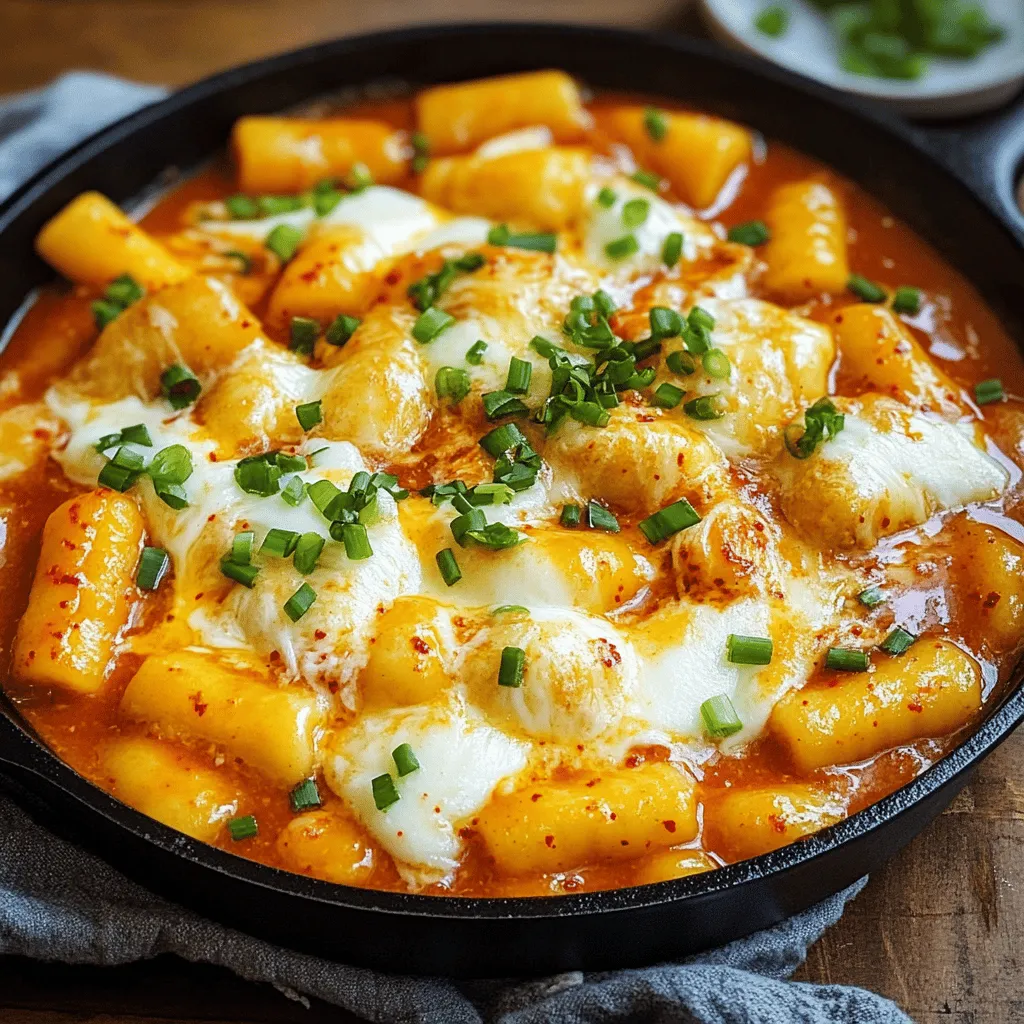 To make Cheese Tteokbokki, gather these ingredients: - 400g Korean rice cakes (tteok) - 150g fish cakes, sliced - 1 cup water - 2 tablespoons gochujang (Korean chili paste) - 1 tablespoon gochugaru (Korean chili flakes) - 2 tablespoons soy sauce - 1 tablespoon sugar - 1 teaspoon minced garlic - 1/2 teaspoon sesame oil - 200g shredded mozzarella cheese - 2 green onions, chopped (for garnish) These ingredients make a delightful and cheesy dish that warms the soul. You may need some specialty items for this recipe. The most important is gochujang. This chili paste adds spice and depth to the sauce. Gochugaru is another key ingredient; it gives a smoky flavor. Korean rice cakes are essential for texture. They can be found in Asian markets or online. You can buy most ingredients at local Asian grocery stores. Look for the rice cakes, gochujang, and gochugaru there. Big supermarkets may have some, but not all. If you want convenience, try online shops. Many sites sell Korean ingredients. They deliver right to your door, making it easy to enjoy Cheese Tteokbokki. For the freshest fish cakes, visit a local seafood market. Check the Full Recipe for step-by-step instructions on making this comforting dish! To start, take your Korean rice cakes, known as tteok. If you have store-bought ones, soak them in hot water for about 15-20 minutes. This step softens the rice cakes, making them chewy and delicious. After soaking, drain the rice cakes and set them aside. They are now ready to absorb all the tasty flavors you will add. Next, let’s make the sauce that brings everything together. In a large pan, mix one cup of water with two tablespoons of gochujang, one tablespoon of gochugaru, two tablespoons of soy sauce, one tablespoon of sugar, one teaspoon of minced garlic, and half a teaspoon of sesame oil. Stir well to combine these ingredients. This sauce has a great mix of spicy and sweet flavors that make tteokbokki so special. Once the sauce is ready, place the pan over medium heat. Bring the sauce to a gentle simmer. Now, it’s time to add the soaked rice cakes and sliced fish cakes. Stir them in well to coat them with the sauce. Let this mixture simmer on medium-low heat for about 10-15 minutes. Stir occasionally. You want the sauce to thicken and the rice cakes to become nice and tender. Now for the best part: cheese! When the tteokbokki is cooked and the sauce is thick, lower the heat. Sprinkle 200g of shredded mozzarella cheese evenly over the top. Cover the pan with a lid and let the cheese melt for about 2-3 minutes. When you lift the lid, stir the melted cheese into the tteokbokki. This step makes it creamy and even more comforting. Finish by garnishing with chopped green onions for a fresh touch. Enjoy your delightful and cheesy comfort dish! To get the best texture in your tteokbokki, use fresh rice cakes. They should be chewy and soft. Soak them in hot water for 15-20 minutes before cooking. This step helps them absorb the sauce better. When you simmer, stir gently. This prevents sticking and keeps them intact. For a richer taste, add more gochujang. This gives a nice heat and depth. You can also mix in some fish sauce for umami. Adding a little sugar balances the spice and enhances the flavors. Fresh garlic adds a great aroma. Don’t skip the sesame oil; it brings a nutty warmth to the dish. One mistake is overcooking the rice cakes. They should be tender but not mushy. Another is not stirring enough. This can lead to uneven cooking. Be careful with the cheese; add it when the sauce is thick. It melts better that way. Lastly, don’t forget to garnish with green onions. They add freshness and color to your dish. {{image_2}} You can change the flavor of Cheese Tteokbokki by swapping ingredients. For a sweeter taste, use ketchup instead of sugar. If you want a tangy kick, try adding some cream cheese. You can also replace fish cakes with cooked chicken or beef. This swap adds a savory touch. Want a fresh twist? Add chopped kimchi for a spicy, fermented flavor. Adding proteins or veggies makes this dish more filling and healthy. You can toss in shrimp or tofu for added protein. Both options absorb the tasty sauce well. For veggies, consider adding bell peppers, carrots, or even broccoli. They not only add color but also crunch. You can stir them in while the rice cakes cook. These additions make each bite more exciting. If you love spice, increase the gochujang or gochugaru. Start with one extra teaspoon and taste as you go. For milder flavors, cut back on these chili ingredients. You can also add a splash of coconut milk to tone down the heat. This way, you can enjoy the creamy cheese without too much spice. Make it your own! After you enjoy your cheese tteokbokki, store leftovers in an airtight container. This keeps the dish fresh. Let it cool down to room temperature first. Avoid putting hot food directly in the fridge. Place the container in the fridge within two hours. Cheese tteokbokki is best eaten within two days, but it can last up to three days. To reheat cheese tteokbokki, you can use the stove or microwave. If using the stove, place the leftovers in a pan with a splash of water. Heat it on low until warm, stirring often. This keeps the rice cakes tender. For the microwave, use a microwave-safe bowl. Heat in short bursts of 30 seconds. Stir in between to ensure even warming. Add a bit of cheese on top to bring back that gooey texture. You can freeze cheese tteokbokki, but be careful. The texture may change after thawing. To freeze, let it cool completely. Then, portion it into freezer-safe bags or containers. Squeeze out air to prevent freezer burn. It can last up to one month in the freezer. When ready to eat, thaw in the fridge overnight. Reheat using the methods above for the best taste. Cheese tteokbokki is a tasty twist on a classic Korean dish. It features chewy rice cakes in a spicy sauce, topped with gooey cheese. The dish combines flavors from gochujang, soy sauce, and garlic, making it rich and comforting. It's perfect for a snack or meal! Yes, you can make cheese tteokbokki vegetarian! Skip the fish cakes and replace them with vegetables like mushrooms or bell peppers. You can also add tofu for extra protein. The sauce remains the same, keeping that spicy and savory kick. Cheese tteokbokki is slightly less spicy than traditional tteokbokki. The cheese helps tone down the heat from the gochujang. You can adjust the spice level by adding less gochujang or more cheese to suit your taste. For a detailed guide on how to make cheese tteokbokki, check out the [Full Recipe]. It includes all the ingredients and steps to help you create this delightful dish. Cheese tteokbokki brings joy with its creamy texture and bold flavors. You learned about the essential ingredients and where to find them. I shared step-by-step instructions to help you cook this dish perfectly. You also discovered tips to avoid common errors and variations to suit your taste. With the right care, leftovers can taste just as good. Explore your creativity with mixes and swaps. Dive in, enjoy, and share your tteokbokki with others!