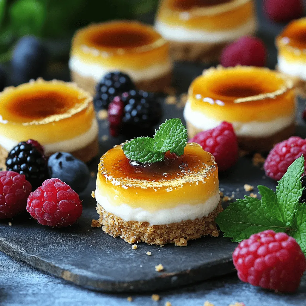 To make your Mini Crème Brûlée Cheesecakes, you will need some simple ingredients. Each one plays a key role in creating a delicious dessert. Here’s what you should gather: - 1 cup graham cracker crumbs - 1/4 cup unsalted butter, melted - 2 cups cream cheese, softened - 1/2 cup granulated sugar - 1 teaspoon vanilla extract - 1 cup heavy cream - 2 large eggs - 1/4 cup brown sugar (for topping) - Fresh berries or mint leaves (for garnish) These ingredients come together to create a rich and creamy cheesecake. The graham cracker crumbs form a crunchy crust that contrasts well with the smooth filling. The cream cheese gives the cheesecake its signature texture, while the heavy cream adds richness. Vanilla extract enhances the flavors, making each bite delightful. You can customize these ingredients a bit. If you prefer a different crust, consider using crushed cookies or nuts. You can also swap the berries for other fruits to match your taste. For the full recipe and instructions, check out the [Full Recipe]. Enjoy your baking! First, preheat your oven to 325°F (160°C). This step makes sure your cheesecakes bake evenly. In a mixing bowl, combine the graham cracker crumbs and melted butter. Stir until it looks like wet sand. Press about 1 tablespoon firmly into each cavity of a mini cheesecake pan or muffin tin. Use paper liners for easy removal later. In a large bowl, beat the softened cream cheese until it’s smooth and creamy. Gradually add the granulated sugar while mixing until they are well combined. Don’t forget to add the vanilla extract for extra flavor. Next, pour in the heavy cream and beat until fluffy. Add the eggs one at a time. Mix on low speed until just combined. Be careful not to overmix; we want a smooth mix, not a frothy one. Spoon or pour the cheesecake mixture over the crusts in the mini cheesecake pan. Fill each cavity almost to the top. This ensures a nice, full cheesecake. Place the pan in the oven. Bake for 20-25 minutes. The edges should set, and the centers should jiggle slightly. After baking, allow them to cool in the oven with the door slightly ajar for about 10 minutes. After cooling in the oven, let them cool at room temperature for 30 minutes. Then, refrigerate for at least 4 hours or overnight. This helps the cheesecakes set fully. Right before serving, sprinkle a thin layer of brown sugar on each cheesecake. Use a kitchen torch to caramelize the sugar into a crispy layer. If you lack a torch, broil them on high for 1-2 minutes. Keep a close eye to prevent burning! Serve your mini cheesecakes with fresh berries or mint leaves. This adds color and makes them look extra special. You can find the full recipe to guide you through these steps. Enjoy your delightful creation! To make a great crust, use fresh graham cracker crumbs. You can crush them easily in a food processor or place them in a zip-top bag and crush with a rolling pin. Mix the crumbs with melted butter until it looks like wet sand. Press it firmly into the bottom of your mini cheesecake pan. This helps it hold together well after baking. If your cheesecake is too runny, it may need more time to bake. The centers should jiggle slightly but not look liquid. If it’s too dense, you might have overmixed the batter. Mix just until combined, especially after adding eggs. Letting the cheesecake cool gradually in the oven can also help it set correctly. Using a kitchen torch is fun but requires care. Always hold the torch away from your body and keep it pointed down. Light it before you get too close to the cheesecake. A thin layer of brown sugar caramelizes best. Move the flame in small circles to avoid burning any one spot. If you don’t have a torch, broil them briefly in your oven. Just watch closely to get that golden crust without burning. For the complete recipe, check out the [Full Recipe]. {{image_2}} You can easily change the flavor of your mini crème brûlée cheesecakes. To add chocolate, just mix in 1/2 cup of melted chocolate when you blend the cream cheese. This gives a rich and creamy taste. If you prefer fruit, try adding pureed strawberries or raspberries. Use about 1/2 cup of fruit puree in the mixture. This will make your cheesecakes fruity and fresh. You can also top them with whole fruits for a fun look. The crust can change the whole dessert. Instead of graham crackers, you can use crushed Oreos for a chocolate twist. For a nutty flavor, finely chop almonds or pecans and mix them with melted butter. Use about 1 cup of nuts for a tasty crust. This adds a crunchy texture that pairs well with the creamy filling. You can even mix different cookies or nuts to create a unique flavor. Presentation makes a big difference. For a fancy touch, serve your mini cheesecakes on a beautiful platter. Use small dessert glasses or jars for individual servings. This adds a cute look. Top each cheesecake with a sprinkle of edible gold or silver glitter for a wow factor. You can also add fresh mint leaves or edible flowers. These little details can impress your guests. If you want to go all out, drizzle some chocolate sauce or fruit coulis on the plate before placing the cheesecakes. For more ideas, check out the Full Recipe. To keep your mini crème brûlée cheesecakes fresh, store them in the fridge. Place them in an airtight container. This will help prevent them from drying out. They can last for up to five days in the fridge. Just make sure to keep them covered. If you want to save some for later, freezing works well too. First, let the cheesecakes cool completely. Then, wrap each one in plastic wrap. After that, place them in a freezer-safe bag. They can stay in the freezer for up to three months. When you're ready to eat, simply thaw them in the fridge overnight. Serve your cheesecakes cold for the best flavor. If you prefer them slightly warm, you can reheat them gently. Place them in a warm oven for a few minutes. Just remember to remove the sugar topping before reheating. Always brûlée the top just before serving for that perfect crunch! For more details, check the Full Recipe. Yes, you can make these cheesecakes ahead of time. Once they cool, store them in the fridge. They stay fresh for about three days. This makes them a great option for parties or special events. Just brûlée the tops right before serving for that perfect crispy layer. If you need a substitute for cream cheese, try mascarpone or ricotta cheese. Both give a creamy texture and rich flavor. You can also use Greek yogurt for a lighter option. Adjust the sugar if you use plain yogurt, as it can be tangy. To avoid cracks, don’t overmix your batter. Mix just until smooth. Bake at a low temperature and place a pan of water in the oven. This adds moisture and helps cook the cheesecake evenly. Let them cool slowly in the oven, too. This reduces sudden temperature changes. Yes, you can use a regular cheesecake pan. Just adjust the baking time. A larger pan takes longer to bake. Keep an eye on it and look for the same jiggle in the center. You can also cut the cheesecake into slices after it cools. You now have the tools to make great mini Crème Brûlée cheesecakes. We covered all the key ingredients, from graham cracker crumbs to fresh berries. You learned step-by-step instructions to prepare, bake, and cool your desserts. I shared helpful tips for a perfect crust and variations for added fun. Proper storage keeps them fresh, and you found answers to common questions. Now, it’s time to get creative and make these treats your own. Enjoy the process and share them with friends!