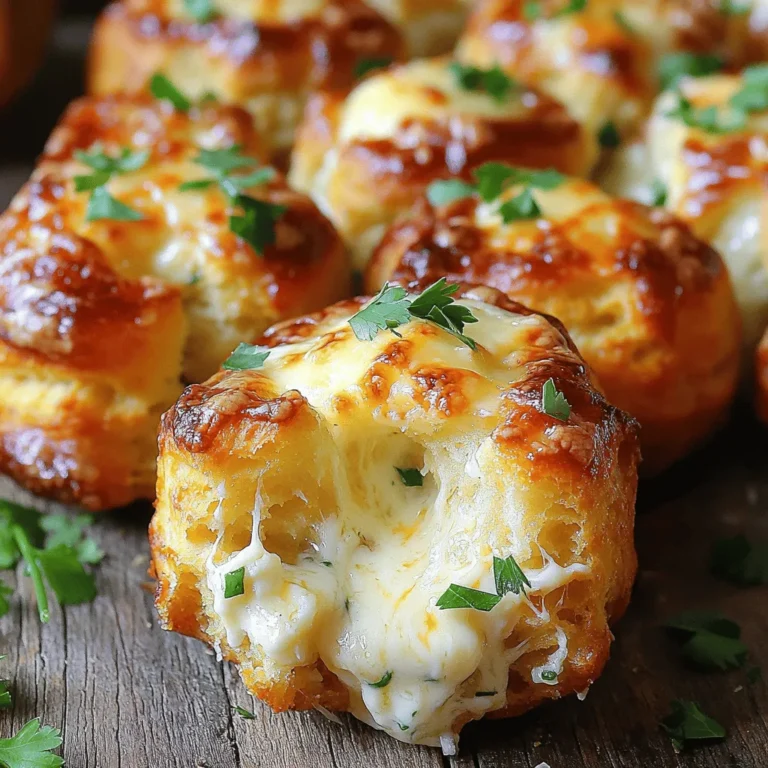 - 2 cans (16 oz each) refrigerated biscuit dough - 1 cup shredded mozzarella cheese - 1/2 cup grated Parmesan cheese - 1/2 cup unsalted butter, melted - 4 cloves garlic, minced - 2 tablespoons fresh parsley, chopped (plus more for garnish) - 1 teaspoon Italian seasoning - 1/2 teaspoon salt - 1/2 teaspoon black pepper - Alternative cheeses: You can swap mozzarella with cheddar or gouda. These cheeses add a nice twist. - Gluten-free biscuit options: Look for gluten-free biscuit dough in stores. This makes it easy for those with gluten needs. - Herb variations: Try basil or oregano instead of parsley. These herbs give a different flavor. You can also add some red pepper flakes for heat. This recipe is flexible. Feel free to mix and match ingredients to suit your taste. The full recipe is a guide, but your creativity can shine through! 1. First, preheat your oven to 350°F (175°C). Grease a bundt pan with non-stick spray. This helps the bread come out easily. 2. In a small bowl, mix melted butter, minced garlic, chopped parsley, Italian seasoning, salt, and black pepper. This garlic butter mixture gives the bread its amazing flavor. 1. Open the biscuit dough and cut each biscuit into quarters. This makes it easy to coat each piece. 2. In a large mixing bowl, toss the biscuit pieces with half of the garlic butter mixture. Make sure each piece gets coated well. 3. Layer half of the coated biscuit pieces into the bundt pan. Sprinkle a layer of shredded mozzarella and Parmesan cheese on top. Then, add the remaining biscuit pieces. 4. Pour the rest of the garlic butter mixture over the top. This ensures every bite is full of flavor. 1. Bake in the preheated oven for 25-30 minutes. Look for a golden brown top. A toothpick should come out clean when you poke it in the center. 2. After baking, let the monkey bread cool in the pan for about 10 minutes. Then, carefully invert it onto a serving dish. This reveals the beautiful, cheesy top. 3. Garnish with extra parsley for a nice touch. Serve warm and watch everyone pull apart the cheesy, garlic-filled pieces. Enjoy this easy and fun dish! For the full recipe, check the earlier section. To avoid soggy bread, make sure not to over-soak the biscuit pieces in the garlic butter. Just enough butter should coat each piece. Too much moisture can lead to a dense texture. For even baking, arrange the biscuit pieces in the bundt pan in a way that allows heat to circulate. Place larger pieces on the outside and smaller ones in the center. This helps them bake uniformly. Serve your Cheesy Garlic Monkey Bread with a side of marinara sauce for dipping. The tangy sauce balances the rich, cheesy flavor. You can also try it with a side salad for a fresh touch. For presentation, sprinkle extra chopped parsley on top right before serving. This adds a pop of color and makes it look even more inviting. One common mistake is overmixing the dough. This can make the bread tough. Just mix until the dough is combined and no dry spots remain. Another mistake is burning the garlic. If you cook the garlic too long in the butter, it can turn bitter. Watch it closely and remove it from heat as soon as it becomes fragrant. For the full recipe, check out the complete guide. {{image_2}} You can make Cheesy Garlic Monkey Bread even more fun. Try adding spices for a kick. Red pepper flakes bring heat, while herbs add freshness. You could also mix in some meats. Pepperoni and bacon are great options. They add a savory depth that pairs well with garlic and cheese. Cheese is the star of this dish. You can use different cheese blends to switch things up. Cheddar or gouda will give a rich flavor. For a creamy twist, try adding cream cheese. It melts beautifully and gives a smooth texture that everyone loves. You don’t have to stick to the oven. A slow cooker can make this dish too. Just layer the ingredients and cook on low. It will slowly meld the flavors together. If you're short on time, an air fryer works well. It cooks quickly and gives you a nice crispy outside. For the full recipe, check out the ingredients and instructions above. To keep your Cheesy Garlic Monkey Bread fresh, follow these tips: - Cool it down: Let the bread cool to room temperature. - Use airtight containers: Place leftovers in a sealed container. - Refrigerate promptly: Store in the fridge within two hours. This method helps maintain flavor and texture. When you're ready for round two, you can reheat it easily. Here are two methods: - Oven: Preheat your oven to 350°F (175°C). Place the bread in a baking dish. Cover it with foil to keep it moist. Heat for about 10-15 minutes. - Microwave: Place a piece on a microwave-safe plate. Heat for 20-30 seconds. To keep it soft, don't overheat. Enjoy your cheesy, garlicky treat just like fresh! For the full recipe, check out the detailed instructions above! Yes, you can prepare the dough ahead of time. You can cut the biscuit dough and coat it with the garlic mixture. Place this in the bundt pan before baking. Cover it tightly with plastic wrap and keep it in the fridge. It will stay fresh for up to 24 hours. When you are ready to bake, simply remove it from the fridge and let it sit for about 30 minutes. This helps it bake evenly. Cheesy Garlic Monkey Bread pairs well with many dishes. Try serving it with a fresh salad. A light Caesar or garden salad works great. For drinks, a crisp white wine or sparkling water complements the flavors. You can also enjoy it with a warm bowl of soup, like tomato or minestrone. Yes, you can freeze it. After baking, let it cool completely. Wrap it tightly in plastic wrap and then in aluminum foil. This will protect it from freezer burn. You can freeze it for up to three months. To thaw, place it in the fridge overnight. For reheating, preheat your oven to 350°F (175°C). Cover with foil to keep it moist and heat for about 20 minutes. To pull apart the monkey bread easily, use a sharp knife to cut it into sections first. Then, you can pull the pieces apart with your hands. This keeps the bread from tearing. It also helps keep the gooey cheese intact. Enjoy the cheesy goodness! For the full recipe, check out the preparation steps. You now have a complete guide to making Cheesy Garlic Monkey Bread. We covered all the ingredients, step-by-step instructions, and tips for perfection. Remember to customize it with your favorite cheese or herbs. Avoid common mistakes for the best results. Serve it warm for the greatest taste. This dish is fun and sure to please your guests. Enjoy making, sharing, and indulging in this tasty treat!