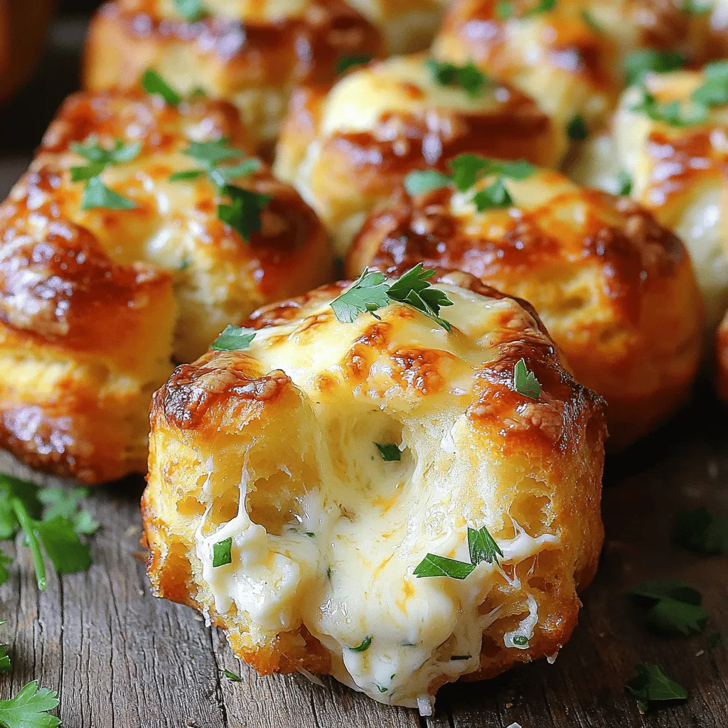 - 2 cans (16 oz each) refrigerated biscuit dough - 1 cup shredded mozzarella cheese - 1/2 cup grated Parmesan cheese - 1/2 cup unsalted butter, melted - 4 cloves garlic, minced - 2 tablespoons fresh parsley, chopped (plus more for garnish) - 1 teaspoon Italian seasoning - 1/2 teaspoon salt - 1/2 teaspoon black pepper - Alternative cheeses: You can swap mozzarella with cheddar or gouda. These cheeses add a nice twist. - Gluten-free biscuit options: Look for gluten-free biscuit dough in stores. This makes it easy for those with gluten needs. - Herb variations: Try basil or oregano instead of parsley. These herbs give a different flavor. You can also add some red pepper flakes for heat. This recipe is flexible. Feel free to mix and match ingredients to suit your taste. The full recipe is a guide, but your creativity can shine through! 1. First, preheat your oven to 350°F (175°C). Grease a bundt pan with non-stick spray. This helps the bread come out easily. 2. In a small bowl, mix melted butter, minced garlic, chopped parsley, Italian seasoning, salt, and black pepper. This garlic butter mixture gives the bread its amazing flavor. 1. Open the biscuit dough and cut each biscuit into quarters. This makes it easy to coat each piece. 2. In a large mixing bowl, toss the biscuit pieces with half of the garlic butter mixture. Make sure each piece gets coated well. 3. Layer half of the coated biscuit pieces into the bundt pan. Sprinkle a layer of shredded mozzarella and Parmesan cheese on top. Then, add the remaining biscuit pieces. 4. Pour the rest of the garlic butter mixture over the top. This ensures every bite is full of flavor. 1. Bake in the preheated oven for 25-30 minutes. Look for a golden brown top. A toothpick should come out clean when you poke it in the center. 2. After baking, let the monkey bread cool in the pan for about 10 minutes. Then, carefully invert it onto a serving dish. This reveals the beautiful, cheesy top. 3. Garnish with extra parsley for a nice touch. Serve warm and watch everyone pull apart the cheesy, garlic-filled pieces. Enjoy this easy and fun dish! For the full recipe, check the earlier section. To avoid soggy bread, make sure not to over-soak the biscuit pieces in the garlic butter. Just enough butter should coat each piece. Too much moisture can lead to a dense texture. For even baking, arrange the biscuit pieces in the bundt pan in a way that allows heat to circulate. Place larger pieces on the outside and smaller ones in the center. This helps them bake uniformly. Serve your Cheesy Garlic Monkey Bread with a side of marinara sauce for dipping. The tangy sauce balances the rich, cheesy flavor. You can also try it with a side salad for a fresh touch. For presentation, sprinkle extra chopped parsley on top right before serving. This adds a pop of color and makes it look even more inviting. One common mistake is overmixing the dough. This can make the bread tough. Just mix until the dough is combined and no dry spots remain. Another mistake is burning the garlic. If you cook the garlic too long in the butter, it can turn bitter. Watch it closely and remove it from heat as soon as it becomes fragrant. For the full recipe, check out the complete guide. {{image_2}} You can make Cheesy Garlic Monkey Bread even more fun. Try adding spices for a kick. Red pepper flakes bring heat, while herbs add freshness. You could also mix in some meats. Pepperoni and bacon are great options. They add a savory depth that pairs well with garlic and cheese. Cheese is the star of this dish. You can use different cheese blends to switch things up. Cheddar or gouda will give a rich flavor. For a creamy twist, try adding cream cheese. It melts beautifully and gives a smooth texture that everyone loves. You don’t have to stick to the oven. A slow cooker can make this dish too. Just layer the ingredients and cook on low. It will slowly meld the flavors together. If you're short on time, an air fryer works well. It cooks quickly and gives you a nice crispy outside. For the full recipe, check out the ingredients and instructions above. To keep your Cheesy Garlic Monkey Bread fresh, follow these tips: - Cool it down: Let the bread cool to room temperature. - Use airtight containers: Place leftovers in a sealed container. - Refrigerate promptly: Store in the fridge within two hours. This method helps maintain flavor and texture. When you're ready for round two, you can reheat it easily. Here are two methods: - Oven: Preheat your oven to 350°F (175°C). Place the bread in a baking dish. Cover it with foil to keep it moist. Heat for about 10-15 minutes. - Microwave: Place a piece on a microwave-safe plate. Heat for 20-30 seconds. To keep it soft, don't overheat. Enjoy your cheesy, garlicky treat just like fresh! For the full recipe, check out the detailed instructions above! Yes, you can prepare the dough ahead of time. You can cut the biscuit dough and coat it with the garlic mixture. Place this in the bundt pan before baking. Cover it tightly with plastic wrap and keep it in the fridge. It will stay fresh for up to 24 hours. When you are ready to bake, simply remove it from the fridge and let it sit for about 30 minutes. This helps it bake evenly. Cheesy Garlic Monkey Bread pairs well with many dishes. Try serving it with a fresh salad. A light Caesar or garden salad works great. For drinks, a crisp white wine or sparkling water complements the flavors. You can also enjoy it with a warm bowl of soup, like tomato or minestrone. Yes, you can freeze it. After baking, let it cool completely. Wrap it tightly in plastic wrap and then in aluminum foil. This will protect it from freezer burn. You can freeze it for up to three months. To thaw, place it in the fridge overnight. For reheating, preheat your oven to 350°F (175°C). Cover with foil to keep it moist and heat for about 20 minutes. To pull apart the monkey bread easily, use a sharp knife to cut it into sections first. Then, you can pull the pieces apart with your hands. This keeps the bread from tearing. It also helps keep the gooey cheese intact. Enjoy the cheesy goodness! For the full recipe, check out the preparation steps. You now have a complete guide to making Cheesy Garlic Monkey Bread. We covered all the ingredients, step-by-step instructions, and tips for perfection. Remember to customize it with your favorite cheese or herbs. Avoid common mistakes for the best results. Serve it warm for the greatest taste. This dish is fun and sure to please your guests. Enjoy making, sharing, and indulging in this tasty treat!