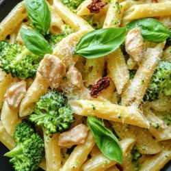 - 8 oz penne pasta - 1 lb chicken breast, diced - 2 cups fresh broccoli florets - 1 cup heavy cream - 1 cup grated Parmesan cheese - 2 cloves garlic, minced - 1 teaspoon Italian seasoning - 2 tablespoons olive oil - 1/4 cup sun-dried tomatoes, chopped (optional) - Fresh basil leaves for garnish To start, you need the main ingredients. First, grab some penne pasta. This shape holds the sauce well. Next, you’ll need chicken breast. Dice it into small pieces for even cooking. Fresh broccoli adds color and crunch. For the sauce, heavy cream gives a rich taste. Grated Parmesan cheese adds a nice, cheesy flavor. Minced garlic brings a warm aroma. Lastly, season your dish. Italian seasoning adds herbs. Olive oil helps with sautéing. You can also add sun-dried tomatoes for a sweet touch. Fresh basil leaves make a beautiful garnish. You can find the full recipe in the main article. Enjoy your cooking! To start, fill a large pot with water. Add salt to the water for flavor. Bring the water to a boil over high heat. Once boiling, add the penne pasta. Cook the pasta for about 10-12 minutes. Stir occasionally to prevent sticking. You want it to be al dente, firm but not hard. After cooking, drain the pasta and set it aside. For the chicken, take a large skillet and place it on medium-high heat. Pour in the olive oil and let it heat up. Add the diced chicken breast to the skillet. Season it with salt, pepper, and Italian seasoning. Cook the chicken for 5-7 minutes until it turns golden brown. Make sure it’s fully cooked inside. Remove the chicken from the skillet and set it aside. Use the same skillet for the broccoli. Add the minced garlic and cook for about 30 seconds. This will give the garlic a nice aroma. Next, toss in the broccoli florets and a splash of water. Cover the skillet and steam the broccoli for 3-4 minutes. You want it to be tender-crisp, bright green, and not mushy. After that, lower the heat. Pour in the heavy cream and stir well. Let it come to a gentle simmer. Add the grated Parmesan cheese and mix until it melts into a creamy sauce. Now it's time to bring everything together. Add the cooked chicken and penne pasta back to the skillet. If you want an extra touch, include the chopped sun-dried tomatoes. Gently toss everything so it’s coated in the creamy sauce. Taste and adjust the seasoning if needed. To serve, scoop the creamy chicken penne onto plates. Garnish with fresh basil leaves for a burst of color and flavor. For the full recipe, check the section above. To make your dish just right, adjust the creaminess. If you want a richer sauce, add more heavy cream. For a lighter version, use less cream or substitute with milk. You can also play with flavors. Add a squeeze of lemon juice for brightness. A pinch of red pepper flakes boosts heat and adds depth. Sautéing works best for this recipe. It gives the chicken a nice sear and keeps it juicy. Baking can dry out the chicken, so stick to sautéing. For broccoli, timing is key. Steam it until it’s bright green and tender-crisp. Overcooked broccoli becomes mushy and loses nutrients. Aim for about 3-4 minutes of steaming. Avoid overcooking the pasta. Cook it until al dente, so it holds its shape. If you overcook it, the pasta can turn mushy in the sauce. Burning garlic is another mistake. Garlic cooks fast, so keep an eye on it. Cook for just 30 seconds until fragrant, then add the broccoli. Perfect garlic enhances your dish without overpowering it. {{image_2}} You can switch up the pasta shape in this dish. Try using fusilli or farfalle for a fun twist. Each shape holds the sauce differently, giving new textures. If you want to substitute proteins, consider shrimp or tofu. Both options add unique flavors and pair well with the creamy sauce. If you need a gluten-free option, use gluten-free penne. Many brands offer great alternatives that taste amazing. For a vegan version, swap the chicken with chickpeas or lentils. Use coconut cream instead of heavy cream. This keeps the dish rich and creamy without dairy. Add a pinch of red pepper flakes for some heat. This little change can really spice things up! You might also mix in other veggies like bell peppers or spinach. These add color and extra nutrients to your meal. If you want more depth, try adding a splash of lemon juice. It brightens the flavors and makes every bite pop. For the full recipe, check out the Creamy Broccoli Chicken Penne recipe above. Store leftover creamy broccoli chicken penne in an airtight container. This keeps it fresh. The dish lasts up to three days in the fridge. Make sure it cools down first before sealing. When ready to eat, just reheat it gently on the stove or in the microwave. To freeze, place the dish in a freezer-safe container. Leave some space at the top for expansion. This method helps keep the flavors intact. It can stay frozen for up to three months. When you want to enjoy it again, pull it from the freezer and let it thaw in the fridge overnight. Reheat it slowly on the stove for the best taste. You can add a splash of cream if it seems dry. For quick reheating, the microwave also works well. The total time is 30 minutes. - Prep time: 15 minutes - Cook time: 15 minutes You can cook the penne while sautéing chicken. This saves time. Always check the pasta for doneness. Aim for al dente, so it stays firm. Yes, you can prepare this dish ahead of time. - Cook the chicken and pasta in advance. - Store them separately in the fridge. - Prepare the sauce the day you serve it. This keeps the pasta from getting soggy. Reheat the chicken and pasta together in the sauce. This helps blend the flavors well. Pair this dish with simple sides. - Garlic bread - Mixed green salad - Roasted vegetables These sides balance the creamy penne. Choose a light salad or fresh veggies for a nice contrast. For more flavor, add a sprinkle of herbs on your sides. You can find the full recipe for Creamy Broccoli Chicken Penne [here](#). This blog post covered a simple yet tasty Creamy Broccoli Chicken Penne recipe. We explored the main ingredients, like penne pasta, chicken breast, and fresh broccoli. I shared step-by-step instructions for cooking and assembling the dish. Tips for perfecting the recipe and variations catered to different diets were included, too. In the end, this meal is quick to prepare and easy to adapt. Enjoy making this dish your own, while impressing family and friends!