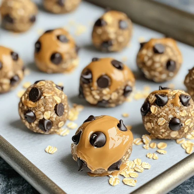 To make Peanut Butter Chocolate Chip Energy Balls, you need simple ingredients. Here’s what you’ll need: - 1 cup rolled oats - 1/2 cup creamy peanut butter - 1/4 cup honey or maple syrup - 1/2 cup chocolate chips (dark or semi-sweet) - 1/4 cup ground flaxseed (optional) - 1/2 teaspoon vanilla extract - A pinch of salt These ingredients work well together. The oats give a nice texture, while the peanut butter adds creaminess. Honey or maple syrup sweetens the mix. Chocolate chips provide a yummy burst of flavor. Ground flaxseed adds fiber, but it’s not a must. The vanilla and salt round out the taste. When you gather these ingredients, prepare for a fun and tasty cooking experience. If you want the full recipe, check out the section above. It guides you through making these delightful energy balls. 1. Combine rolled oats and ground flaxseed Start by taking a large bowl. Add 1 cup of rolled oats. If you want more fiber, add 1/4 cup of ground flaxseed. Mix them well. 2. Whisk peanut butter mixture In another bowl, take 1/2 cup of creamy peanut butter. Add 1/4 cup of honey or maple syrup, 1/2 teaspoon of vanilla extract, and a pinch of salt. Whisk until it is smooth and creamy. 3. Mix all ingredients together Pour the peanut butter mixture over the oats and flaxseed. Then add 1/2 cup of chocolate chips. Use a spatula or your hands to mix everything. It should feel sticky but easy to handle. 4. Roll into balls Take small amounts of the mixture and roll them into balls. Each ball should be about 1 inch in diameter. Place them on a baking sheet or plate lined with parchment paper. 5. Refrigerate to firm up Once you have rolled all the energy balls, put them in the fridge. Let them chill for at least 30 minutes. This helps them firm up and makes them easier to eat. For the full recipe, you can follow the detailed steps above. Enjoy making these tasty peanut butter chocolate chip energy balls! Ensuring proper stickiness is key to making good energy balls. The mix should feel sticky, but not too wet. If the mixture is too dry, add a bit more peanut butter or honey. If it's too wet, add more oats. Best practices for rolling make a big difference. Use your hands to roll the mix into balls about 1 inch wide. If the mixture sticks to your hands, wet them slightly with water. This will help you form nice, smooth balls. Refrigeration tips for firmness can help keep your energy balls together. After rolling them, place the balls on a baking sheet lined with parchment paper. Chill them for at least 30 minutes. This helps them hold their shape. If you want to store them, keep them in an airtight container in the fridge. They stay fresh for up to a week. For more details, check the full recipe. {{image_2}} You can change the flavors of your energy balls with simple swaps. Here are some ideas: - Substituting nut butters: If you want a new taste, try almond or cashew butter. Each nut butter gives a different flavor and texture. - Using different sweeteners: Honey works great, but maple syrup adds a nice twist. You could also use agave or brown rice syrup for variety. - Incorporating dried fruits or seeds: Toss in some raisins, cranberries, or seeds like chia or sunflower. This adds chewiness and extra nutrients. You can also make these energy balls even tastier with some fun additions: - Adding spices like cinnamon or cocoa powder: A dash of cinnamon brightens the flavor, while cocoa powder gives a rich chocolate taste. Both options work well with the peanut butter. - Including protein powder: If you want more protein, mix in a scoop of your favorite protein powder. This makes your energy balls even more filling and great for post-workout snacks. For more ideas, check out the Full Recipe and discover the joy of making these easy treats! To keep your Peanut Butter Chocolate Chip Energy Balls fresh, use an airtight container. This method prevents air from getting in and keeps the balls soft. You can store them in the fridge for up to a week. If you want to keep them longer, consider freezing them. Just place them in a freezer-safe bag or container. Duration for freshness: - In the fridge: up to 7 days. - In the freezer: up to 3 months. Signs of spoilage: - Look for changes in smell. If they smell off, throw them away. - Check for mold. Any signs of mold mean they are no longer safe to eat. - If the texture changes to overly dry or hard, it’s best to discard them. For the Full Recipe, refer to the earlier section where I shared all the steps! Peanut Butter Chocolate Chip Energy Balls last up to one week in the fridge. Store them in an airtight container. This keeps them fresh and tasty. If you want to keep them longer, think about freezing. Yes, you can freeze these energy balls! Just place them in a freezer-safe bag. They will stay fresh for up to three months in the freezer. When you want to eat them, take them out and let them thaw. Absolutely! Peanut Butter Chocolate Chip Energy Balls are great for kids. They are tasty and packed with energy. Plus, they are easy to make, so kids can help in the kitchen. These energy balls have many benefits. They provide protein from peanut butter. Oats add fiber and help keep you full. Chocolate chips add flavor and joy. You can also add flaxseed for more fiber and omega-3 fatty acids. To make these energy balls vegan, swap honey for maple syrup. Check that your chocolate chips are dairy-free. This way, you still enjoy the same great taste without animal products. For the full recipe, refer to the Peanut Butter Chocolate Chip Energy Balls section. You now have a simple guide for making tasty Peanut Butter Chocolate Chip Energy Balls. We covered all the key parts, from ingredients to fun variations. Remember, you can swap ingredients or add flavors to fit your taste. Follow the tips for storage to keep them fresh. These energy balls are not only easy to make but also healthy snacks for everyone. Enjoy making them and sharing with friends and family!
