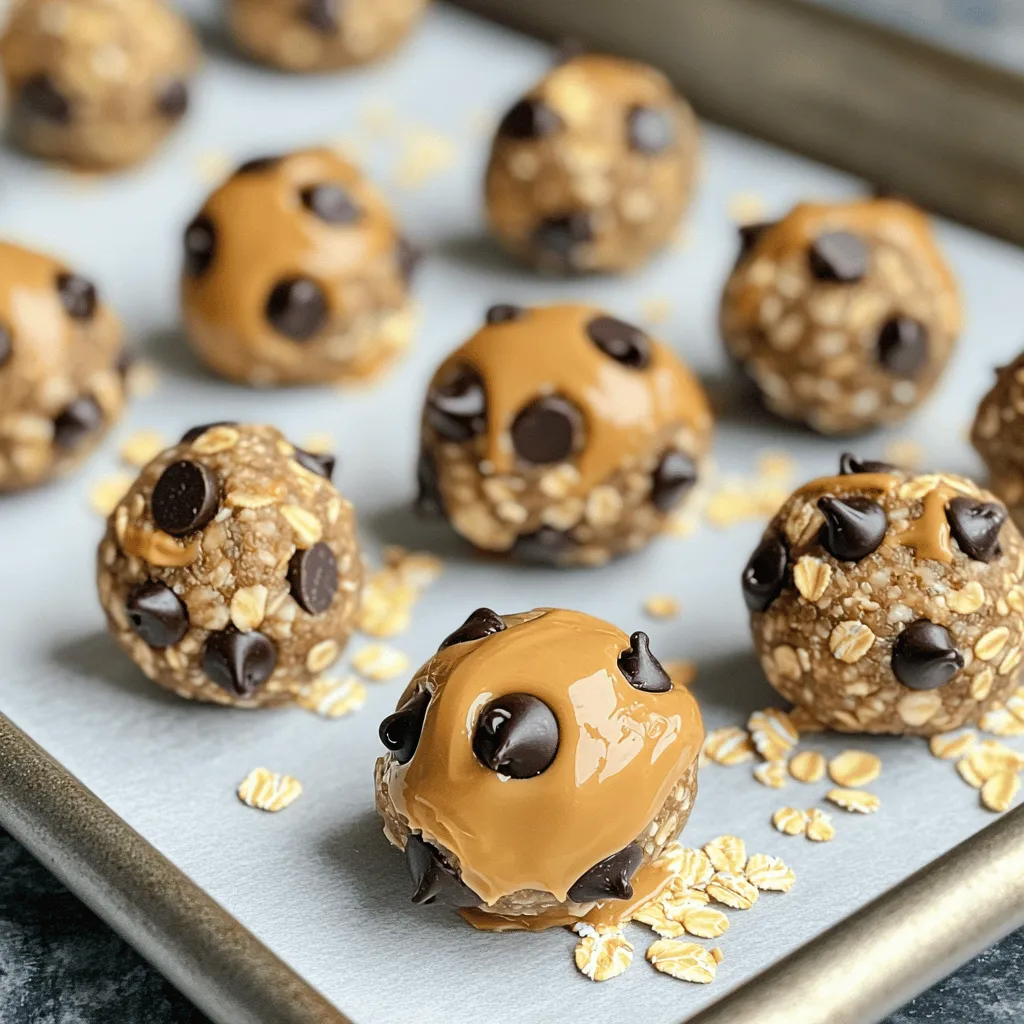 To make Peanut Butter Chocolate Chip Energy Balls, you need simple ingredients. Here’s what you’ll need: - 1 cup rolled oats - 1/2 cup creamy peanut butter - 1/4 cup honey or maple syrup - 1/2 cup chocolate chips (dark or semi-sweet) - 1/4 cup ground flaxseed (optional) - 1/2 teaspoon vanilla extract - A pinch of salt These ingredients work well together. The oats give a nice texture, while the peanut butter adds creaminess. Honey or maple syrup sweetens the mix. Chocolate chips provide a yummy burst of flavor. Ground flaxseed adds fiber, but it’s not a must. The vanilla and salt round out the taste. When you gather these ingredients, prepare for a fun and tasty cooking experience. If you want the full recipe, check out the section above. It guides you through making these delightful energy balls. 1. Combine rolled oats and ground flaxseed Start by taking a large bowl. Add 1 cup of rolled oats. If you want more fiber, add 1/4 cup of ground flaxseed. Mix them well. 2. Whisk peanut butter mixture In another bowl, take 1/2 cup of creamy peanut butter. Add 1/4 cup of honey or maple syrup, 1/2 teaspoon of vanilla extract, and a pinch of salt. Whisk until it is smooth and creamy. 3. Mix all ingredients together Pour the peanut butter mixture over the oats and flaxseed. Then add 1/2 cup of chocolate chips. Use a spatula or your hands to mix everything. It should feel sticky but easy to handle. 4. Roll into balls Take small amounts of the mixture and roll them into balls. Each ball should be about 1 inch in diameter. Place them on a baking sheet or plate lined with parchment paper. 5. Refrigerate to firm up Once you have rolled all the energy balls, put them in the fridge. Let them chill for at least 30 minutes. This helps them firm up and makes them easier to eat. For the full recipe, you can follow the detailed steps above. Enjoy making these tasty peanut butter chocolate chip energy balls! Ensuring proper stickiness is key to making good energy balls. The mix should feel sticky, but not too wet. If the mixture is too dry, add a bit more peanut butter or honey. If it's too wet, add more oats. Best practices for rolling make a big difference. Use your hands to roll the mix into balls about 1 inch wide. If the mixture sticks to your hands, wet them slightly with water. This will help you form nice, smooth balls. Refrigeration tips for firmness can help keep your energy balls together. After rolling them, place the balls on a baking sheet lined with parchment paper. Chill them for at least 30 minutes. This helps them hold their shape. If you want to store them, keep them in an airtight container in the fridge. They stay fresh for up to a week. For more details, check the full recipe. {{image_2}} You can change the flavors of your energy balls with simple swaps. Here are some ideas: - Substituting nut butters: If you want a new taste, try almond or cashew butter. Each nut butter gives a different flavor and texture. - Using different sweeteners: Honey works great, but maple syrup adds a nice twist. You could also use agave or brown rice syrup for variety. - Incorporating dried fruits or seeds: Toss in some raisins, cranberries, or seeds like chia or sunflower. This adds chewiness and extra nutrients. You can also make these energy balls even tastier with some fun additions: - Adding spices like cinnamon or cocoa powder: A dash of cinnamon brightens the flavor, while cocoa powder gives a rich chocolate taste. Both options work well with the peanut butter. - Including protein powder: If you want more protein, mix in a scoop of your favorite protein powder. This makes your energy balls even more filling and great for post-workout snacks. For more ideas, check out the Full Recipe and discover the joy of making these easy treats! To keep your Peanut Butter Chocolate Chip Energy Balls fresh, use an airtight container. This method prevents air from getting in and keeps the balls soft. You can store them in the fridge for up to a week. If you want to keep them longer, consider freezing them. Just place them in a freezer-safe bag or container. Duration for freshness: - In the fridge: up to 7 days. - In the freezer: up to 3 months. Signs of spoilage: - Look for changes in smell. If they smell off, throw them away. - Check for mold. Any signs of mold mean they are no longer safe to eat. - If the texture changes to overly dry or hard, it’s best to discard them. For the Full Recipe, refer to the earlier section where I shared all the steps! Peanut Butter Chocolate Chip Energy Balls last up to one week in the fridge. Store them in an airtight container. This keeps them fresh and tasty. If you want to keep them longer, think about freezing. Yes, you can freeze these energy balls! Just place them in a freezer-safe bag. They will stay fresh for up to three months in the freezer. When you want to eat them, take them out and let them thaw. Absolutely! Peanut Butter Chocolate Chip Energy Balls are great for kids. They are tasty and packed with energy. Plus, they are easy to make, so kids can help in the kitchen. These energy balls have many benefits. They provide protein from peanut butter. Oats add fiber and help keep you full. Chocolate chips add flavor and joy. You can also add flaxseed for more fiber and omega-3 fatty acids. To make these energy balls vegan, swap honey for maple syrup. Check that your chocolate chips are dairy-free. This way, you still enjoy the same great taste without animal products. For the full recipe, refer to the Peanut Butter Chocolate Chip Energy Balls section. You now have a simple guide for making tasty Peanut Butter Chocolate Chip Energy Balls. We covered all the key parts, from ingredients to fun variations. Remember, you can swap ingredients or add flavors to fit your taste. Follow the tips for storage to keep them fresh. These energy balls are not only easy to make but also healthy snacks for everyone. Enjoy making them and sharing with friends and family!