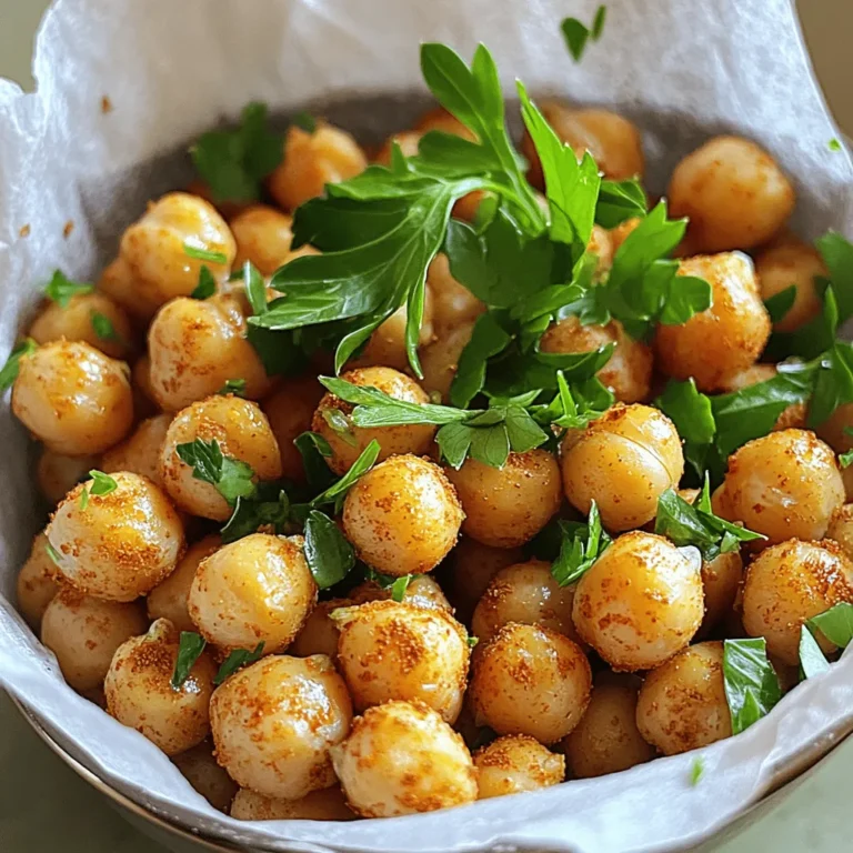 To make the best air fryer crispy chickpeas, gather these simple ingredients: - 1 can (15 oz) chickpeas, drained and rinsed - 2 tablespoons olive oil - 1 teaspoon smoked paprika - 1 teaspoon garlic powder - 1 teaspoon cumin - ½ teaspoon salt - ¼ teaspoon black pepper - 1 tablespoon fresh lemon juice - Optional: pinch of cayenne pepper for heat These ingredients create a wonderful balance of flavor and crunch. Chickpeas are high in protein and fiber, making them a healthy snack. The olive oil helps achieve that perfect crispiness when air frying. Spices like smoked paprika and cumin bring warmth, while lemon juice adds a fresh kick. If you like some heat, a pinch of cayenne pepper can spice things up nicely. Using canned chickpeas is quick and easy. If you want to use dried chickpeas, you'll need to soak and cook them first. This recipe is all about convenience, so let’s stick to canned for now. When you combine these ingredients, you create a tasty snack that everyone will love. Just follow the full recipe to enjoy these crunchy, flavorful bites! Preparation Steps - First, preheat your air fryer to 400°F (200°C). This helps the chickpeas cook evenly. - Next, drain and rinse the chickpeas. Spread them on a kitchen towel and pat them dry. Removing moisture is key for crispiness. - In a bowl, combine the dried chickpeas with the seasonings. Add olive oil, smoked paprika, garlic powder, cumin, salt, and black pepper. If you like heat, add a pinch of cayenne pepper. Mix until the chickpeas are well-coated. Cooking Instructions - Place the seasoned chickpeas in the air fryer basket. Make sure they are in a single layer. This helps them cook evenly. - Cook the chickpeas for about 15-20 minutes. Shake the basket halfway through to ensure they crisp up all around. - Keep an eye on them during the last few minutes. You want them golden brown and crispy, not burnt. - When ready, remove them from the air fryer. Drizzle fresh lemon juice on top while they are still hot for extra flavor. - Let them cool for a few minutes before serving. They will get crunchier as they cool. For the full recipe, refer to the ingredients and steps above. Enjoy your flavorful snack! To get that perfect crunch, start by drying the chickpeas well. After rinsing, spread them on a clean towel. Pat them until they feel dry. This step is key for crispiness. If there is moisture, they may not turn out crunchy. Next, adjust the amount of oil. You want enough to coat the chickpeas, but not too much. About two tablespoons of olive oil works great. If you like a lighter texture, use a bit less oil. Remember, oil helps with crisping, so find the balance that works for you. Seasoning is where you can get creative! Try out different spices to find your favorite blends. Smoked paprika, garlic powder, and cumin are great choices. They add depth and flavor. You can also play with herbs like thyme or oregano for a twist. If you want a kick, add cayenne pepper. Start with a pinch and taste as you go. This will help you find the right heat level for your snack. Balancing the heat and flavor will make your chickpeas even more enjoyable. {{image_2}} You can change the flavor of your crispy chickpeas by using different spices. One fun option is to use an Italian seasoning blend. This mix adds a herby taste to your snack. It usually has oregano, basil, and thyme. Just sprinkle it in with the chickpeas before air frying. Another great choice is a curry powder and turmeric twist. This combo gives your chickpeas a warm, golden hue and a rich flavor. The curry powder adds earthiness while turmeric brings a bright color and health benefits. Experimenting with these blends can make your chickpeas exciting each time you cook them. Want to boost the nutrition of your snack? Try adding nutritional yeast. This ingredient gives a cheesy flavor without dairy. Just sprinkle a tablespoon over the chickpeas before frying. You’ll enjoy a tasty and healthy treat. You can also mix in nuts or seeds. Almonds, pumpkin seeds, or sunflower seeds add a nice crunch. They also make your snack more filling. Toss them in with the chickpeas to create a delightful mix of textures. For the full recipe, check the Air Fryer Crispy Chickpeas section! To keep your crispy chickpeas fresh, store them in an airtight container. This helps prevent moisture from getting in. You can use a glass jar or a plastic container with a tight lid. Always make sure the chickpeas are completely cool before sealing the container. You can keep them at room temperature for up to two days. If you want to store them longer, put them in the fridge. They will last about a week in the refrigerator. Just know that they might lose some crunch over time. To reheat crispy chickpeas, use the air fryer for the best results. Set your air fryer to 350°F (175°C). Place the chickpeas in the basket in a single layer. Heat them for about 5 to 7 minutes. This method keeps them nice and crunchy. You can also use an oven. Preheat it to 350°F (175°C). Spread the chickpeas on a baking sheet and bake for about 10 minutes. Check them often to avoid burning. With these tips, your chickpeas will taste almost as good as fresh! For the complete recipe, be sure to check out the Full Recipe section. Yes, you can use dried chickpeas, but you must cook them first. Start by soaking the dried chickpeas overnight. After soaking, boil them until tender. This process can take 1-2 hours. Once cooked, drain and rinse them. Then, follow the same steps to season and air fry. Using dried chickpeas gives a fresher taste, but it needs more time and planning. Most air fryer models work well for crispy chickpeas. I recommend using a model with a basket design. This design helps with air circulation. Brands like Philips, Ninja, and Cosori get great reviews. A model with adjustable temperature and timer settings is useful. You want a fryer that reaches 400°F (200°C) easily. It ensures even cooking and perfect crispiness. Crispy chickpeas stay fresh for about 3-4 days. Store them in an airtight container at room temperature. They can lose their crunch if stored too long. If you want them crispy again, reheat in the air fryer for 3-5 minutes. This helps restore their crunchiness. Enjoy them as a snack or topping on salads! For the full recipe, check the section above. To recap, this blog post covered how to make crispy chickpeas in an air fryer. You learned about the key ingredients and their amounts. I outlined preparation steps and cooking tips to ensure you get that perfect crunch. You also discovered ways to vary the flavor and store your leftovers. With these tips, you can enjoy a tasty, healthy snack that fits your style. Happy cooking!