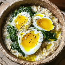 To make Savory Oatmeal with Spinach and Eggs, gather these simple ingredients: - 1 cup rolled oats - 2 cups vegetable broth or water - 1 cup fresh spinach, roughly chopped - 2 large eggs - 1 clove garlic, minced - 1 tablespoon olive oil - Salt and pepper to taste - 1/4 teaspoon red pepper flakes (optional) - 2 tablespoons grated Parmesan cheese (optional) These ingredients create a hearty dish full of flavor. The rolled oats provide a creamy base. Using vegetable broth adds depth to the taste. Fresh spinach brings in essential nutrients and color. Eggs add protein and richness. Garlic enhances the overall flavor, while olive oil gives a nice touch of healthy fat. Salt and pepper season the dish just right. If you like heat, the red pepper flakes offer a spicy kick. Grated Parmesan cheese can add a savory finish if you choose to use it. Finding the best quality ingredients is key. Fresh spinach should be vibrant and crisp. Choose rolled oats for the best texture. They cook quickly and absorb flavors well. This recipe is flexible, so feel free to adjust based on what you have. For the full recipe, check the details above. 1. In a medium saucepan, bring the vegetable broth or water to a boil over medium heat. This step is key for making creamy oats. 2. Add the rolled oats to the boiling broth. Lower the heat to a simmer. Cook for about 5 minutes. Stir occasionally until the oats are soft and creamy. 1. While the oats cook, heat olive oil in a skillet over medium heat. 2. Add minced garlic to the skillet and sauté for about 1 minute. You want it fragrant but not burnt. 3. Next, add the chopped spinach to the skillet. Cook for 2-3 minutes until it wilts. Season with salt, pepper, and red pepper flakes if you like a kick. 4. In the same skillet, make two small wells in the spinach mix. Crack an egg into each well. Cover the skillet with a lid. Cook until the eggs are set to your liking, about 4-5 minutes for runny yolks. 1. When the oats are ready, season them with salt and pepper to taste. 2. Serve the savory oatmeal in bowls. Top with the sautéed spinach and eggs. If you like cheese, sprinkle grated Parmesan on top. Follow the full recipe to create this simple meal that is both tasty and satisfying! To get the perfect egg, pay attention to the cooking time. If you like runny yolks, cook the eggs for about 4-5 minutes. For firmer yolks, extend the time by a minute or two. You can also cover the skillet to trap heat and help the eggs cook evenly. Try checking the yolks as they cook to find your ideal doneness. Spice up your savory oatmeal with different flavors. A pinch of smoked paprika adds warmth. You can also try a dash of soy sauce for an umami boost. Fresh herbs like parsley or chives can brighten the dish. If you want a kick, add more red pepper flakes. Experiment with flavors until you find your favorite mix. Presentation matters! Serve your savory oatmeal in a nice bowl. Top it with the spinach and eggs. For a finishing touch, sprinkle fresh black pepper and drizzle a little olive oil on top. You can also add a few cherry tomatoes or avocado slices for color and flavor. A well-presented dish makes every meal more enjoyable. {{image_2}} You can change up your savory oatmeal with different greens. Kale, arugula, or Swiss chard work great. Each brings its own flavor and nutrients. If you want to swap out the eggs, try using cooked chicken, turkey, or even tofu. These proteins add richness and make your meal more filling. For gluten-free options, use certified gluten-free oats. This way, you can enjoy this dish without worry. If you're looking for vegan alternatives, skip the eggs and use chickpeas or black beans instead. They will add protein and keep the dish hearty. Use vegetable broth to keep it vegan-friendly as well. After making savory oatmeal, let it cool down. Place it in an airtight container. This helps keep it fresh. You can store it in the fridge for up to three days. If you want to keep it longer, consider freezing it. Frozen, it can last up to three months. To enjoy your oatmeal again, reheat it on the stove or in the microwave. For the stove, put the oatmeal in a pot with a splash of water or broth. Heat gently until warm. This helps the texture stay nice. In the microwave, use a microwave-safe bowl. Heat in 30-second bursts, stirring in between. This way, it heats evenly. Savory oatmeal with spinach and eggs is both tasty and healthy. A serving has about 350 calories. It gives you a good mix of nutrients. You get protein from the eggs and fiber from the oats. The spinach adds vitamins A, C, and K. It also provides iron and calcium. This dish supports your energy and health. Yes, you can make this dish in advance. Cook the oats and spinach separately. Store them in airtight containers. Keep the eggs uncooked until you’re ready to eat. This helps keep the dish fresh and tasty. When you're ready, heat the oats and spinach. Cook the eggs just before serving for the best taste. To make savory oatmeal more filling, add extra protein. You can mix in cooked chicken, tofu, or beans. Adding nuts or seeds can boost fiber and crunch. Consider topping with avocado for healthy fats. These tips make your meal heartier and more satisfying. You can explore the [Full Recipe] for more ideas! This blog post covered how to make savory oatmeal with spinach and eggs. We explored the ingredients, step-by-step instructions, tips for perfecting the dish, and storage advice. You can customize this meal with various greens, proteins, and spices. Overall, savory oatmeal is a versatile and healthy choice. Whether you want a quick breakfast or a filling dinner, this dish has you covered. Embrace the flavors and make it your own!