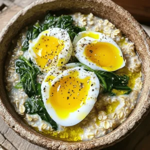To make Savory Oatmeal with Spinach and Eggs, gather these simple ingredients: - 1 cup rolled oats - 2 cups vegetable broth or water - 1 cup fresh spinach, roughly chopped - 2 large eggs - 1 clove garlic, minced - 1 tablespoon olive oil - Salt and pepper to taste - 1/4 teaspoon red pepper flakes (optional) - 2 tablespoons grated Parmesan cheese (optional) These ingredients create a hearty dish full of flavor. The rolled oats provide a creamy base. Using vegetable broth adds depth to the taste. Fresh spinach brings in essential nutrients and color. Eggs add protein and richness. Garlic enhances the overall flavor, while olive oil gives a nice touch of healthy fat. Salt and pepper season the dish just right. If you like heat, the red pepper flakes offer a spicy kick. Grated Parmesan cheese can add a savory finish if you choose to use it. Finding the best quality ingredients is key. Fresh spinach should be vibrant and crisp. Choose rolled oats for the best texture. They cook quickly and absorb flavors well. This recipe is flexible, so feel free to adjust based on what you have. For the full recipe, check the details above. 1. In a medium saucepan, bring the vegetable broth or water to a boil over medium heat. This step is key for making creamy oats. 2. Add the rolled oats to the boiling broth. Lower the heat to a simmer. Cook for about 5 minutes. Stir occasionally until the oats are soft and creamy. 1. While the oats cook, heat olive oil in a skillet over medium heat. 2. Add minced garlic to the skillet and sauté for about 1 minute. You want it fragrant but not burnt. 3. Next, add the chopped spinach to the skillet. Cook for 2-3 minutes until it wilts. Season with salt, pepper, and red pepper flakes if you like a kick. 4. In the same skillet, make two small wells in the spinach mix. Crack an egg into each well. Cover the skillet with a lid. Cook until the eggs are set to your liking, about 4-5 minutes for runny yolks. 1. When the oats are ready, season them with salt and pepper to taste. 2. Serve the savory oatmeal in bowls. Top with the sautéed spinach and eggs. If you like cheese, sprinkle grated Parmesan on top. Follow the full recipe to create this simple meal that is both tasty and satisfying! To get the perfect egg, pay attention to the cooking time. If you like runny yolks, cook the eggs for about 4-5 minutes. For firmer yolks, extend the time by a minute or two. You can also cover the skillet to trap heat and help the eggs cook evenly. Try checking the yolks as they cook to find your ideal doneness. Spice up your savory oatmeal with different flavors. A pinch of smoked paprika adds warmth. You can also try a dash of soy sauce for an umami boost. Fresh herbs like parsley or chives can brighten the dish. If you want a kick, add more red pepper flakes. Experiment with flavors until you find your favorite mix. Presentation matters! Serve your savory oatmeal in a nice bowl. Top it with the spinach and eggs. For a finishing touch, sprinkle fresh black pepper and drizzle a little olive oil on top. You can also add a few cherry tomatoes or avocado slices for color and flavor. A well-presented dish makes every meal more enjoyable. {{image_2}} You can change up your savory oatmeal with different greens. Kale, arugula, or Swiss chard work great. Each brings its own flavor and nutrients. If you want to swap out the eggs, try using cooked chicken, turkey, or even tofu. These proteins add richness and make your meal more filling. For gluten-free options, use certified gluten-free oats. This way, you can enjoy this dish without worry. If you're looking for vegan alternatives, skip the eggs and use chickpeas or black beans instead. They will add protein and keep the dish hearty. Use vegetable broth to keep it vegan-friendly as well. After making savory oatmeal, let it cool down. Place it in an airtight container. This helps keep it fresh. You can store it in the fridge for up to three days. If you want to keep it longer, consider freezing it. Frozen, it can last up to three months. To enjoy your oatmeal again, reheat it on the stove or in the microwave. For the stove, put the oatmeal in a pot with a splash of water or broth. Heat gently until warm. This helps the texture stay nice. In the microwave, use a microwave-safe bowl. Heat in 30-second bursts, stirring in between. This way, it heats evenly. Savory oatmeal with spinach and eggs is both tasty and healthy. A serving has about 350 calories. It gives you a good mix of nutrients. You get protein from the eggs and fiber from the oats. The spinach adds vitamins A, C, and K. It also provides iron and calcium. This dish supports your energy and health. Yes, you can make this dish in advance. Cook the oats and spinach separately. Store them in airtight containers. Keep the eggs uncooked until you’re ready to eat. This helps keep the dish fresh and tasty. When you're ready, heat the oats and spinach. Cook the eggs just before serving for the best taste. To make savory oatmeal more filling, add extra protein. You can mix in cooked chicken, tofu, or beans. Adding nuts or seeds can boost fiber and crunch. Consider topping with avocado for healthy fats. These tips make your meal heartier and more satisfying. You can explore the [Full Recipe] for more ideas! This blog post covered how to make savory oatmeal with spinach and eggs. We explored the ingredients, step-by-step instructions, tips for perfecting the dish, and storage advice. You can customize this meal with various greens, proteins, and spices. Overall, savory oatmeal is a versatile and healthy choice. Whether you want a quick breakfast or a filling dinner, this dish has you covered. Embrace the flavors and make it your own!