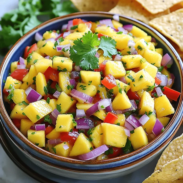 To make Tropical Mango Salsa, you need a few fresh ingredients. Here’s what you will need: - 2 ripe mangoes, diced - 1 small red onion, finely chopped - 1 red bell pepper, diced - 1 jalapeño, deseeded and minced - 1 cup fresh pineapple, diced - 1/4 cup cilantro, chopped - 2 tablespoons lime juice - Salt, to taste Each ingredient adds a unique taste and texture. The mangoes give sweetness. The red onion adds a nice crunch and some sharpness. The jalapeño brings heat, but you can skip it if you like a milder salsa. Pineapple adds a tropical twist that pairs beautifully with the mango. Choosing the right mango is key for great salsa. Look for mangoes that feel slightly soft when you press them. They should smell sweet near the stem. Their skin may have shades of yellow, red, and green. Avoid mangoes with dark spots or wrinkles. These usually mean they are overripe. If you find hard mangoes, leave them on the counter for a few days to ripen. You can make your salsa even better with a few add-ins. Here are some tasty options: - Avocado for creaminess - Lime zest for extra zing - Chopped tomatoes for more color - A splash of orange juice for sweetness Feel free to mix and match these add-ins based on your taste. This flexibility lets you create a salsa that suits your mood. You can find the full recipe to get started on your Tropical Mango Salsa adventure! First, gather all your ingredients. You will need: - 2 ripe mangoes, diced - 1 small red onion, finely chopped - 1 red bell pepper, diced - 1 jalapeño, deseeded and minced - 1 cup fresh pineapple, diced - 1/4 cup cilantro, chopped - 2 tablespoons lime juice - Salt, to taste Make sure your mangoes are ripe. They should feel soft yet firm. This gives the salsa great flavor and texture. In a large mixing bowl, add the diced mangoes, red onion, red bell pepper, jalapeño, and pineapple. Use a spatula to gently combine these fresh ingredients. This is key to keeping the mango pieces intact. Next, add the chopped cilantro. It adds a burst of flavor. Drizzle the lime juice over the mix. This brightens the dish and balances sweetness. Now, add salt to taste. Be careful, as a little salt goes a long way. Cover the bowl with plastic wrap. Let it sit in the refrigerator for at least 30 minutes. This allows the flavors to blend well. Serve your Tropical Mango Salsa in a colorful bowl. It looks great and invites people to dig in. Garnish with a sprig of cilantro on top. This salsa goes well with tortilla chips for a snack. You can also use it as a topping for grilled fish or chicken. For a fun twist, try it with tacos or burritos. It adds freshness and a tropical flair. You can find the complete recipe in the [Full Recipe] section. To make great tropical mango salsa, start with ripe mangoes. The best mangoes are soft to touch and smell sweet. Use fresh ingredients like red onion and cilantro for better flavor. Chop everything finely for a nice mix. This salsa needs time to blend flavors. Let it sit in the fridge for at least 30 minutes. Store leftover salsa in an airtight container. This keeps it fresh and tasty. If you see any browning, stir it before serving. Use leftovers within two days for the best taste. If you want to save it longer, consider freezing it. Just know that freezing may change the salsa's texture. Tropical mango salsa pairs well with many dishes. Try it with grilled chicken or fish for a fresh kick. You can also serve it with tortilla chips as a fun snack. For a unique touch, add it to tacos or salads. The bright colors and flavors make any meal lively! For the full recipe, check out the recipe section above. {{image_2}} For a kick, add avocado to your salsa. The creamy texture pairs well with the sweet mango. Start with the basic recipe. Then, add one diced avocado. Mix it in gently. This combo gives a fun twist to the salsa. The spice from the jalapeño and the cool avocado balance perfectly. Enjoy this with tortilla chips or on grilled chicken. Want something sweeter? Try adding kiwi for a tangy twist. Use the original recipe, but add two diced kiwis. The kiwi adds a burst of flavor and color. The tartness complements the mango's sweetness. This version is perfect for summer picnics or as a topping for fish tacos. If you want to make your salsa heartier, add black beans. This gives extra protein and fiber. Start with your basic salsa mix, then stir in one cup of drained black beans. This makes your salsa more filling. It works great as a dip or a side dish. You can serve it with grilled meats for a complete meal. For the full recipe, check out the Tropical Mango Salsa section. To keep your salsa fresh, store it in an airtight container. Make sure to press out any air before sealing it. This helps prevent the salsa from browning too quickly. Place it in the fridge. It stays fresh and tasty for a few days. I always label the container with the date, so I know when to use it. You can freeze tropical mango salsa if you have leftovers. However, keep in mind that freezing changes the texture. The mangoes may become mushy when thawed. For the best taste, I recommend enjoying the salsa fresh. If you do freeze it, use a freezer-safe container and consume it within three months. In the fridge, the salsa lasts about three to five days. After that, the flavors start to fade. Always check for any signs of spoilage. If it smells off or looks discolored, it’s best to toss it. For the freshest taste, make small batches. This way, you can enjoy your tropical mango salsa at its best. For the full recipe, check out the main article. Mango salsa is not just tasty; it is also good for you. Mangoes are full of vitamins A and C, which help your body fight illness. They also have fiber, which is great for digestion. The fresh veggies in salsa add more vitamins and minerals. Red onion has antioxidants, and cilantro can help reduce inflammation. Together, these ingredients make a healthy snack or topping. Yes, you can use frozen mango for this recipe. Frozen mango is convenient and still tasty. Just let it thaw before using. Drain any excess water to keep the salsa fresh. Keep in mind that frozen mango may be softer than fresh. This can change the texture of your salsa a bit. However, the flavor will still shine through. To adjust the spiciness, change the amount of jalapeño you use. For less heat, remove the seeds and ribs. These parts hold most of the spice. For more heat, add extra minced jalapeño or use a hotter pepper. You can also balance heat with more mango or pineapple. This makes the salsa sweeter and less spicy. Tropical mango salsa is a bright, tasty dish you can easily make at home. We've covered key ingredients and tips for selecting ripe mangoes. You learned how to prepare, mix, and serve this salsa to impress. With variations and storage tips, it's easy to enjoy this dish over time. This salsa is healthy, versatile, and can fit any table. So, gather your ingredients and enjoy the vibrant flavors of tropical mango salsa! Your taste buds will thank you.