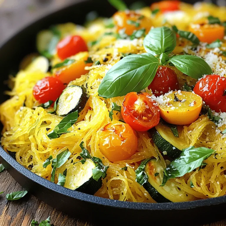 To make Spaghetti Squash Primavera, gather these fresh items: - 1 medium spaghetti squash - 1 tablespoon olive oil - 1 cup bell peppers (mixed colors), sliced - 1 cup zucchini, sliced into half-moons - 1 cup cherry tomatoes, halved - 1 small red onion, thinly sliced - 2 cloves garlic, minced - 1 teaspoon dried oregano - 1 teaspoon dried basil - Salt and pepper to taste - 1/4 cup grated Parmesan cheese (optional) - Fresh basil leaves for garnish You can add these items for more taste: - A pinch of red pepper flakes for heat - Fresh lemon juice for brightness - Sliced mushrooms for earthiness - Spinach for added greens If you can't find an ingredient, here are some swaps: - Use butternut squash instead of spaghetti squash. - Replace olive oil with avocado oil. - Try yellow squash or eggplant in place of zucchini. - Use feta or nutritional yeast instead of Parmesan for a different taste. Feel free to adjust the ingredients to match your taste or what you have on hand. This dish is all about fresh flavors and vibrant colors! Check the Full Recipe for more details on preparing this delightful meal. Start by gathering all your ingredients. This makes cooking easier and fun. You'll need: - 1 medium spaghetti squash - 1 tablespoon olive oil - 1 cup bell peppers, sliced - 1 cup zucchini, sliced - 1 cup cherry tomatoes, halved - 1 small red onion, sliced - 2 cloves garlic, minced - 1 teaspoon dried oregano - 1 teaspoon dried basil - Salt and pepper - 1/4 cup grated Parmesan cheese (optional) - Fresh basil leaves for garnish Now, preheat your oven to 400°F (200°C). This step is key for roasting the squash to perfection. Cut the spaghetti squash in half lengthwise. Scoop out the seeds with a spoon. Drizzle olive oil inside each half and sprinkle with salt and pepper. Place the halves cut side down on a baking sheet. Roast them for about 30-35 minutes. Check if it's fork-tender. While the squash roasts, heat olive oil in a large skillet over medium heat. Add the sliced red onion. Sauté for 3-4 minutes until softened. Next, stir in the minced garlic, bell peppers, and zucchini. Cook for another 5-7 minutes until the veggies are tender. Add the cherry tomatoes, oregano, basil, salt, and pepper to the skillet. Cook for 3-4 minutes until the tomatoes blister. This adds a burst of flavor. Once the spaghetti squash is ready, take it out of the oven. Let it cool for a bit and then scrape the flesh with a fork. This creates those spaghetti-like strands that give the dish its name. Mix the spaghetti squash strands with the sautéed vegetables in the skillet. Toss to combine everything evenly. If you want, sprinkle grated Parmesan on top and toss again for extra flavor. Serve your dish hot on a plate. Garnish with fresh basil leaves. This adds color and freshness. The dish looks bright and inviting. Enjoy your spaghetti squash primavera as a fresh and flavorful meal! For the complete details, check the Full Recipe. Roasting spaghetti squash gives it a sweet taste and nice texture. First, cut your squash in half and scoop out the seeds. This step is key. Use a sharp knife for safety. Drizzle olive oil inside each half. A little salt and pepper will enhance the flavor. Place the squash cut side down on a baking sheet. Roast at 400°F for 30-35 minutes. You want it fork-tender. Check it often to avoid overcooking. To get the best texture from your veggies, start with the onion. Sauté it first until it softens. Then, add bell peppers and zucchini next. Cook them for a few minutes. This way, they keep some crunch. Finally, toss in the cherry tomatoes last. They cook quickly and add freshness. Stir everything gently to mix. This helps the flavors blend without turning the veggies mushy. You can boost flavors in many ways. For a kick, add red pepper flakes while cooking. Fresh herbs like thyme or parsley can brighten the dish. A splash of lemon juice adds zest. If you like a cheesy flavor, sprinkle in more Parmesan cheese. Lastly, consider adding nuts like pine nuts or walnuts for crunch. These tweaks will make your spaghetti squash primavera even more delicious. You can find the full recipe in the article. {{image_2}} You can make Spaghetti Squash Primavera a true veggie delight. Simply switch out any of the vegetables for your favorites. Try adding spinach, kale, or even mushrooms. These choices add rich flavors and textures. You can also toss in fresh herbs like parsley or dill for extra zest. The beauty of this dish is its flexibility; you can make it your own! Adding protein boosts the meal's heartiness. Chicken is a great choice. Just grill or sauté it before mixing with the veggies. Shrimp works well, too. Cook shrimp until they turn pink, then add them to the mix. Tofu is perfect for a plant-based option. Just cube it and pan-fry until golden. These proteins make your dish filling and tasty. Sauces can change the whole vibe of your dish. A simple olive oil and lemon juice mix brightens flavors. If you want something creamier, try adding a splash of cream or a dollop of ricotta. For a kick, consider a spicy marinara sauce. This can amp up the heat and add depth. Feel free to experiment with sauces to find your favorite match! For the full recipe, check out Spaghetti Squash Primavera and enjoy all the delicious possibilities! After enjoying your Spaghetti Squash Primavera, let it cool. Transfer leftovers to an airtight container. Store in the fridge for up to four days. Keep the squash and the sauce separate if possible. This helps maintain the texture. Reheat your leftovers in a skillet or microwave. For the skillet, add a splash of olive oil over medium heat. Stir until heated through, which takes about 5-7 minutes. If using the microwave, place the dish in a microwave-safe container. Heat for 2-3 minutes, stirring halfway through. To freeze, let the dish cool completely. Portion it into freezer-safe bags or containers. Remove as much air as possible to prevent freezer burn. You can freeze the dish for 2-3 months. When you're ready to eat, thaw it overnight in the fridge before reheating. Enjoy a fresh meal anytime! For the full recipe, check the section above. Spaghetti Squash Primavera is a tasty dish made with roasted spaghetti squash and fresh vegetables. The squash has a fun texture that looks like spaghetti. It pairs well with colorful veggies like bell peppers, zucchini, and cherry tomatoes. This dish is light, healthy, and full of flavor. You can enjoy it as a main or a side. Check out the Full Recipe for all the details. To make Spaghetti Squash Primavera vegan, skip the Parmesan cheese. Replace it with nutritional yeast for a cheesy taste. You can also add more vegetables or beans for extra protein. This keeps the dish hearty and satisfying without any animal products. Yes! You can customize this dish with your favorite vegetables. Try adding broccoli, carrots, or spinach. You can also use seasonal veggies for freshness. Just make sure to keep similar cooking times for the best texture. This dish pairs well with a simple salad or garlic bread. You can also serve it with grilled chicken or fish for added protein. If you want a complete meal, consider a light soup on the side. You’ll know the spaghetti squash is done when the skin looks golden and feels soft. You can poke it with a fork. If it goes in easily, it’s ready! The flesh should also be fork-tender, making it easy to scrape into strands. This blog post covered all you need to know about spaghetti squash. We discussed key ingredients, cooking steps, and tips for the best results. We also explored options for variations and storage methods. Whether you want a simple meal or extra flavor, this dish is versatile. Keep these tips in mind for tasty results every time. With your new skills, you can create wonderful spaghetti squash dishes that fit your taste. Happy cooking!