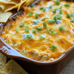 - 2 cups cooked shredded chicken - 1 cup cream cheese, softened - 1/2 cup sour cream - 1/2 cup blue cheese dressing - 1/2 cup buffalo hot sauce - 1 cup shredded cheddar cheese - 1/4 cup chopped green onions - Tortilla chips or celery sticks The heart of buffalo chicken dip is its creamy base. I love starting with cooked shredded chicken. It gives the dip a hearty feel. The cream cheese adds a rich texture. Sour cream brings tanginess, while blue cheese dressing adds a nice kick. Buffalo hot sauce is a must; it gives the dip its famous heat. I always choose shredded cheddar cheese for a melty finish. Chopped green onions make a colorful garnish and add freshness. Finally, I serve this dip with crispy tortilla chips or crunchy celery sticks for dipping. - Additional spices (garlic powder, onion powder, etc.) - Diced jalapeños for extra heat - Substituting cheeses for different flavors For extra flavor, I sometimes add spices like garlic or onion powder. If you enjoy heat, diced jalapeños work great. You can also swap out cheeses to match your taste. For example, try pepper jack for a spicy twist or mozzarella for a milder flavor. These add-ins make the dip even more special and unique. They let you customize the dip to your liking. Check out the Full Recipe for more tips! - Preheat oven to 350°F (175°C). - Prepare a baking dish by lightly greasing it. - In a large bowl, combine the cream cheese, sour cream, and blue cheese dressing. - Mix until it is smooth and creamy. - Next, stir in the shredded chicken and buffalo hot sauce. - Add in half of the cheddar cheese and mix well. - Transfer the mixture into the baking dish. - Spread it evenly and top with the rest of the cheddar cheese. - Bake for 20-25 minutes until it is bubbly and golden. - Once done, let it cool slightly. Garnish with chopped green onions. This buffalo chicken dip is a true crowd-pleaser, perfect for any party. For more details, check the Full Recipe. To make the best buffalo chicken dip, start with softened cream cheese. This helps it mix well with other ingredients. If the cream cheese is cold, it clumps up and is hard to blend. Always taste as you mix. Adjust the spice level to fit your taste. If you like it hot, add more buffalo sauce. If you prefer mild, use less. You want a flavor that makes you happy! For dipping, tortilla chips are a classic choice. They add crunch and flavor. Celery sticks are also great. They give a fresh taste and nice crunch. You can even use carrot sticks or pita chips. Pair your dip with drinks like beer or soda for a fun party feel. A cold drink balances the heat of the dip. You can make the dip ahead of time. Prepare it and store it in the fridge. Just cover it well to keep it fresh. When you're ready to serve, bake it as usual. This saves time and stress before your party. You can enjoy more time with your guests and less time in the kitchen. {{image_2}} You can make buffalo chicken dip healthier with a few easy swaps. Using Greek yogurt instead of sour cream adds protein and cuts fat. Greek yogurt gives a nice creamy texture too. You can also try low-fat cream cheese. This swap keeps the dip rich while lowering calories. Making buffalo chicken dip in a slow cooker is easy. Start by mixing the cream cheese, sour cream, and blue cheese dressing in a bowl. Then, add the shredded chicken and buffalo hot sauce. Stir until smooth. Pour this mixture into the slow cooker. Cook on low for 2 hours or on high for 1 hour. Stir in the cheddar cheese just before serving. This method keeps the dip warm and gooey. You can change the flavor of your buffalo chicken dip in fun ways. For a spicy twist, add extra buffalo sauce or diced jalapeños. This gives a nice heat kick. Another option is to make a creamy ranch buffalo chicken dip. Just mix ranch dressing with the other ingredients. This adds a fresh taste that many love. To store buffalo chicken dip, let it cool to room temp. Then, place it in an airtight container. This keeps the dip fresh and tasty. You can refrigerate it for up to four days. When ready to eat, check for any changes in smell or texture before warming it up. If you want to keep buffalo chicken dip longer, you can freeze it. First, place the dip in a freezer-safe container. Seal it tightly to avoid air leaks. You can freeze it for up to three months. When it's time to enjoy, let it thaw overnight in the fridge. To reheat, bake it in the oven at 350°F (175°C) until hot and bubbly. Stir it occasionally for even heating. Enjoy this tasty dip as a fun snack or at your next party. For the full recipe, check the details above! You can prepare buffalo chicken dip a day before your event. First, follow the Full Recipe until the baking step. After mixing all the ingredients, transfer the dip to a baking dish. Cover it tightly with plastic wrap or foil. Store it in the fridge until you're ready to bake. When you want to serve it, just remove the wrap and bake at 350°F for 20-25 minutes. This saves time and lets the flavors blend. Yes, rotisserie chicken works great! Using pre-cooked chicken saves time. It adds flavor and keeps the dip moist. Simply shred the chicken and mix it with the other ingredients. This method is quick and easy, making your buffalo chicken dip a breeze to prepare. Buffalo chicken dip pairs well with many dippers. Tortilla chips are crunchy and delicious. Celery sticks add a fresh, crisp bite. You can also try carrot sticks or pita chips. These options add variety and make your party spread more fun. This blog post covered how to make buffalo chicken dip step-by-step. You learned about the main ingredients, options for variation, and tips for serving and storing. The joy of making this dip lies in its flexibility. Feel free to experiment with spices or cheese to make it your own. With the right preparation and care, you can enjoy a delicious dip for any gathering. Now, you’re ready to try out this tasty recipe and impress your friends! Enjoy your cooking adventure.