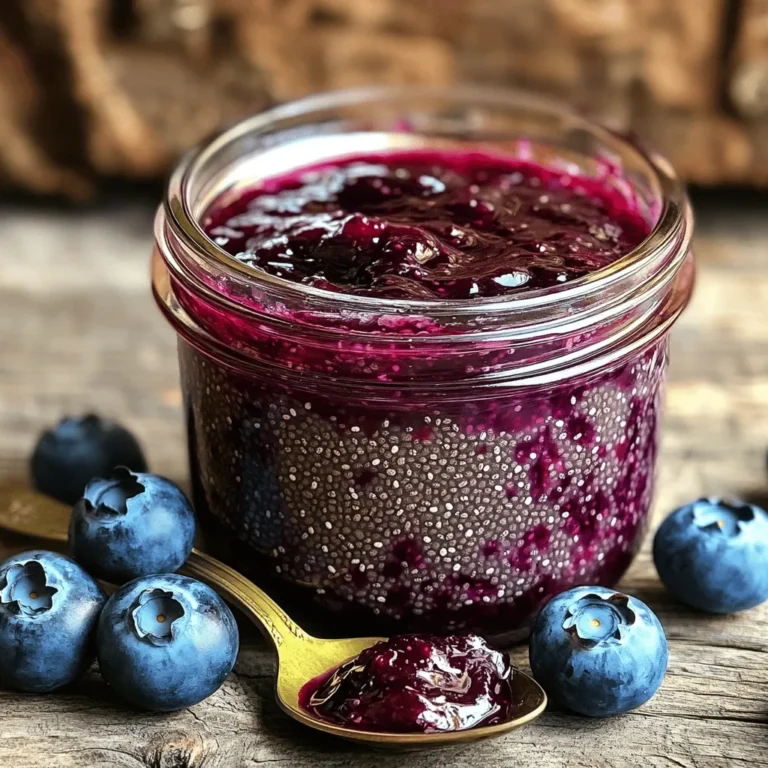- 2 cups fresh or frozen blueberries - 2 tablespoons chia seeds - 2 tablespoons maple syrup - 1 tablespoon lemon juice - 1 teaspoon vanilla extract (optional) - Pinch of salt - Sweetener alternatives, like honey or agave - Herbs and spices for flavor enhancement, such as mint or cinnamon - Medium saucepan - Fork or potato masher - Clean jar or container for storage To make blueberry chia seed jam, keep these ingredients handy. The main ingredients are simple and wholesome. Blueberries are packed with vitamins, and chia seeds add healthy fiber. You can adjust the sweetness with maple syrup based on your taste. Lemon juice gives a nice tang and balances the sweetness. Feel free to add in flavors like cinnamon for warmth or mint for freshness. The equipment is easy to find in any kitchen. A medium saucepan helps cook the jam, while a fork or masher lets you get the right texture. Lastly, having a clean jar is key for storage. For the full recipe, check out the Blueberry Chia Seed Jam . To start, grab a medium saucepan. Combine 2 cups of blueberries, 2 tablespoons of maple syrup, 1 tablespoon of lemon juice, and a pinch of salt. Mix these ingredients well. Place the saucepan over medium heat. Cook the mixture for about 5 to 7 minutes. Stir occasionally until the blueberries become soft and juicy. Once the blueberries soften, take a fork or potato masher. Mash them to your desired consistency. I like it a bit chunky, but you can make it smooth if you prefer. Next, lower the heat and stir in 2 tablespoons of chia seeds. If you want, add 1 teaspoon of vanilla extract for extra flavor. Keep cooking for another 3 to 5 minutes. Stir often until the jam thickens up nicely. After it thickens, remove the jam from the heat. Let it cool for a few minutes in the saucepan. Next, transfer the jam to a clean jar or container. Allow it to cool completely at room temperature. Once cool, seal it with a lid. Your blueberry chia seed jam is now ready to enjoy! For the full recipe, check out the details above. To get the right thickness, chia seeds play a big role. These tiny seeds absorb liquid and swell. Start with 2 tablespoons in your jam. If it’s too runny, add more chia seeds. Cook it a bit longer to thicken. When it comes to blueberries, you can use them whole or mashed. Mashing gives a smoother jam. If you prefer some texture, leave the berries whole. Both ways taste great and look nice! Adjust the maple syrup to fit your taste. Start with 2 tablespoons. If you like it sweeter, add more. If you want less sugar, cut it down. You can also use honey or agave syrup as natural sweeteners. They change the taste a bit, but they work well! Blueberry chia seed jam is super versatile. Spread it on toast, pancakes, or yogurt. You can also mix it into oatmeal for added flavor. For a fun twist, try it with cream cheese on crackers. It makes a tasty snack! You can find the full recipe above for all the details. {{image_2}} You can make this blueberry chia seed jam even more fun by changing the fruits you use. Try adding strawberries or raspberries for a fruity twist. These fruits mix well with blueberries and add new tastes. You can also play with spices. Adding a pinch of cinnamon gives a warm flavor. Ginger can add a nice zing too. Both spices pair well with sweet berries and can elevate your jam. If you follow a vegan diet, this jam is perfect for you. All the ingredients are plant-based. It’s also gluten-free, so it works for many diets. If you want to cut down on sugar, use less maple syrup. You can replace it with a sugar-free sweetener too. Just remember to taste as you go, so you get the right level of sweetness. Using seasonal fruits can really change the jam's flavor. In summer, you might try peaches or blackberries. In fall, apples work well for a cozy vibe. You can even make small jars of jam as gifts for holidays. Tied with a pretty ribbon, they make lovely treats. Enjoying the jam with friends and family makes it even better! For the full recipe, check out the details above. To keep your blueberry chia seed jam fresh, use a clean jar with a tight lid. Glass jars work best. You can also use plastic containers, as long as they seal well. Store the jam in the fridge to keep it tasty. It will stay good for up to two weeks. You can freeze blueberry chia seed jam for longer storage. First, let it cool completely. Then, transfer it to a freezer-safe container. Leave some space at the top for expansion. It can last up to six months in the freezer. To thaw, place the container in the fridge overnight. You can also thaw it in warm water if you're in a hurry. Check your jam before using it. If you see mold or an off smell, it’s time to toss it. Also, if the texture changes or it becomes too watery, it may not be good anymore. Dispose of it properly, preferably in the compost if it’s safe. Blueberry chia seed jam can last about 1 to 2 weeks in the fridge. Store it in a clean, airtight jar to keep it fresh. If you freeze it, it can last up to 6 months. Just thaw it in the fridge when you want to use it. Yes, you can use flax seeds as a substitute. They can thicken the jam too. However, the taste and texture may differ slightly. You might also try cornstarch or arrowroot powder, but they require cooking. Chia seeds are tiny but mighty! They are rich in fiber, which helps with digestion. They also have omega-3 fatty acids, great for heart health. Plus, they provide protein and essential minerals like calcium and magnesium. Including them in your diet can boost your overall wellness. Not at all! You can adjust the sweetness with the maple syrup or leave it out. The blueberries are naturally sweet, especially when cooked. If you prefer a sugar-free jam, just use more fruit or add a sugar substitute like stevia. This blog post covers how to make delicious blueberry chia seed jam. We looked at the key ingredients, like blueberries and chia seeds, and shared tips for great flavor and texture. You learned how to prepare, mash, and store your jam. Remember, you can customize it with other fruits or spices. Enjoy making your jam! It's tasty, easy, and packed with health benefits. Don't hesitate to experiment with different flavors and combinations. Your homemade jam can become a fun staple in your kitchen!