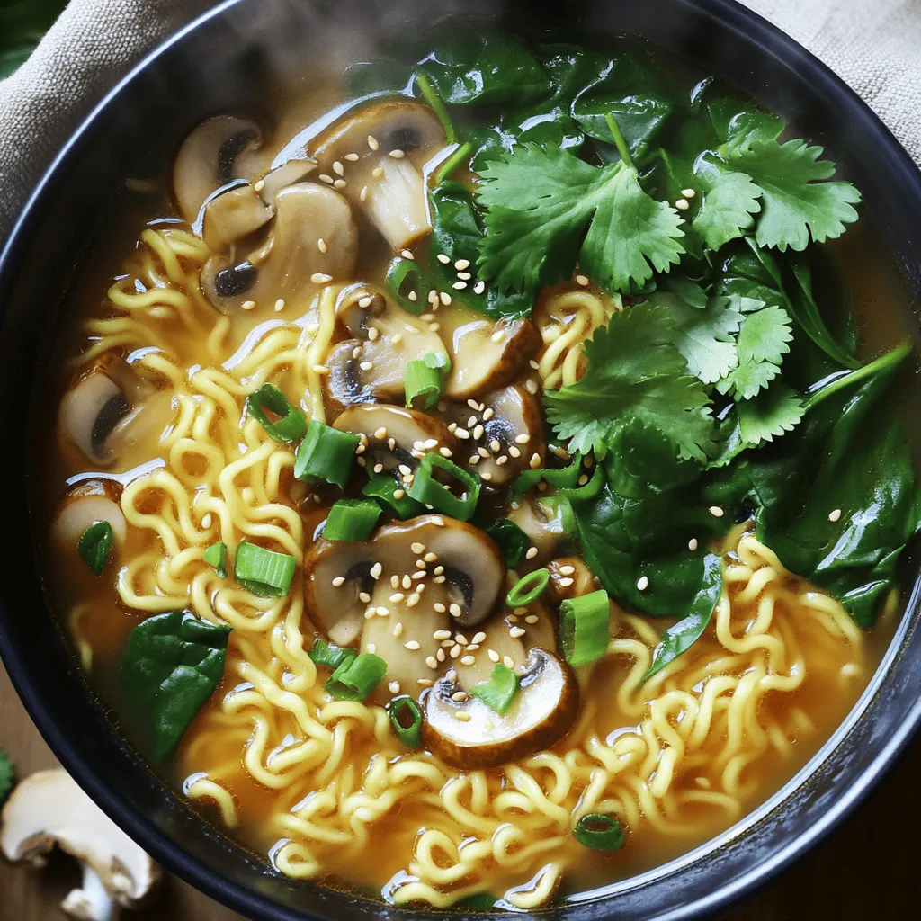 Here are the ingredients you need for this tasty Asian mushroom ramen noodles recipe: - 200g ramen noodles - 300g mixed mushrooms (shiitake, oyster, button), sliced - 4 cups vegetable broth - 1 tablespoon sesame oil - 2 cloves garlic, minced - 1 inch ginger, minced - 2 tablespoons soy sauce - 1 tablespoon miso paste (white or yellow) - 1 tablespoon rice vinegar - 1 teaspoon chili paste (adjust to taste) - 1 cup baby spinach - 2 green onions, sliced - Sesame seeds for garnish - Fresh cilantro leaves for garnish These ingredients come together to create a flavorful and easy dish that warms the soul. The mix of mushrooms adds a deep umami flavor, while the broth ties everything together. You can easily find these items at your local grocery store or farmer's market. For the complete recipe details, check out the Full Recipe link. To cook the ramen noodles, boil water in a pot. Add the ramen noodles and cook them for 3-4 minutes. Check the package for exact times. Once they are tender, drain them and set aside. Timing is key here; undercooking helps keep noodles firm. In a large pot, heat 1 tablespoon of sesame oil over medium heat. Once hot, add 2 cloves of minced garlic and 1 inch of minced ginger. Sauté these for 1-2 minutes until they smell great. This step builds a strong flavor base for your ramen. Next, add 300g of sliced mixed mushrooms to the pot. Stir-fry them for about 5-7 minutes. You want them to be tender and slightly browned. Stir-frying at medium heat helps intensify their flavor. Now, pour in 4 cups of vegetable broth. Add 2 tablespoons of soy sauce, 1 tablespoon of miso paste, 1 tablespoon of rice vinegar, and 1 teaspoon of chili paste. Stir well to mix everything. Let the broth simmer for a few minutes. This mix creates a rich and savory taste. Once your broth is simmering, add 1 cup of baby spinach. Cook it for 2-3 minutes until it wilts. Then, gently add the cooked ramen noodles to the pot. Stir everything to coat the noodles in the broth. Heat for another 2-3 minutes. Ladle the ramen into bowls. Make sure each bowl gets plenty of mushrooms and spinach. For the final touch, garnish with sliced green onions, sesame seeds, and fresh cilantro leaves. This adds color and flavor. For the full recipe, check the details above. To enhance the depth of your broth, use fresh ingredients. Fresh garlic and ginger will add zest. Miso paste gives a rich umami flavor. You can adjust the soy sauce for a saltier kick. Add a splash of rice vinegar to balance the savory notes. This layer of flavors makes every sip tasty. To avoid mushy noodles, cook them just until tender. Follow the package instructions closely. Drain them promptly, and rinse with cold water. This halts the cooking process. Timing is key; add the noodles to the broth right before serving. This keeps them firm and perfect. If you can’t find certain mushrooms, try using portobello or enoki. Both add unique flavors. For added nutrition, toss in veggies like bok choy or carrots. You can also add proteins like tofu or chicken for a heartier meal. Customize your ramen to suit your taste. {{image_2}} To make your ramen spicy, add chili oil. Just a small drizzle can bring heat. You can also mix in red pepper flakes or Sriracha. Adjust the spice to your taste. Some like it hot, while others prefer mild flavors. Adding heat can make the dish more exciting. If you want a punch, use more chili paste. The heat level can change with each bite! If you want a vegan version, choose a plant-based broth. Look for options without animal products. You can even make your own broth with veggies and herbs. For protein, swap in tofu or tempeh. Both options soak up flavor well. You could also add chickpeas for a nice texture. These changes make the dish filling and satisfying. You can enjoy this ramen cold, too! Just cool the noodles after cooking. Mix them with fresh veggies like cucumber and bell peppers. For toppings, add sliced radishes and sesame seeds. A drizzle of soy sauce or sesame dressing adds flavor. This cold version is perfect for warm days or picnics! Looking for the full recipe? Check out the [Full Recipe]. To keep your Asian mushroom ramen fresh, store leftovers in an airtight container. Glass or plastic containers work well. Make sure to cool the ramen to room temperature before sealing. This helps avoid condensation, which can make the noodles soggy. Store your ramen in the fridge for up to three days. When you’re ready to enjoy your leftover ramen, reheating is key. I recommend using the stovetop. Just add a little broth or water to a pot and heat gently. Stir often to keep the noodles from sticking. This method helps preserve the texture and flavor of your ramen. You can also use a microwave if you're short on time. Just cover the bowl and heat in short bursts, stirring in between. If you want to save your ramen for later, you can freeze it. First, cool the ramen completely. Then, separate the noodles from the broth. Place each in a freezer-safe bag or container. This way, the noodles won’t get mushy when thawed. To thaw, simply place in the fridge overnight. For a quick option, you can microwave it, but be gentle to keep the noodles intact. Yes, you can use many types of noodles. If you want gluten-free options, try rice noodles or buckwheat noodles. These choices cook quickly and offer a nice texture. For a healthier option, whole grain noodles work well too. Just remember to check the cooking times for your noodles, as they may differ from regular ramen. To add more heat, use chili paste or chili oil. You can mix it into the broth while cooking. Another option is to sprinkle red pepper flakes on top before serving. If you want a kick, try adding sliced jalapeños or fresh chili peppers. Adjust the spice level to suit your taste! To make your ramen more filling, consider adding protein. Tofu is a great choice for a vegetarian option. You can cube and sauté it until golden before adding it to the broth. If you prefer meat, grilled chicken or beef slices work nicely too. Eggs are another great addition; simply soft-boil them and place on top of your noodles. You can store cooked ramen in the fridge for up to three days. Place it in an airtight container to keep it fresh. When reheating, add a splash of broth or water to keep the noodles from drying out. For longer storage, you can freeze the broth and noodles separately. This way, you can enjoy your ramen later, just like the first time! You've learned how to make delicious ramen from scratch. We covered ingredients, cooking methods, and tips for the best flavor. I shared ideas for variations and how to store leftovers. Ramen is simple yet fun to customize. Whether you enjoy it spicy or as a cold salad, the options are endless. Remember, great ramen starts with good ingredients and careful cooking. Dive in, experiment, and make this dish your own!