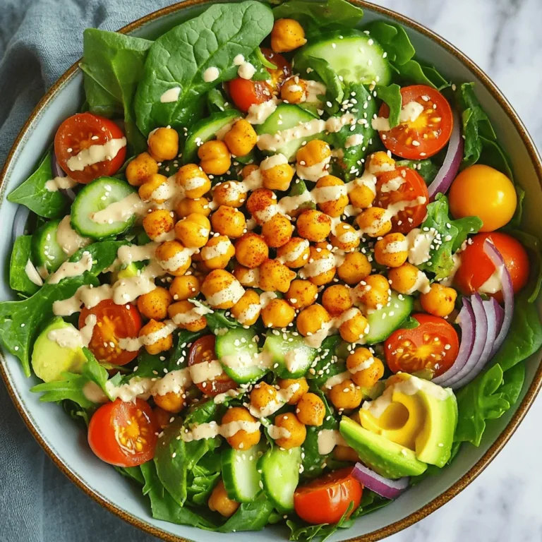 - 1 can (15 oz) chickpeas, drained and rinsed - 4 cups mixed greens (spinach, arugula, and romaine) - 1 cup cherry tomatoes, halved - 1 cucumber, diced - 1 bell pepper, diced - 1/4 red onion, thinly sliced - 1 avocado, sliced - 2 tablespoons tahini - 2 tablespoons lemon juice - Water to thin - Seasonings: Salt, pepper, smoked paprika, garlic powder - Additional toppings like sesame seeds or nuts - Alternative greens or vegetables Crispy chickpeas are the star of this salad. They add crunch and protein. Start with a can of chickpeas. Be sure to drain and rinse them well. This step helps remove extra sodium. For the greens, I love a mix of spinach, arugula, and romaine. They add different flavors and textures. You can also use other greens if you prefer. Cherry tomatoes bring sweetness to the dish. Diced cucumber and bell pepper add freshness and crunch. Red onion gives a nice bite, while the avocado adds creaminess. Now, let's talk about the dressing. Tahini is a rich base. It has a nutty flavor. Mixing it with lemon juice brightens the taste. Add water to make it thinner. Seasonings like salt, pepper, smoked paprika, and garlic powder enhance the flavor. Feel free to adjust these to your liking. You can add more toppings if you want. Sesame seeds give extra crunch. Nuts can add healthy fats. This salad is flexible, so make it your own! You can find the full recipe for a detailed guide. 1. Preheat your oven to 400°F (200°C). This helps make the chickpeas crispy. 2. In a bowl, toss the drained chickpeas with olive oil, smoked paprika, garlic powder, salt, and pepper. Make sure they are evenly coated. 1. Spread the chickpeas on a baking sheet in a single layer. 2. Bake for 25-30 minutes. Shake the pan halfway through to ensure even crispiness. 1. In a large bowl, combine the mixed greens, cherry tomatoes, cucumber, bell pepper, red onion, and avocado. 2. In a small bowl, whisk together tahini, lemon juice, and water until smooth. Adjust the thickness to your liking. 3. Season the dressing with salt and pepper. 4. Add the crispy chickpeas to the salad mix. Drizzle the tahini dressing over everything. Toss gently to combine. You can serve this salad right away for the best crunch or chill it for a refreshing treat. For the full recipe, refer back to the ingredients list and instructions. Enjoy your delicious Crispy Chickpea Salad! To make your chickpeas extra crispy, dry them well before seasoning. After draining and rinsing, use a kitchen towel to absorb moisture. This will help them roast better. You can also try different spices like cumin, curry powder, or chili powder. Each spice gives a unique flavor twist to the chickpeas. To adjust the tahini dressing, add water slowly until it reaches your desired creaminess. If you want a thinner dressing, keep adding water bit by bit. If you don’t have tahini, you can use peanut butter or sunflower seed butter as a substitute. These will still give a nice creamy texture. Serve the salad right after you make it. This keeps the chickpeas crunchy and the greens fresh. If you need a complete meal, pair the salad with grilled chicken or fish. It also goes well with whole-grain pita or quinoa for extra nutrition. {{image_2}} You can change this salad to fit your taste. Try a Mediterranean twist! Add feta cheese for a creamy touch. The salty feta pairs well with the crispy chickpeas. You can also make a spicy version. Just sprinkle chili flakes on the chickpeas before baking. This adds heat and flavor. If you follow a vegan diet, this salad is already perfect. The chickpeas provide protein and fiber. If you want a gluten-free option, you can enjoy it without worry. All the ingredients are naturally gluten-free. Seasonal vegetables can make your salad shine! In spring, add fresh asparagus or radishes. In summer, use juicy heirloom tomatoes. Autumn is great for roasted butternut squash. In winter, try shredded Brussels sprouts or kale for added crunch. Mix and match to keep things exciting! To keep your Crispy Chickpea Salad fresh, store it in the fridge. Use an airtight container to seal in the flavor. If you want to keep the chickpeas crunchy, store them separately. This way, they won’t get soggy. The salad lasts three days in the fridge. The crispy chickpeas stay good for about five days. To refresh the salad, add a splash of lemon juice or a bit of fresh greens. This brightens the flavors and keeps it tasty. Yes, you can freeze chickpeas! Just make sure they are fully cooked and cooled first. For salad components, freeze them in small bags. When ready to eat, thaw them overnight in the fridge. Avoid freezing the avocado or mixed greens as they don’t hold up well. For the full recipe, check out the Crispy Chickpea Salad section. If you need a tahini substitute, try these options: - Sunflower seed butter - Almond butter - Greek yogurt - Peanut butter - Cashew butter These choices work well in the dressing, giving nice flavor. You can make chickpeas crispy without baking by using these methods: - Pan-frying in a skillet - Air frying at high heat - Cooking in an Instant Pot with the lid off Each method will give you a nice crunch. Yes, you can prep this salad ahead! Here are some tips: - Keep crispy chickpeas separate until serving. - Mix the salad ingredients and store in the fridge. - Make the dressing and store it in a jar. This way, it stays fresh and crunchy when you eat it. This salad is very filling! It has many nutrients: - Protein from chickpeas - Healthy fats from avocado - Fiber from greens and veggies Together, these ingredients help keep you satisfied. Absolutely! Canned chickpeas work great in this recipe. They are already cooked and ready to use. Just drain and rinse them before adding to your salad. They save time and are easy to use. This blog post shared a simple, delicious salad full of healthy ingredients. We learned how to make crispy chickpeas and a tasty tahini dressing. You can customize the salad with extra toppings or seasonal vegetables, making it versatile for your taste. Remember to store leftovers correctly to keep them fresh. Whether fresh or stored, this salad is not just good for you—it’s filling too. Enjoy this recipe's many variations and tips, and get creative in your kitchen!