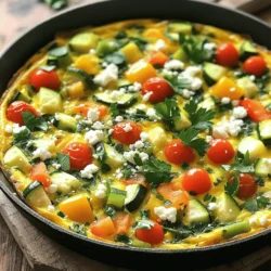 To make a savory vegetable frittata, you will need: - 6 large eggs - 1 cup spinach, chopped - 1 bell pepper, diced (any color) - 1 small zucchini, diced - 1/2 cup cherry tomatoes, halved - 1/4 cup onion, finely chopped - 1/2 cup feta cheese, crumbled - 2 tablespoons olive oil - Salt and pepper, to taste - Fresh parsley, for garnish Each ingredient brings unique benefits to your frittata: - Eggs: Packed with protein and nutrients like vitamin D. - Spinach: Rich in iron, calcium, and vitamins A and C. - Bell Peppers: High in antioxidants and vitamin C. - Zucchini: Low in calories and full of fiber. - Cherry Tomatoes: Provide hydration and vitamins K and C. - Feta Cheese: Adds flavor and calcium, while being lower in fat. - Olive Oil: A healthy fat that supports heart health. - Fresh Parsley: Adds a nice touch of color and vitamins. When selecting your ingredients, keep these tips in mind: - Eggs: Look for eggs with clean, uncracked shells. Check the expiration date. - Spinach: Choose bright green leaves without wilting or yellowing. - Bell Peppers: Pick firm peppers with smooth skin. Avoid soft spots. - Zucchini: Select smaller ones for better flavor and texture. - Cherry Tomatoes: Go for plump, shiny tomatoes with a sweet smell. - Onion: Choose firm onions with dry skins. Avoid any soft areas. - Feta Cheese: Try to buy it from a deli for the best taste. - Olive Oil: Opt for extra virgin for the best flavor. - Parsley: Fresh parsley should be bright green and fragrant. These simple tips will help you find the best ingredients for your savory vegetable frittata. For the full recipe, please refer to the section above. Start by gathering your ingredients. You will need: - 6 large eggs - 1 cup spinach, chopped - 1 bell pepper, diced (any color) - 1 small zucchini, diced - 1/2 cup cherry tomatoes, halved - 1/4 cup onion, finely chopped - 1/2 cup feta cheese, crumbled - 2 tablespoons olive oil - Salt and pepper, to taste - Fresh parsley, for garnish Next, preheat your oven to 375°F (190°C). This step helps cook the frittata evenly. While the oven heats, chop your vegetables. Make sure the pieces are small. This helps them cook faster. In a large oven-safe skillet, heat the olive oil over medium heat. Add the chopped onions. Sauté them until they turn translucent, about 3-4 minutes. Next, add the diced bell pepper and zucchini. Cook these for another 3-5 minutes. You want them soft but not mushy. Now, stir in the chopped spinach. Cook until it wilts, about 1-2 minutes. In a bowl, whisk together the eggs, salt, and pepper. Pour this egg mixture over the cooked vegetables in the skillet. Spread the halved cherry tomatoes on top. Finally, sprinkle the crumbled feta cheese across everything. Cook the frittata on the stovetop for about 2-3 minutes. This helps the edges set. Then, transfer the skillet to your preheated oven. Bake for 15-20 minutes. The frittata is done when it's set in the middle and lightly golden on top. Once baked, remove the skillet from the oven. Let it cool for a few minutes before slicing. This makes serving easier. Garnish the frittata with fresh parsley for a pop of color. Now, you have a beautiful dish ready to enjoy! For the full recipe, check out the detailed instructions above. When making a vegetable frittata, avoid overcooking the eggs. This can make them dry and rubbery. Another mistake is not using enough salt. Salt brings out the flavors of the veggies and eggs. Also, be careful not to skip the preheating step. A hot skillet helps the frittata cook evenly and rise nicely. To boost flavor, try adding herbs like basil or thyme. Fresh herbs add depth to the dish. You can also use spices like paprika or garlic powder. These can really change the taste. Lastly, consider a splash of hot sauce for a kick. It adds a nice heat that pairs well with the veggies. Timing is key for a perfect frittata. Cook the veggies until just tender, but not mushy. This usually takes about 5-7 minutes. After adding the egg mixture, watch it closely on the stovetop. Let it cook until the edges start to firm up. Then bake it until it's set in the middle. This usually takes 15-20 minutes in the oven. A perfectly cooked frittata is firm but still moist. For a complete guide, check out the Full Recipe. {{image_2}} You can mix and match veggies in your frittata. Try using mushrooms, kale, or broccoli. Each vegetable brings its own flavor and texture. If you want a spicy kick, add jalapeños or red chili flakes. For a lighter touch, use asparagus or artichokes. This recipe is all about what you love. Feta cheese is great, but you can switch it out. Try cheddar, goat cheese, or mozzarella. Each cheese will change the taste. Goat cheese adds creaminess, while cheddar gives a sharp bite. For a milder flavor, use mozzarella. You can even mix cheeses for a unique twist. Pair your frittata with fresh salad or crusty bread. A side of sliced avocado adds creaminess. You can dip it in salsa or hot sauce for added flavor. Serve it warm or at room temperature. Leftovers make a great breakfast the next day. You can even enjoy it cold! You can store leftover frittata in an airtight container. Let it cool first, then cover it tightly. Place it in the fridge for up to three days. If you want to keep it longer, freezing is a great option. When you’re ready to eat the frittata, reheat it gently. You can use a microwave or an oven. For the microwave, heat for about 1-2 minutes. For the oven, preheat to 350°F (175°C) and bake for about 10 minutes. This keeps it moist and tasty. To freeze your frittata, cut it into slices. Wrap each slice in plastic wrap. Then place them in a freezer bag. You can freeze it for up to two months. When you're ready to enjoy, thaw in the fridge overnight and reheat. This way, you can savor every bite of your savory vegetable frittata later! For the full recipe, check out the original details. You can tell the frittata is done when it is set in the middle. The edges should be firm, and the top should look slightly golden. A toothpick inserted in the center should come out clean. If it wobbles too much, give it more time in the oven. Yes, you can make a frittata ahead of time. It stores well in the fridge for up to three days. Just cool it completely before wrapping it tightly. You can reheat it in the oven or microwave when you're ready to enjoy it. If you want to make a frittata without eggs, try using tofu. Silken tofu works best. You can blend it until smooth and season it with salt and spices to mimic the egg flavor. Another option is chickpea flour mixed with water, which creates a similar texture. This blog post covered the key ingredients, steps, and tips for making a frittata. We explored how to choose fresh ingredients and learn cooking techniques. Common mistakes to avoid can help you level up your dish. We also looked at variations and how to store leftovers properly. With these insights, you can create a frittata that impresses everyone. Enjoy your cooking journey, and remember to have fun experimenting!