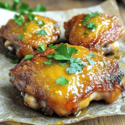 For the honey mustard chicken thighs, you will need: - 4 chicken thighs, bone-in and skin-on - 1/4 cup honey - 1/4 cup Dijon mustard - 2 tablespoons olive oil - 2 cloves garlic, minced - 1 tablespoon apple cider vinegar - 1 teaspoon smoked paprika - Salt and pepper to taste Each ingredient plays a role in creating the sweet and tangy flavor profile. The honey adds a natural sweetness, while the Dijon mustard provides a pleasant tang. The olive oil ensures the chicken stays moist during cooking. Garlic and smoked paprika bring depth and warmth. Don't forget to season with salt and pepper to enhance all these flavors. To elevate your dish, consider these garnishes: - Fresh parsley, chopped - Sliced green onions - Lemon wedges Garnishes not only make your plate look pretty, but they also add flavor. Fresh parsley brings a pop of color and freshness. Green onions give a mild crunch, while lemon wedges can brighten the dish with a splash of acidity. These simple touches can transform your meal and impress your family or guests. For the full recipe, check out the link to create this delightful dish. To prepare the marinade, start with a mixing bowl. Add in the honey, Dijon mustard, olive oil, minced garlic, apple cider vinegar, smoked paprika, salt, and pepper. Whisk these ingredients together until they blend well. This mix gives your chicken a sweet and tangy taste. Next, marinate the chicken. Place the chicken thighs in a shallow dish or a zip-top bag. Pour the marinade over the chicken. Make sure each thigh is fully coated. Cover the dish or seal the bag. Marinate for at least 30 minutes, but if you have time, let it sit for up to 2 hours in the fridge. This step is key to enhancing the flavor. Preheat your oven to 400°F (200°C). This temperature ensures the chicken cooks evenly and the skin becomes crispy. Now, take the chicken thighs out of the marinade. Place them skin-side up on a baking sheet lined with parchment paper. Do not discard the marinade just yet; you'll use it for the sauce later. Bake the chicken for 25 to 30 minutes. The meat should reach an internal temperature of 165°F (75°C), and the skin must look golden brown and crispy. While the chicken is baking, prepare the sauce. Pour the reserved marinade into a small saucepan. Heat it over medium heat until it simmers. Let it reduce for about 5 minutes, and it will thicken slightly. Set it aside to use later. Once the chicken is done, take it out of the oven. Let it rest for 5 minutes. This helps keep it moist. Drizzle the reduced marinade over the chicken thighs before serving. For a nice touch, garnish with fresh chopped parsley. This adds color and a fresh flavor to your dish. For the full recipe, check the recipe section above. Enjoy your honey mustard chicken thighs! For the best flavor, marinate the chicken thighs. Mix honey, mustard, and spices in a bowl. Place the chicken in a shallow dish or zip-top bag. Pour the marinade over the chicken, ensuring it is fully coated. For optimal flavor, marinate for at least 30 minutes. If you have time, marinate for up to 2 hours. This helps the flavors soak in deeply. To ensure moist chicken thighs, bake them at 400°F (200°C). This high heat keeps the juices inside. Use a meat thermometer to check for doneness. The internal temperature should reach 165°F (75°C). For crispy skin, start with bone-in, skin-on thighs. Place them skin-side up on the baking sheet. Avoid crowding the pan to allow air to circulate. You can spice up your honey mustard chicken thighs with variations. Try adding cayenne pepper for heat or cumin for earthiness. Fresh herbs like rosemary or thyme also work great. Chop them finely and mix them into the marinade. This adds a fresh twist to the dish. Feel free to experiment and find your favorite flavor combinations. For the full recipe, click here. {{image_2}} You can swap chicken thighs for other meats. Pork tenderloin works well with honey mustard. Turkey thighs are another tasty option. Adjust cooking times based on the protein. For pork, cook until it reaches 145°F. Turkey should hit 165°F. Each meat brings its own flavor and texture, so feel free to experiment. For gluten-free diets, use gluten-free mustard and check honey labels. Low-carb diets can enjoy this dish with no changes. For a vegan or vegetarian option, use tofu or tempeh. Marinate these proteins just like the chicken. Bake or pan-fry them to get a nice crust. You can also try chickpeas for a fun variation. You can grill the chicken thighs for a smoky flavor. Preheat your grill to medium-high heat. Cook each side for about 6-7 minutes, until they reach 165°F. Baking is simple and gives you crispy skin. Use a baking sheet lined with parchment, as I mentioned in the Full Recipe. Slow cookers are great too! Cook on low for 6-8 hours. This method makes the chicken very tender and juicy. Each method offers unique tastes and textures, so try them all! To keep leftover honey mustard chicken thighs fresh, place them in an airtight container. This helps lock in moisture and flavors. If you have multiple pieces, separate layers with parchment paper. This prevents them from sticking together. Store the container in the fridge for up to three days. For best taste, consume the leftovers sooner rather than later. If you want to store chicken thighs for a longer time, freezing is your best option. Allow the chicken to cool completely before freezing. Wrap each piece tightly in plastic wrap or aluminum foil. Then, place them in a freezer-safe bag. Remove as much air as possible to prevent freezer burn. They can stay fresh in the freezer for up to three months. When you're ready to enjoy, thaw the chicken thighs in the fridge overnight. Reheating without drying out your chicken is key. Preheat your oven to 350°F (175°C). Place the chicken thighs on a baking sheet. Cover them loosely with foil to trap steam. Heat for about 15-20 minutes until warm. If you prefer using a microwave, set it to medium power. Heat in short bursts, checking often to avoid overcooking. Aim for a temperature of 165°F (75°C) before serving. Enjoy your flavorful dish! For the full recipe, check out the details above. Marinate the chicken thighs for at least 30 minutes. For the best flavor, aim for 2 hours. The longer you marinate, the more flavor they soak up. Yes, you can use boneless chicken thighs. They cook faster, so check them at 20-25 minutes. Keep an eye on the internal temperature; it should reach 165°F. These chicken thighs pair well with many sides. Consider serving them with: - Steamed broccoli - Roasted potatoes - Rice pilaf - Mixed green salad These options create a balanced meal. Absolutely! You can mix the marinade a day before. Store it in the fridge. This makes it easy to prep when you're ready to cook. Yes, this recipe works great for meal prep. You can cook a big batch and store leftovers. Use airtight containers for easy grab-and-go meals. In this blog post, I covered everything you need to know about making delicious honey mustard chicken thighs. You learned about the key ingredients, marinating techniques, and cooking methods. I also shared tips on enhancing flavor and adjusting recipes for different diets. Remember, with the right preparation, you can create a tasty dish every time. Enjoy experimenting with different proteins and garnishes. Your kitchen adventures start here. Happy cooking!