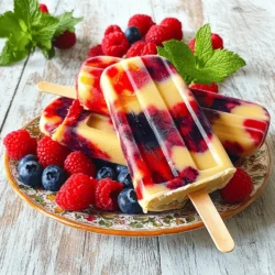 - Mixed Berries: strawberries, blueberries, raspberries - Coconut Milk: canned, full-fat options - Sweeteners: honey or maple syrup - Flavor Enhancers: vanilla extract, salt - Garnishing Options: fresh mint leaves For these berry coconut popsicles, you need fresh and vibrant ingredients. I suggest using a mix of strawberries, blueberries, and raspberries. The colors and flavors blend well together. Next up is coconut milk. Canned, full-fat coconut milk is best for a creamy texture. It adds a rich flavor that pairs perfectly with the berries. For sweetness, you can use either honey or maple syrup. Adjust the amount to suit your taste. If you love a sweeter treat, add a bit more. Vanilla extract adds depth to the flavor. Just a teaspoon will do. A small pinch of salt brings out the sweetness, making your popsicles taste better. For a little touch of freshness, consider garnishing with mint leaves. It not only looks nice but adds a burst of flavor too. This simple list of ingredients can lead to a delicious summer treat. Check out the [Full Recipe] for more details on making these popsicles! 1. Rinse the mixed berries under cold water and pat them dry. If you use strawberries, slice them into smaller pieces. 2. In a blender, combine the mixed berries, coconut milk, honey or maple syrup, vanilla extract, and a pinch of salt. Blend on high until you have a smooth mixture. 3. Taste the mixture. If you want it sweeter, add more honey or maple syrup. 4. Pour a small amount of the berry-coconut mixture into each popsicle mold, filling them about one-third full. 5. Insert the popsicle sticks into the molds. Freeze for about 1 hour until slightly firm. 6. After an hour, remove the molds from the freezer. Add more of the berry-coconut mixture to fill the molds. Use a skewer or toothpick to swirl the mixture for a marbled effect. 7. Return the molds to the freezer. Freeze for an additional 3-4 hours or until completely solid. 8. To release the popsicles, run warm water over the outside of the molds for a few seconds until they loosen. Carefully pull them out and enjoy! Presentation tips: Serve the popsicles on a plate. Garnish with fresh mint leaves and a side of extra mixed berries. This makes a lovely visual treat. For the full recipe, refer to the section above. To make the best Berry Coconut Popsicles, start with full-fat coconut milk. This milk gives your popsicles a creamy texture that makes them rich and smooth. If you need a dairy-free option, use almond or oat milk. These can change the taste, but they still work well. When blending, make sure you mix the ingredients until smooth. If you see lumps, keep blending. You want a silky mixture for easy pouring into molds. To make your popsicles look great, serve them on a bright plate. You can also add fresh mint leaves on top for a pop of color. This adds a nice touch and extra flavor. At gatherings, get creative! Place the popsicles in a tall glass or a bucket filled with ice. This not only keeps them cool but also looks fun and inviting. You can even add extra berries around the popsicles for a colorful spread. For the full recipe, check the earlier section. You will love how easy it is to make these delicious treats! {{image_2}} You can change the flavor of your popsicles by using seasonal berries. Fresh strawberries, blueberries, and raspberries each have unique tastes. Mixing them gives your popsicles a new twist. You can also try adding tropical fruits like mango or pineapple. These fruits add a sweet and juicy burst. Swirling two mixtures together creates berry-coconut popsicle swirls. This fun method makes your popsicles look beautiful and taste amazing. If you prefer non-dairy options, there are many great choices. Almond milk or oat milk can work well, too. Just remember to choose unsweetened versions to control sugar. Adjust the sweetness based on the fruit you use. Some fruits are sweeter than others, so taste as you go! For a creamy texture, consider layering your popsicles with yogurt. This adds a nice contrast and a delightful flavor. Store your berry coconut popsicles in airtight containers. This keeps them fresh and prevents ice crystals. You can also use popsicle molds with lids. They are great for easy access. The best way to freeze them is laid flat in your freezer. For optimal freshness, wrap your popsicles in plastic wrap. This extra layer helps prevent freezer burn. You can also place parchment paper between popsicles if you stack them. This will help to keep them from sticking together. You can store berry coconut popsicles for up to 2 months. After that, they may lose some flavor. To enjoy them at their best, eat them sooner. To serve your popsicles, let them sit at room temperature for about 5 minutes. This helps them soften a bit. If you want them to melt a little faster, run warm water over the outside of the mold. For mess-free serving, use a plate or napkin. This way, any drips stay contained. If you have kids, hand them a popsicle in a cup. This helps catch any melting juice. After storage, serve your popsicles with fresh mint leaves. You can also add extra berries on the side for a colorful touch. Enjoying these popsicles is as refreshing as making them! To stop your popsicles from sticking, follow these tips: - Use silicone molds. They make removal easier. - Coat the molds lightly with cooking spray or oil. - Let the popsicles sit at room temperature for a few minutes. - Run warm water over the outside of the molds before pulling them out. These steps help ensure your popsicles slide out smoothly. Yes, you can use frozen berries! Frozen fruit has several benefits: - It’s often picked at peak ripeness, making it sweeter. - It’s convenient and available year-round. - You don’t need to wash or slice them. When using frozen berries, blend them straight from the freezer. This keeps your popsicles icy and tasty. If you lack coconut milk, try these alternatives: - Almond milk for a nutty flavor. - Soy milk for a creamy texture. - Yogurt for added creaminess and tang. Each option changes the taste slightly but can still create delicious popsicles. Experiment to find your favorite! You can make delicious and refreshing popsicles using simple ingredients. We covered mixed berries, coconut milk, and sweeteners for taste. You learned how to blend, freeze, and present them perfectly. Remember to use full-fat coconut milk for the best texture. Try new flavors by mixing seasonal fruits or yogurt. Store your popsicles well to keep them fresh, and enjoy them when you're ready. With these tips and tricks, you'll impress everyone at your next gathering! Enjoy your tasty creations!
