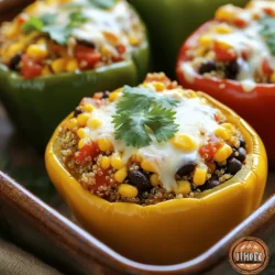 - 4 large bell peppers (any color) - 1 cup quinoa, rinsed - 2 cups vegetable broth - 1 can (15 oz) black beans, drained and rinsed - 1 cup corn kernels (fresh or frozen) - 1 cup diced tomatoes (canned or fresh) - 1 tsp cumin - 1 tsp smoked paprika - 1/2 tsp chili powder - Salt and pepper to taste - 1 cup shredded cheese (cheddar or Monterey Jack, optional) - Fresh cilantro or parsley for garnish You can change this dish to suit your taste. Here are some fun ideas: - Add cooked ground meat like turkey or beef for extra protein. - Include chopped onions or garlic for a savory kick. - Toss in some spinach or kale for added greens. - Swap black beans with kidney beans or lentils for a different flavor. This dish is not just tasty; it's healthy too. Here’s a quick look at what you get: - High in protein from quinoa and beans. - Packed with fiber from peppers and beans, aiding digestion. - Rich in vitamins and minerals from fresh vegetables. - A great source of antioxidants, especially from tomatoes. For a full recipe, check out the Full Recipe. This gives you a chance to enjoy a colorful and tasty meal that is good for you! First, rinse one cup of quinoa under cold water. This step removes any bitter taste. In a medium pot, combine the rinsed quinoa with two cups of vegetable broth. Bring this to a boil over high heat. Once it boils, lower the heat to a simmer and cover the pot. Cook for about 15 minutes. After 15 minutes, check if the quinoa has absorbed all the liquid. If it has, remove it from heat and fluff it with a fork. This creates a light and airy texture. Next, choose four large bell peppers in any color you like. Slice the tops off each pepper. Be careful not to cut too deep. Remove the seeds and membranes inside. This ensures the filling fits well. Stand the peppers upright in a baking dish. This makes it easy to fill them later. In a large mixing bowl, combine the cooked quinoa, black beans, corn, and diced tomatoes. Add cumin, smoked paprika, chili powder, and salt and pepper to taste. Mix all these ingredients well until they are evenly distributed. Take a spoon and fill each bell pepper with the quinoa mixture. Pack it down gently to fit more filling. If you want to add cheese, sprinkle it on top of each pepper. Now it's time to bake! Preheat the oven to 375°F (190°C). Cover the baking dish with aluminum foil. Place it in the oven and bake for 25 to 30 minutes. This helps the peppers become tender. After the time is up, remove the foil. If you used cheese, bake for another 10 minutes. This lets the cheese melt and become golden. Once they are tender and the cheese is bubbly, take them out. Let them cool for a few minutes. Garnish with fresh cilantro or parsley for a pop of color. Enjoy your savory quinoa stuffed peppers! To cook quinoa well, rinse it first. This step removes any bitter taste. Use a ratio of 1 cup quinoa to 2 cups vegetable broth for flavor. Bring the broth to a boil and add the rinsed quinoa. Reduce the heat and cover the pot. Cook for about 15 minutes or until the liquid is gone. Fluff the quinoa with a fork after cooking. This makes it light and fluffy, perfect for stuffing your peppers. Select large bell peppers for this recipe. They hold the filling well and look great. Choose any color you like: red, yellow, green, or orange. Check for firmness and avoid any with soft spots. Fresh peppers taste better and add color to your dish. Slice the tops off carefully to create a bowl for the filling. Remove all seeds and white membranes to make room for the tasty quinoa mixture. To boost the flavor of your quinoa stuffing, use spices. Cumin and smoked paprika add warmth and depth. A little chili powder gives a gentle kick. Taste your mixture before stuffing the peppers. Adjust salt and pepper as needed. For a cheesy touch, sprinkle shredded cheese on top before baking. Fresh herbs like cilantro or parsley brighten the dish and add freshness. You can find more details in the Full Recipe. {{image_2}} You can swap quinoa with other grains. Brown rice works well. It adds a nice texture. You can also use bulgur or farro for a chewy bite. If you want something lighter, try cauliflower rice. It gives a fresh taste and fewer carbs. Adding protein can make your dish heartier. Ground turkey or beef adds a savory flavor. Cook it before mixing with the quinoa. You can also use shredded chicken for a tasty twist. If you prefer plant-based options, try crumbled tofu or tempeh. They soak up flavors and are very filling. Adjust the spice level to suit your taste. For a mild dish, stick to basic spices. Avoid chili powder or add only a pinch. For a spicy kick, add jalapeños or cayenne pepper. You can also use hot sauce in the filling. Experiment with herbs like cilantro or parsley for fresh taste. These changes keep your stuffed peppers exciting. For the complete recipe, check the Full Recipe section. To store leftover stuffed peppers, let them cool to room temperature. Place them in an airtight container. You can keep them in the fridge for up to three days. Make sure to separate layers with parchment paper. This keeps them from sticking together. You can freeze stuffed peppers for later use. Wrap each pepper in plastic wrap. Then, place them in a freezer-safe bag. Label the bag with the date. They can stay frozen for up to three months. To thaw, move them to the fridge overnight. This will help them stay moist. To reheat your stuffed peppers, preheat the oven to 350°F (175°C). Place the peppers in a baking dish. Cover them with foil to keep moisture in. Heat for about 20 minutes or until they are hot. You can also microwave them. Heat on high for 2-3 minutes. This works well if you're short on time. For the best flavor, avoid reheating more than once. For the full recipe, check out Savory Quinoa Stuffed Peppers. Yes, you can make savory quinoa stuffed peppers ahead of time. Prepare the peppers and fill them with the quinoa mix. Cover them and store in the fridge for up to two days. When ready to eat, bake them as per the instructions. This makes meal prep easy and fast. Yes, quinoa stuffed peppers are gluten-free. Quinoa is a grain that does not contain gluten. This dish is safe for those with gluten intolerance. Just ensure any added ingredients, like canned beans or cheese, are also gluten-free. You can enjoy this meal without worry. Some great toppings for stuffed peppers include: - Shredded cheese (like cheddar or Monterey Jack) - Sour cream or Greek yogurt - Fresh herbs (like cilantro or parsley) - Avocado slices - Sliced jalapeños for spice These toppings add flavor and make the dish more fun. To know when the peppers are done cooking, check their tenderness. They should be soft but still hold their shape. If you poke a fork into them, it should go in easily. If you used cheese, it should be melted and slightly browned. Enjoy the lovely colors and flavors! Savory quinoa stuffed peppers are a tasty and healthy meal choice. We discussed key ingredients, preparation steps, and tips to make them perfect. You can easily customize them with various proteins and flavors. Storing leftovers is simple, ensuring you can enjoy them later. In conclusion, these peppers are fun to make and are packed with nutrients. They bring joy to your table and can fit many diets. Give them a try; they might become a favorite!
