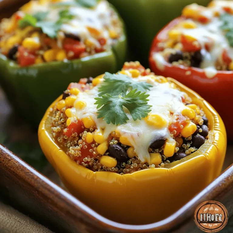 - 4 large bell peppers (any color) - 1 cup quinoa, rinsed - 2 cups vegetable broth - 1 can (15 oz) black beans, drained and rinsed - 1 cup corn kernels (fresh or frozen) - 1 cup diced tomatoes (canned or fresh) - 1 tsp cumin - 1 tsp smoked paprika - 1/2 tsp chili powder - Salt and pepper to taste - 1 cup shredded cheese (cheddar or Monterey Jack, optional) - Fresh cilantro or parsley for garnish You can change this dish to suit your taste. Here are some fun ideas: - Add cooked ground meat like turkey or beef for extra protein. - Include chopped onions or garlic for a savory kick. - Toss in some spinach or kale for added greens. - Swap black beans with kidney beans or lentils for a different flavor. This dish is not just tasty; it's healthy too. Here’s a quick look at what you get: - High in protein from quinoa and beans. - Packed with fiber from peppers and beans, aiding digestion. - Rich in vitamins and minerals from fresh vegetables. - A great source of antioxidants, especially from tomatoes. For a full recipe, check out the Full Recipe. This gives you a chance to enjoy a colorful and tasty meal that is good for you! First, rinse one cup of quinoa under cold water. This step removes any bitter taste. In a medium pot, combine the rinsed quinoa with two cups of vegetable broth. Bring this to a boil over high heat. Once it boils, lower the heat to a simmer and cover the pot. Cook for about 15 minutes. After 15 minutes, check if the quinoa has absorbed all the liquid. If it has, remove it from heat and fluff it with a fork. This creates a light and airy texture. Next, choose four large bell peppers in any color you like. Slice the tops off each pepper. Be careful not to cut too deep. Remove the seeds and membranes inside. This ensures the filling fits well. Stand the peppers upright in a baking dish. This makes it easy to fill them later. In a large mixing bowl, combine the cooked quinoa, black beans, corn, and diced tomatoes. Add cumin, smoked paprika, chili powder, and salt and pepper to taste. Mix all these ingredients well until they are evenly distributed. Take a spoon and fill each bell pepper with the quinoa mixture. Pack it down gently to fit more filling. If you want to add cheese, sprinkle it on top of each pepper. Now it's time to bake! Preheat the oven to 375°F (190°C). Cover the baking dish with aluminum foil. Place it in the oven and bake for 25 to 30 minutes. This helps the peppers become tender. After the time is up, remove the foil. If you used cheese, bake for another 10 minutes. This lets the cheese melt and become golden. Once they are tender and the cheese is bubbly, take them out. Let them cool for a few minutes. Garnish with fresh cilantro or parsley for a pop of color. Enjoy your savory quinoa stuffed peppers! To cook quinoa well, rinse it first. This step removes any bitter taste. Use a ratio of 1 cup quinoa to 2 cups vegetable broth for flavor. Bring the broth to a boil and add the rinsed quinoa. Reduce the heat and cover the pot. Cook for about 15 minutes or until the liquid is gone. Fluff the quinoa with a fork after cooking. This makes it light and fluffy, perfect for stuffing your peppers. Select large bell peppers for this recipe. They hold the filling well and look great. Choose any color you like: red, yellow, green, or orange. Check for firmness and avoid any with soft spots. Fresh peppers taste better and add color to your dish. Slice the tops off carefully to create a bowl for the filling. Remove all seeds and white membranes to make room for the tasty quinoa mixture. To boost the flavor of your quinoa stuffing, use spices. Cumin and smoked paprika add warmth and depth. A little chili powder gives a gentle kick. Taste your mixture before stuffing the peppers. Adjust salt and pepper as needed. For a cheesy touch, sprinkle shredded cheese on top before baking. Fresh herbs like cilantro or parsley brighten the dish and add freshness. You can find more details in the Full Recipe. {{image_2}} You can swap quinoa with other grains. Brown rice works well. It adds a nice texture. You can also use bulgur or farro for a chewy bite. If you want something lighter, try cauliflower rice. It gives a fresh taste and fewer carbs. Adding protein can make your dish heartier. Ground turkey or beef adds a savory flavor. Cook it before mixing with the quinoa. You can also use shredded chicken for a tasty twist. If you prefer plant-based options, try crumbled tofu or tempeh. They soak up flavors and are very filling. Adjust the spice level to suit your taste. For a mild dish, stick to basic spices. Avoid chili powder or add only a pinch. For a spicy kick, add jalapeños or cayenne pepper. You can also use hot sauce in the filling. Experiment with herbs like cilantro or parsley for fresh taste. These changes keep your stuffed peppers exciting. For the complete recipe, check the Full Recipe section. To store leftover stuffed peppers, let them cool to room temperature. Place them in an airtight container. You can keep them in the fridge for up to three days. Make sure to separate layers with parchment paper. This keeps them from sticking together. You can freeze stuffed peppers for later use. Wrap each pepper in plastic wrap. Then, place them in a freezer-safe bag. Label the bag with the date. They can stay frozen for up to three months. To thaw, move them to the fridge overnight. This will help them stay moist. To reheat your stuffed peppers, preheat the oven to 350°F (175°C). Place the peppers in a baking dish. Cover them with foil to keep moisture in. Heat for about 20 minutes or until they are hot. You can also microwave them. Heat on high for 2-3 minutes. This works well if you're short on time. For the best flavor, avoid reheating more than once. For the full recipe, check out Savory Quinoa Stuffed Peppers. Yes, you can make savory quinoa stuffed peppers ahead of time. Prepare the peppers and fill them with the quinoa mix. Cover them and store in the fridge for up to two days. When ready to eat, bake them as per the instructions. This makes meal prep easy and fast. Yes, quinoa stuffed peppers are gluten-free. Quinoa is a grain that does not contain gluten. This dish is safe for those with gluten intolerance. Just ensure any added ingredients, like canned beans or cheese, are also gluten-free. You can enjoy this meal without worry. Some great toppings for stuffed peppers include: - Shredded cheese (like cheddar or Monterey Jack) - Sour cream or Greek yogurt - Fresh herbs (like cilantro or parsley) - Avocado slices - Sliced jalapeños for spice These toppings add flavor and make the dish more fun. To know when the peppers are done cooking, check their tenderness. They should be soft but still hold their shape. If you poke a fork into them, it should go in easily. If you used cheese, it should be melted and slightly browned. Enjoy the lovely colors and flavors! Savory quinoa stuffed peppers are a tasty and healthy meal choice. We discussed key ingredients, preparation steps, and tips to make them perfect. You can easily customize them with various proteins and flavors. Storing leftovers is simple, ensuring you can enjoy them later. In conclusion, these peppers are fun to make and are packed with nutrients. They bring joy to your table and can fit many diets. Give them a try; they might become a favorite!
