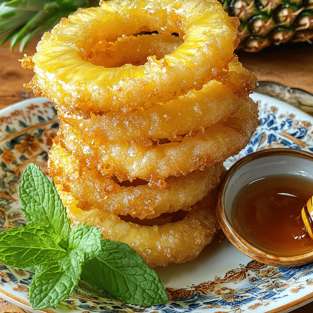 Fried pineapple rings are a delicious treat. They are crispy on the outside and sweet on the inside. This recipe is simple and fun to make. You can serve them as a snack or dessert. Here’s what you need for the fried pineapple rings: - 1 ripe pineapple, peeled and cut into 1-inch thick rings - 1 cup all-purpose flour - 1 teaspoon baking powder - 1 tablespoon sugar - 1/2 teaspoon cinnamon - 1/4 teaspoon salt - 1 cup coconut milk (or regular milk) - 1/2 cup shredded coconut (optional, for added texture) - 1/2 cup vegetable oil (for frying) - Honey or maple syrup (for drizzling) You can switch some ingredients for new flavors. For example, use almond milk instead of coconut milk for a nutty taste. You can add more spices, like nutmeg or ginger, for a warm flavor. If you like crunch, try adding crushed nuts to the batter. Start with a ripe pineapple. Peel it and cut it into 1-inch thick rings. Remove the core using a cookie cutter or a knife. This step is key for a tender bite. Use paper towels to pat the rings dry. This helps the batter stick better. In a mixing bowl, whisk together the dry ingredients. Combine 1 cup of flour, 1 teaspoon of baking powder, 1 tablespoon of sugar, 1/2 teaspoon of cinnamon, and 1/4 teaspoon of salt. Mix them well. Slowly add 1 cup of coconut milk to the dry mix. Stir until the batter is smooth. If you want extra texture, fold in 1/2 cup of shredded coconut. Heat 1/2 cup of vegetable oil in a large frying pan over medium heat. To check if the oil is hot enough, drop a small amount of batter in. If it sizzles, you’re ready! Dip each pineapple ring into the batter, covering it fully. Carefully place the ring into the hot oil. Fry each side for 2-3 minutes until it's golden brown and crispy. Once done, transfer the rings to a plate lined with paper towels. This absorbs any extra oil. Serve the fried pineapple rings warm. Drizzle honey or maple syrup on top for a sweet finish. For the complete recipe and more tips, check out the Full Recipe. Frying pineapples can be fun and tasty. Here are some tips to get it right: - Use fresh pineapple: Fresh fruit gives the best taste. - Dry the rings: Pat the pineapple rings dry. This helps the batter stick well. - Heat the oil: Make sure the oil is hot enough. Test it with a drop of batter. - Don’t crowd the pan: Fry a few rings at a time. This keeps them crispy. - Keep an eye on them: Fry for 2-3 minutes per side. Watch for a golden color. Adding flavors can make your fried pineapple rings sparkle: - Cinnamon: This spice adds warmth. Mix it into the batter or sprinkle on top. - Coconut: Shredded coconut gives a tropical twist. Fold it into the batter for added texture. - Sugar: A dash of sugar in the batter makes the rings sweeter. - Salt: A pinch of salt balances the sweetness. Make your fried pineapple rings look as good as they taste: - Stack them high: Arrange the rings on a colorful plate. - Add fresh mint: Garnish with mint leaves for a bright touch. - Drizzle with syrup: Serve honey or maple syrup in a small bowl. Let guests drizzle it on top. - Serve warm: Fried pineapple rings taste best right after cooking. {{image_2}} You can change the coating of your fried pineapple rings for fun. Panko breadcrumbs give a great crunch. They are light and airy, adding a fun texture. You can dip the rings in the batter, then coat them in panko before frying. For a lighter option, try tempura batter. It uses less flour and gives a crispy finish. You can also mix in some shredded coconut for a tropical twist. Want to spice things up? Add some chili powder or cayenne to the batter. This gives a sweet and spicy kick. You could also try adding vanilla or almond extract to the batter. It makes the rings taste more like dessert. For a savory twist, sprinkle some garlic powder or herbs in the mix. These flavors pair well with grilled meats. Fried pineapple rings are great on their own, but you can serve them in many ways. They make a great dessert when drizzled with honey or maple syrup. You can also add a scoop of vanilla ice cream on top. For a fun snack, serve them with yogurt or whipped cream. They also work well as a side dish for grilled chicken or fish. Try stacking them with other fruits for a colorful fruit salad. You can find the full recipe for these delicious fried pineapple rings to explore all these variations. To store leftover fried pineapple rings, let them cool completely. Place them in an airtight container. Keep the container in the fridge. They will last for about 2 to 3 days. Make sure to separate layers with parchment paper. This helps to avoid sticking. When you're ready to enjoy them again, use the oven to reheat. Preheat your oven to 350°F (175°C). Place the pineapple rings on a baking sheet. Bake for about 10 minutes. This method helps to keep them crispy. You can also use an air fryer for about 5 minutes at 350°F. This will add crunch back to your fried treats. If you want to save them for later, freezing works too! First, cool the rings completely. Then, arrange them in a single layer on a baking sheet. Freeze them for about 2 hours. Once frozen, transfer them to a freezer-safe bag. They can stay in the freezer for up to a month. When you're ready to eat, just reheat directly from the freezer. Enjoy your sweet treat anytime! You can use both fresh and canned pineapple. Fresh pineapple offers a crisp bite. It also has a bright, natural flavor. Canned pineapple is softer and sweeter, making it easy to use. Just make sure to drain the canned fruit well. If you choose fresh, pick ripe pineapples for the best taste. Fried pineapple rings are a tasty treat but do contain calories. One serving has about 200 calories. They also have sugar from the pineapple and added sugar from the batter. Pineapples provide vitamin C and manganese, but frying adds fat. For a healthier option, consider baking instead of frying. To make this recipe gluten-free, swap the all-purpose flour for a gluten-free blend. Many blends work well for frying. Just ensure your baking powder is also gluten-free. This way, you still enjoy crispy pineapple rings without gluten. This blog post covered how to make delicious fried pineapple rings. We explored the best ingredients and provided a full recipe overview. You learned about preparation, frying tips, and how to make them taste great. We also discussed tasty variations and storage options. Fried pineapple rings can be a fun treat for any meal. Experiment with flavors and enjoy this unique dish!