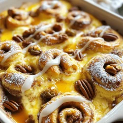 For the base of this cinnamon roll casserole, you need: - 2 cans of refrigerated cinnamon rolls (about 8 rolls each) - 4 large eggs - 1 cup milk These main ingredients create the soft, fluffy texture that makes this dish so special. To boost the taste, add: - 1 teaspoon vanilla extract - 1 teaspoon ground cinnamon These flavor enhancers bring warmth and sweetness. The vanilla pairs perfectly with cinnamon, making each bite delightful. You can personalize your casserole with these optional ingredients: - ½ cup chopped pecans - ½ cup raisins Pecans add a nice crunch, while raisins give a chewy sweetness. Feel free to mix and match add-ins to fit your taste. For the full recipe, check out the details above. This dish is sure to impress! First, preheat your oven to 375°F (190°C). This step is key for even baking. While the oven warms up, grease a 9x13 inch baking dish with cooking spray or butter. This helps the casserole not to stick. Next, open the cans of refrigerated cinnamon rolls. Set aside the icing packets for later. Cut each cinnamon roll into quarters. Place the pieces evenly in the greased baking dish. Make sure they fit snugly, so they all bake well. In a mixing bowl, whisk together 4 large eggs, 1 cup milk, 1 teaspoon vanilla extract, and 1 teaspoon ground cinnamon. Mix until smooth and well combined. This egg mixture gives the casserole its creamy texture. If you want to add a little crunch, sprinkle chopped pecans or raisins over the cut cinnamon rolls. Pour the egg mixture evenly over the cinnamon rolls, ensuring all pieces are soaked. This step helps each bite be full of flavor. Now, drizzle 1 cup of maple syrup over the top of the dish. This adds sweetness and pairs well with the cinnamon flavor. Place the dish in the preheated oven and bake for 25 to 30 minutes. Check if the egg is set and the top is golden brown. Once baked, let the casserole cool for a few minutes. Drizzle the reserved icing from the cinnamon roll cans over the top. For a sweet finish, lightly dust with 1 tablespoon of powdered sugar. Enjoy your delightful cinnamon roll casserole! For the full recipe, check the earlier section. To prevent sticking, always grease your baking dish well. Use cooking spray or butter. This step keeps your cinnamon roll casserole from clinging to the dish. Ensure even baking by spreading the cinnamon rolls in a single layer. Cut them into quarters for better soaking. This helps the rolls absorb the egg mixture fully. Want to spice things up? Increase the ground cinnamon to your liking. You can also add nutmeg or allspice for a bold flavor. Mix and match add-ins like chocolate chips or dried fruit. Try swapping pecans for walnuts or almonds. These choices can change the taste and texture. For creative serving, cut the casserole into squares and place on plates. Serve with fresh fruit or a drizzle of syrup. Garnish with powdered sugar or a sprinkle of cinnamon. This adds a nice touch and makes your dish look special. {{image_2}} You can easily change up the flavor of your cinnamon roll casserole. One great way is by adding chocolate chips. These sweet morsels melt into the dish and bring a rich taste that pairs well with cinnamon. Another option is to use different nuts. Try walnuts or almonds instead of pecans. Each nut adds a unique crunch and flavor to your casserole. If you want a healthier version, consider low-carb or gluten-free options. Use almond flour or coconut flour instead of regular flour to keep it light. You can also try dairy-free substitutions. Almond milk or coconut milk works well in place of regular milk. This way, you can enjoy the dish without dairy if you need to. Seasonal twists keep this dish exciting all year round. In the fall, a pumpkin spice version is perfect. Just add pumpkin puree and pumpkin spice to the egg mixture for a cozy taste. For summer, add fruity additions like blueberries or strawberries. These fresh fruits brighten the dish and add a burst of flavor. For the full recipe, you can refer to the section above! To keep your cinnamon roll casserole fresh, store it in the refrigerator. Place the leftover casserole in an airtight container. You can also cover it tightly with plastic wrap or aluminum foil. This keeps moisture in and prevents it from drying out. For long-term storage, freezing is great. Cut the casserole into portions and wrap each piece in plastic wrap. Then, place them in a freezer-safe bag. This way, you can enjoy it later. To reheat your casserole, the oven is best. Preheat it to 350°F (175°C). Place the casserole in an oven-safe dish and cover it with foil. Heat for about 15-20 minutes or until warm. This method keeps it soft and tasty. If you're in a hurry, you can use a microwave. Just heat individual portions for about 30 seconds. Be careful not to overheat. This can make it soggy. In the fridge, your cinnamon roll casserole lasts about 3-4 days. After that, the taste and texture can change. Always check for signs of spoilage. If it looks dry or has an off smell, it’s best to throw it out. Trust your senses! Keeping an eye on your leftovers helps you enjoy them at their best. Can I prepare the casserole ahead of time? Yes, you can prepare the casserole the night before. Just mix the cinnamon rolls and egg mixture as directed. Cover it with plastic wrap and store it in the fridge. When you're ready, bake it in the morning. This makes breakfast easy and fun! What can I use instead of eggs? You can use flaxseed meal or applesauce as egg substitutes. For each egg, mix 1 tablespoon of flaxseed meal with 2.5 tablespoons of water. Let it sit for a few minutes to thicken. Alternatively, use 1/4 cup of applesauce for each egg. This keeps your dish moist and tasty. What if the center isn't cooked but the top is brown? If the top is brown but the center is not cooked, cover the dish with foil. This prevents further browning. Then, bake it for an extra 5 to 10 minutes. Check with a toothpick in the center. It should come out clean when done. Can I adjust the cooking time for a smaller dish? Yes, you can adjust the cooking time if your dish is smaller. Start checking for doneness 5 to 10 minutes earlier. A smaller dish cooks faster, so keep an eye on it to avoid overcooking. What goes well with cinnamon roll casserole? Cinnamon roll casserole pairs well with fresh fruit. Berries, bananas, or sliced apples add a nice touch. You can also serve it with a side of crispy bacon or sausage. This adds a savory balance to the sweet dish. How to make it more indulgent? To make it more indulgent, add chocolate chips or more maple syrup. You can also top it with whipped cream or nuts. These additions boost flavor and create a special treat for your breakfast table. For the full recipe, check the recipe section. This blog post outlines how to make a delicious cinnamon roll casserole. We covered the main ingredients, flavor enhancers, and optional add-ins. I also shared step-by-step instructions, baking tips, and variations to match your taste. You can customize this dish for any season, ensuring it fits your style. Remember to store leftovers properly and reheat them for the best flavor. With the right care and creativity, your casserole will impress everyone. Enjoy making and sharing this tasty treat!