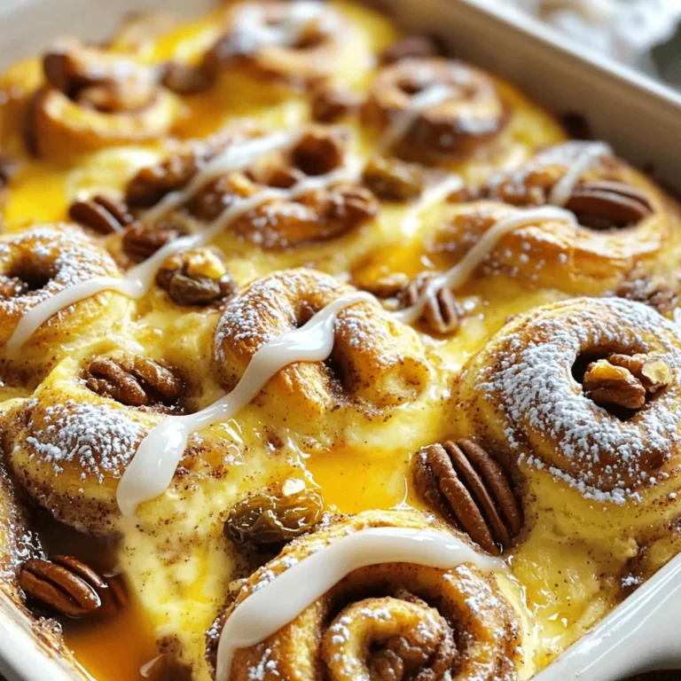 For the base of this cinnamon roll casserole, you need: - 2 cans of refrigerated cinnamon rolls (about 8 rolls each) - 4 large eggs - 1 cup milk These main ingredients create the soft, fluffy texture that makes this dish so special. To boost the taste, add: - 1 teaspoon vanilla extract - 1 teaspoon ground cinnamon These flavor enhancers bring warmth and sweetness. The vanilla pairs perfectly with cinnamon, making each bite delightful. You can personalize your casserole with these optional ingredients: - ½ cup chopped pecans - ½ cup raisins Pecans add a nice crunch, while raisins give a chewy sweetness. Feel free to mix and match add-ins to fit your taste. For the full recipe, check out the details above. This dish is sure to impress! First, preheat your oven to 375°F (190°C). This step is key for even baking. While the oven warms up, grease a 9x13 inch baking dish with cooking spray or butter. This helps the casserole not to stick. Next, open the cans of refrigerated cinnamon rolls. Set aside the icing packets for later. Cut each cinnamon roll into quarters. Place the pieces evenly in the greased baking dish. Make sure they fit snugly, so they all bake well. In a mixing bowl, whisk together 4 large eggs, 1 cup milk, 1 teaspoon vanilla extract, and 1 teaspoon ground cinnamon. Mix until smooth and well combined. This egg mixture gives the casserole its creamy texture. If you want to add a little crunch, sprinkle chopped pecans or raisins over the cut cinnamon rolls. Pour the egg mixture evenly over the cinnamon rolls, ensuring all pieces are soaked. This step helps each bite be full of flavor. Now, drizzle 1 cup of maple syrup over the top of the dish. This adds sweetness and pairs well with the cinnamon flavor. Place the dish in the preheated oven and bake for 25 to 30 minutes. Check if the egg is set and the top is golden brown. Once baked, let the casserole cool for a few minutes. Drizzle the reserved icing from the cinnamon roll cans over the top. For a sweet finish, lightly dust with 1 tablespoon of powdered sugar. Enjoy your delightful cinnamon roll casserole! For the full recipe, check the earlier section. To prevent sticking, always grease your baking dish well. Use cooking spray or butter. This step keeps your cinnamon roll casserole from clinging to the dish. Ensure even baking by spreading the cinnamon rolls in a single layer. Cut them into quarters for better soaking. This helps the rolls absorb the egg mixture fully. Want to spice things up? Increase the ground cinnamon to your liking. You can also add nutmeg or allspice for a bold flavor. Mix and match add-ins like chocolate chips or dried fruit. Try swapping pecans for walnuts or almonds. These choices can change the taste and texture. For creative serving, cut the casserole into squares and place on plates. Serve with fresh fruit or a drizzle of syrup. Garnish with powdered sugar or a sprinkle of cinnamon. This adds a nice touch and makes your dish look special. {{image_2}} You can easily change up the flavor of your cinnamon roll casserole. One great way is by adding chocolate chips. These sweet morsels melt into the dish and bring a rich taste that pairs well with cinnamon. Another option is to use different nuts. Try walnuts or almonds instead of pecans. Each nut adds a unique crunch and flavor to your casserole. If you want a healthier version, consider low-carb or gluten-free options. Use almond flour or coconut flour instead of regular flour to keep it light. You can also try dairy-free substitutions. Almond milk or coconut milk works well in place of regular milk. This way, you can enjoy the dish without dairy if you need to. Seasonal twists keep this dish exciting all year round. In the fall, a pumpkin spice version is perfect. Just add pumpkin puree and pumpkin spice to the egg mixture for a cozy taste. For summer, add fruity additions like blueberries or strawberries. These fresh fruits brighten the dish and add a burst of flavor. For the full recipe, you can refer to the section above! To keep your cinnamon roll casserole fresh, store it in the refrigerator. Place the leftover casserole in an airtight container. You can also cover it tightly with plastic wrap or aluminum foil. This keeps moisture in and prevents it from drying out. For long-term storage, freezing is great. Cut the casserole into portions and wrap each piece in plastic wrap. Then, place them in a freezer-safe bag. This way, you can enjoy it later. To reheat your casserole, the oven is best. Preheat it to 350°F (175°C). Place the casserole in an oven-safe dish and cover it with foil. Heat for about 15-20 minutes or until warm. This method keeps it soft and tasty. If you're in a hurry, you can use a microwave. Just heat individual portions for about 30 seconds. Be careful not to overheat. This can make it soggy. In the fridge, your cinnamon roll casserole lasts about 3-4 days. After that, the taste and texture can change. Always check for signs of spoilage. If it looks dry or has an off smell, it’s best to throw it out. Trust your senses! Keeping an eye on your leftovers helps you enjoy them at their best. Can I prepare the casserole ahead of time? Yes, you can prepare the casserole the night before. Just mix the cinnamon rolls and egg mixture as directed. Cover it with plastic wrap and store it in the fridge. When you're ready, bake it in the morning. This makes breakfast easy and fun! What can I use instead of eggs? You can use flaxseed meal or applesauce as egg substitutes. For each egg, mix 1 tablespoon of flaxseed meal with 2.5 tablespoons of water. Let it sit for a few minutes to thicken. Alternatively, use 1/4 cup of applesauce for each egg. This keeps your dish moist and tasty. What if the center isn't cooked but the top is brown? If the top is brown but the center is not cooked, cover the dish with foil. This prevents further browning. Then, bake it for an extra 5 to 10 minutes. Check with a toothpick in the center. It should come out clean when done. Can I adjust the cooking time for a smaller dish? Yes, you can adjust the cooking time if your dish is smaller. Start checking for doneness 5 to 10 minutes earlier. A smaller dish cooks faster, so keep an eye on it to avoid overcooking. What goes well with cinnamon roll casserole? Cinnamon roll casserole pairs well with fresh fruit. Berries, bananas, or sliced apples add a nice touch. You can also serve it with a side of crispy bacon or sausage. This adds a savory balance to the sweet dish. How to make it more indulgent? To make it more indulgent, add chocolate chips or more maple syrup. You can also top it with whipped cream or nuts. These additions boost flavor and create a special treat for your breakfast table. For the full recipe, check the recipe section. This blog post outlines how to make a delicious cinnamon roll casserole. We covered the main ingredients, flavor enhancers, and optional add-ins. I also shared step-by-step instructions, baking tips, and variations to match your taste. You can customize this dish for any season, ensuring it fits your style. Remember to store leftovers properly and reheat them for the best flavor. With the right care and creativity, your casserole will impress everyone. Enjoy making and sharing this tasty treat!