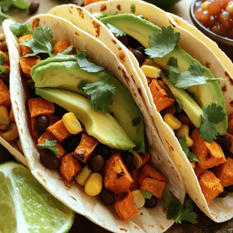 - Sweet potatoes - Black beans - Spices and seasonings - Fresh toppings - Tortillas To make savory sweet potato black bean tacos, gather these simple ingredients. Start with two medium sweet potatoes. Peel and dice them for easy cooking. Next, use one can of black beans. Rinse and drain them well. For flavor, you need olive oil and spices. Use one tablespoon of olive oil. Add one teaspoon of smoked paprika, ground cumin, and garlic powder. Don't forget salt and pepper to taste. Fresh toppings bring your tacos to life. I love using one ripe avocado, sliced. Add one cup of fresh corn, either frozen or canned. For a burst of color and flavor, chop a quarter cup of fresh cilantro. Finally, squeeze the juice of one lime over your filling. You will also need eight small corn or flour tortillas. Feel free to add optional toppings like diced red onion, salsa, or Greek yogurt. This combination of ingredients makes each taco a delight. For the full recipe, check out the detailed instructions. 1. Preheat the oven. Start by setting your oven to 425°F (220°C). This high heat helps the sweet potatoes caramelize well. 2. Toss sweet potatoes. In a large bowl, mix the diced sweet potatoes with olive oil, smoked paprika, cumin, garlic powder, salt, and pepper. Make sure every piece is coated. 3. Roast sweet potatoes. Spread the seasoned sweet potatoes on a baking sheet. Roast them for about 25-30 minutes. Stir them halfway through to cook evenly. They should be tender and slightly caramelized when done. 1. Heat the corn and black bean mixture. While the sweet potatoes roast, take a small skillet. Heat the corn over medium heat until warm. Then, add the rinsed black beans to the skillet. 2. Add lime juice. Squeeze in the lime juice and stir everything together. Cook for another 3-5 minutes. This mixture adds a fresh taste to your tacos. 1. Warm tortillas. Take your corn or flour tortillas and warm them in a dry skillet. You can also heat them directly over a flame for a few seconds on each side. This makes them soft and easy to fill. 2. Fill and top tacos. Grab a warm tortilla and fill it with a scoop of roasted sweet potatoes. Add the black bean and corn mixture on top. Don’t forget to add sliced avocado and chopped cilantro for extra flavor. Make sure to check out the Full Recipe for more details! To roast sweet potatoes well, start by cutting them into equal pieces. This helps them cook evenly. Toss the diced sweet potatoes with olive oil and spices before roasting. I recommend preheating your oven to 425°F (220°C). Spread them out on a baking sheet. Roast for 25-30 minutes, turning them halfway. This gives them a nice caramelized flavor. Warming tortillas is simple but key. Use a dry skillet over medium heat. Place one tortilla in the skillet for 30 seconds. Flip it over and heat for another 30 seconds. You can also warm them directly over a stove flame. Just be careful to avoid burning! For a great presentation, serve your tacos on a colorful platter. Add lime wedges for a pop of color. A side of salsa adds a nice touch, too. You can also sprinkle some chopped cilantro on top for extra flair. As for complementary side dishes, consider a fresh salad or some Mexican rice. These sides balance the flavors of the tacos nicely. These tacos are vegan and gluten-free. Use corn tortillas to keep them gluten-free. You can also substitute black beans with other legumes if you like. If you want more protein, try adding some grilled chicken or tofu. Both options work well and add a nice texture. For the full recipe, check out the Sweet Potato Bliss Tacos. {{image_2}} You can switch sweet potatoes for other veggies. Try butternut squash or pumpkin. Both add sweetness and texture. If you want to use different beans, chickpeas or kidney beans work well. They bring a nice flavor and protein boost. Want a kick? Add jalapeños or hot sauce for spice. You can also mix in smoked chipotle for a deeper flavor. For herbs, try fresh oregano or thyme. These herbs brighten the dish and add freshness. Transform your tacos with international flavors. For a Mexican twist, add queso fresco or pickled onions. If you want an Indian flair, mix in curry powder and top with yogurt. Each twist gives a new taste to the same recipe. For the full recipe, check out the Sweet Potato Bliss Tacos section above. To keep your sweet potato black bean tacos fresh, follow some simple steps. First, store the tacos in an airtight container. This helps keep out air and moisture. You can also separate the filling and tortillas. This way, the tortillas stay soft and don’t get soggy. - Use glass or plastic containers with tight lids. - Keep the tacos in the fridge for up to three days. Reheating these tacos is easy and quick. You can use an oven or a skillet for the best results. If using an oven, preheat it to 350°F (175°C). Place the tacos on a baking sheet and heat for about 10 minutes. If you prefer a skillet, heat it over medium flame. Add the tacos and cover with a lid. Heat for 3-5 minutes, flipping halfway. This will help keep the tortillas warm and the filling soft. Planning ahead makes meals easy and fun. You can prepare the sweet potato filling in advance. Store it in the fridge for up to five days. If you want to freeze it, let the filling cool first. Then, place it in a freezer-safe bag. Make sure to remove as much air as possible. You can freeze the filling for up to three months. When you're ready to eat, just thaw the filling overnight in the fridge. Heat it up and enjoy! You can use butternut squash or pumpkin. Both work well in tacos. They have a similar texture and sweetness. You can also try parsnips for a different flavor. Add chopped jalapeños or a pinch of cayenne pepper to the sweet potatoes. You can also drizzle hot sauce over the tacos before serving. Fresh cilantro and lime juice add a nice kick too. Yes, you can prepare the filling ahead of time. Store it in the fridge for up to three days. Reheat the filling in a pan over medium heat before serving. Warm the tortillas right before assembling. Serve these tacos with a fresh salad or Mexican rice. You can also add some roasted vegetables or guacamole on the side. These pair well and add color to your meal. For the full recipe, check the section above. Sweet Potato Black Bean Tacos are simple and tasty. We covered the key ingredients and steps to make them. You can roast sweet potatoes, mix them with black beans, and fill warm tortillas. There are many ways to mix it up, from the spices used to vegan options. Enjoy leftovers by storing them right, so they stay fresh. These tacos are easy to make and adapt. I hope you try this recipe and enjoy every bite!