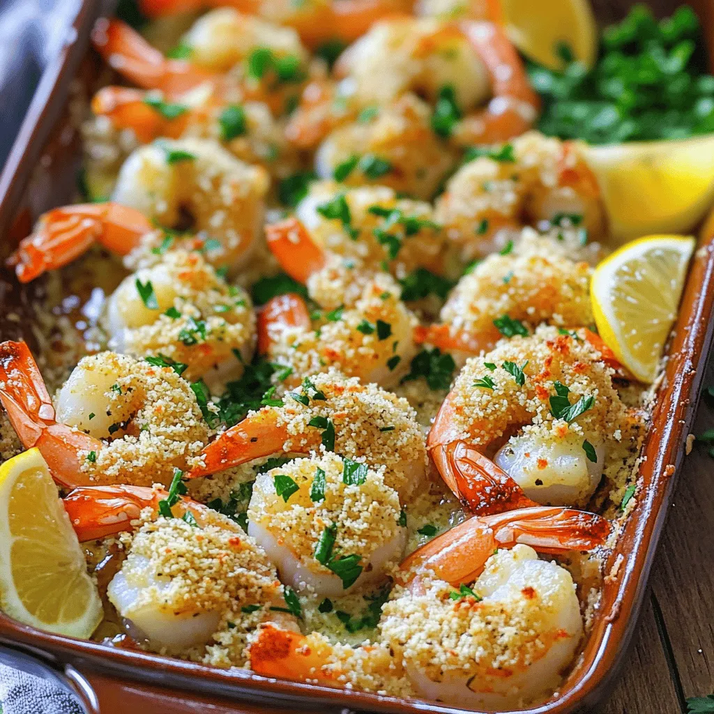 To make Garlic Parmesan Baked Shrimp, you need the following: - 1 lb large shrimp, peeled and deveined - 3 tablespoons olive oil - 4 cloves garlic, minced - 1 teaspoon paprika - 1/2 teaspoon red pepper flakes (optional) - 1/2 cup grated Parmesan cheese - 1/4 cup breadcrumbs (panko recommended for extra crunch) - 2 tablespoons fresh parsley, chopped - Juice of 1 lemon - Salt and pepper to taste This list gives you a great start. Each ingredient plays a key role in the dish's flavor. Fresh shrimp often tastes sweeter and has a firmer texture. It also cooks more evenly. However, frozen shrimp can be just as good. They are often frozen quickly, which locks in flavor. If you choose frozen, try to buy shrimp that has been flash-frozen. Check the label to see if they were frozen right after catch. This helps maintain freshness. You can swap some ingredients for variety: - Use lemon zest instead of lemon juice for a stronger lemon flavor. - Try other cheeses like feta or mozzarella if you want a twist on the classic. - Instead of breadcrumbs, crush some crackers for a different crunch. - For a zesty kick, add lime juice instead of lemon juice. These swaps allow you to customize the dish to your taste. Feel free to experiment! First, gather all your ingredients to make this dish. This helps keep things neat. Here’s what you need: - 1 lb large shrimp, peeled and deveined - 3 tablespoons olive oil - 4 cloves garlic, minced - 1 teaspoon paprika - 1/2 teaspoon red pepper flakes (optional) - 1/2 cup grated Parmesan cheese - 1/4 cup breadcrumbs (panko recommended for extra crunch) - 2 tablespoons fresh parsley, chopped - Juice of 1 lemon - Salt and pepper to taste Make sure your shrimp are thawed if you use frozen ones. This step is key to even cooking. Next, it's time to marinate your shrimp. In a large bowl, mix the olive oil, minced garlic, paprika, salt, and pepper. If you like some heat, add red pepper flakes. Mix until everything is well combined. Now, add the shrimp. Toss them well in the marinade. This step allows the shrimp to soak up all the great flavors. Let them sit for about 15 to 20 minutes. This wait makes a big difference! Now we’re ready to bake! Preheat your oven to 400°F (200°C). While it heats, prepare a baking dish by lightly greasing it with oil. In another bowl, combine the grated Parmesan cheese, breadcrumbs, and chopped parsley. This mixture will top the shrimp. Place the marinated shrimp in a single layer in the baking dish. Squeeze the lemon juice over them for extra zest. Now, sprinkle your cheese and breadcrumb mix on top of the shrimp. Bake in the oven for 12 to 15 minutes. You’ll know they’re done when the shrimp turn pink and opaque, and the topping is golden brown and crispy. Once baked, take them out and let them rest for a few minutes. For a pretty touch, garnish with fresh parsley and lemon wedges. For the full recipe, check the section above. Enjoy your Garlic Parmesan Baked Shrimp! To make your Garlic Parmesan Baked Shrimp tasty, focus on fresh ingredients. Use large shrimp for the best texture. When you marinate the shrimp, let them soak for at least 15-20 minutes. This step helps the flavors meld. Don't rush this part; good flavor takes time. Use a mix of olive oil, garlic, and spices for the marinade. The garlic adds a nice depth while the paprika brings in warmth. For that perfect crunch, use panko breadcrumbs. They are lighter and crispier than regular breadcrumbs. Mix them with grated Parmesan cheese for a great topping. When you spread the mixture over the shrimp, make sure to cover them well. This ensures every bite has a satisfying crunch. Bake the shrimp at 400°F (200°C) to get that golden-brown look. Keep an eye on them; you want the topping crispy but not burnt. One common mistake is overcooking the shrimp. They cook quickly, so check them at 12 minutes. Shrimp should be pink and opaque when done. Another mistake is not using enough seasoning. Don’t skip the salt and pepper in the marinade. It brings out the flavors. Lastly, avoid overcrowding the baking dish. Give shrimp space to cook evenly. Cooking them in a single layer ensures they bake just right. For more detailed steps, check out the Full Recipe. {{image_2}} You can make this dish even better by adding vegetables. Vegetables boost flavor and healthy nutrients. Try adding bell peppers, zucchini, or cherry tomatoes. Chop them into bite-sized pieces. Toss them with the shrimp in the marinade. They will roast nicely in the oven. You can also add spinach right before serving for extra color and taste. While Parmesan is great, you can try other cheeses too. Mozzarella melts well, giving a gooey texture. Feta adds a salty kick and a different flavor. Cheddar can bring a sharp taste that pairs well with shrimp. Feel free to mix and match cheeses for a unique topping. Just remember to keep your cheese choices fresh and high quality for the best taste. If you like heat, add more spice to your shrimp. Increase red pepper flakes in the marinade to make it hotter. You can also add sliced jalapeños for extra kick. Another option is to mix in a bit of hot sauce with the marinade. Just a dash can change the whole dish! Experiment with spiciness to find the right balance for your taste buds. For the full recipe, check the original section above. To keep your Garlic Parmesan Baked Shrimp fresh, store it in the fridge. Use an airtight container. Make sure to cool the shrimp down first. Leftovers can stay good for up to three days. If you want to keep them longer, freezing is a great option. When you are ready to eat the leftovers, reheat them gently. Preheat your oven to 350°F (175°C). Place the shrimp on a baking sheet. Cover them with foil to keep them moist. Heat for about 10 minutes. You can also use the microwave, but be careful. Heat in short bursts to avoid overcooking. If you want to freeze the shrimp, do it right after cooking. Allow them to cool, then place them in a freezer-safe bag. Be sure to remove as much air as possible. The shrimp can last up to three months in the freezer. When you are ready to eat, thaw them overnight in the fridge before reheating. For the best flavor, consider following the Full Recipe again after thawing. You should bake shrimp for 12 to 15 minutes at 400°F (200°C). The shrimp will turn pink and opaque. The topping should be golden and crispy. Keep an eye on them to avoid overcooking. Overcooked shrimp can become tough and rubbery. Yes, you can use this recipe for other seafood like scallops or fish. Just adjust the baking time based on the type of seafood. For example, scallops may need only 10 to 12 minutes. Fish fillets might require a bit longer. Always check for doneness by looking for a firm texture and opaque color. Garlic Parmesan Baked Shrimp pairs well with many sides. I recommend serving it with a fresh salad or steamed vegetables. Rice or pasta can also complement the dish nicely. You can add a squeeze of lemon for a bright touch. Feel free to explore your favorites! For the full recipe, check out the complete directions. In this blog post, we explored the delicious world of Garlic Parmesan Baked Shrimp. You learned about the key ingredients and the debate between fresh and frozen shrimp. I shared step-by-step instructions for preparing, marinating, and baking the shrimp to perfection. We also covered tips for great flavor and crunchy texture, and I offered variations to suit your taste. Finally, I discussed how to store and reheat leftovers. Enjoy trying this recipe and making it your own!
