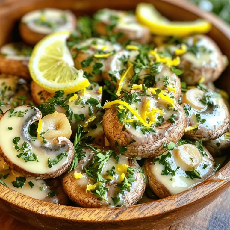 - 500g fresh button mushrooms, cleaned and halved - 4 tablespoons unsalted butter - 4 cloves garlic, minced - 2 tablespoons fresh parsley, chopped - 1 tablespoon fresh thyme, chopped - 1 tablespoon fresh oregano, chopped - Salt and pepper to taste - Zest of 1 lemon - Juiced lemon for finishing When you gather your fresh ingredients, you set the stage for magic. Start with 500g of fresh button mushrooms. Make sure they are clean and cut in half. Their earthy taste is key to this dish. Next, grab 4 tablespoons of unsalted butter. It will add richness. You also need 4 cloves of garlic, minced finely. Garlic brings aroma and depth. Herbs give life to our dish. Use 2 tablespoons of fresh parsley, chopped well. Then, add 1 tablespoon each of fresh thyme and fresh oregano. These will make the mushrooms sing. Don’t forget salt and pepper to taste. They balance the flavors perfectly. For zesty additions, you will need the zest of 1 lemon. The zest brightens the dish. Finally, have a lemon ready for juicing. A squeeze of fresh juice at the end lifts the taste further. This rich and flavorful dish comes together with these ingredients. You can find the full recipe later. Let’s get cooking! First, I melt the butter in a large skillet over medium heat. This step helps create a rich base for the dish. Next, I add the minced garlic to the skillet. I sauté it for about one minute until it smells amazing but does not brown. This fragrant garlic gives the mushrooms a wonderful taste. Once the garlic is ready, I increase the heat to medium-high. I add the halved mushrooms to the skillet. It’s important to stir gently, coating the mushrooms in the butter and garlic. I cook the mushrooms for about five to seven minutes. I stir them occasionally until they turn golden brown and become tender. This step makes them juicy and full of flavor. Now, it's time to add the herbs and seasoning. I sprinkle in the chopped parsley, thyme, and oregano. Stirring well ensures all the herbs mix with the mushrooms. Next, I season with salt and pepper to taste. The final touch is adding lemon zest and a squeeze of fresh lemon juice. This brightens up the dish and enhances the flavors. I cook for one more minute, allowing all the tastes to blend. You can find the full recipe in the earlier section. - Sautéing tips for perfect mushrooms: Start with a hot skillet. This helps keep the mushrooms juicy. Do not overcrowd the pan. If you add too many at once, they will steam instead of brown. Cook them in batches if needed. - Adjusting heat for optimal browning: Use medium-high heat for browning. This gives a nice color and flavor. If they brown too fast, lower the heat slightly. You want them golden, not burnt. - Suggested seasonings for a personalized touch: Feel free to add spices like smoked paprika or chili flakes. They add warmth and depth. Experiment with different seasonings to find your favorite mix. - Pairing additional herbs with mushrooms: You can swap or add herbs like basil or dill. These can change the flavor profile. Use what you have on hand or what you love. - Creative serving suggestions: Serve the mushrooms in a rustic wooden bowl. This adds charm to your dish. You can also plate them on a white dish for a nice contrast. - Garnishing for visual appeal: Top with fresh herbs and lemon slices. This not only looks good but adds fresh flavor. A sprinkle of coarse sea salt can make the dish pop even more. {{image_2}} You can change up the taste of herbed garlic butter mushrooms easily. Try using different types of mushrooms. For example, shiitake, cremini, or portobello mushrooms all add unique flavors. They can make your dish rich and exciting. You can also mix in other herbs and spices. Basil, tarragon, or even a pinch of red pepper flakes can spice things up. Don’t be afraid to experiment. Each swap gives you a new flavor to enjoy. If you want a dairy-free version, swap the butter for olive oil or coconut oil. These alternatives work well and keep the dish flavorful. You can still enjoy the same taste without dairy. For gluten-free options, this recipe is already safe. Just make sure any added sauces comply with gluten-free rules. Your mushrooms will still be delicious and healthy. Herbed garlic butter mushrooms pair well with many dishes. You can serve them with grilled meats like chicken or steak. They also taste great with pasta or grains like rice and quinoa. If you want to add toppings, consider grated cheese or chopped nuts. A drizzle of balsamic glaze adds a nice touch too. These ideas make the dish even more enjoyable. To see the full recipe, check out the [Full Recipe]. To store leftovers, let the mushrooms cool first. Place them in an airtight container. This helps keep them fresh. In the fridge, they last about 3 to 5 days. Always check for any signs of spoilage before eating. You can freeze cooked mushrooms for later use. Allow them to cool completely. Then, pack them in freezer bags or containers. Remove as much air as possible. When you're ready to use them, thaw overnight in the fridge. For quick thawing, use the microwave on the defrost setting. Reheating mushrooms can be tricky. To keep the flavor, use a skillet over medium heat. Add a little butter or oil to keep them moist. Stir gently until warmed through. If you need a quick option, the microwave works too. Just heat in short bursts to avoid overcooking. Can I use frozen mushrooms for this recipe? Yes, you can use frozen mushrooms. However, fresh mushrooms taste better. Frozen mushrooms may lose some texture. If using frozen, thaw and drain them first. How do I make this recipe vegan-friendly? To make this dish vegan, replace butter with plant-based margarine. Use the same amount for great flavor. You can also add nutritional yeast for a cheesy taste. What are the best mushrooms to use for optimal flavor? I recommend using fresh button mushrooms or cremini mushrooms. These mushrooms soak up flavors well and give a nice texture. Shiitake mushrooms are another great choice for a deeper taste. How can I prevent mushrooms from getting soggy? To avoid soggy mushrooms, cook them on medium-high heat. Make sure not to overcrowd the skillet. Stir them less often to allow for browning and flavor development. What is the role of lemon juice in this dish? Lemon juice brightens the flavors in the dish. It adds a fresh taste and balances the richness of the butter. The acidity helps enhance the earthy taste of the mushrooms. How can I enhance the umami flavor in the mushrooms? To boost umami, add a dash of soy sauce or tamari. You can also use mushroom broth in place of some butter. This adds depth and richness to the dish. What dishes pair well with herbed garlic butter mushrooms? These mushrooms pair well with steak, chicken, or pasta. Serve them as a side dish or atop a grain bowl. They also make a great topping for pizza or bruschetta. For the full recipe, check out the complete guide. This blog post shared a tasty way to prepare herbed garlic butter mushrooms. You learned about fresh ingredients, cooking steps, and clever tips. Remember, you can swap ingredients or adapt for dietary needs. Enjoy experimenting with flavors and presentation. Feel free to save or share your mushrooms with others. A simple dish can bring great joy and a healthy boost to your meals. Happy cooking!